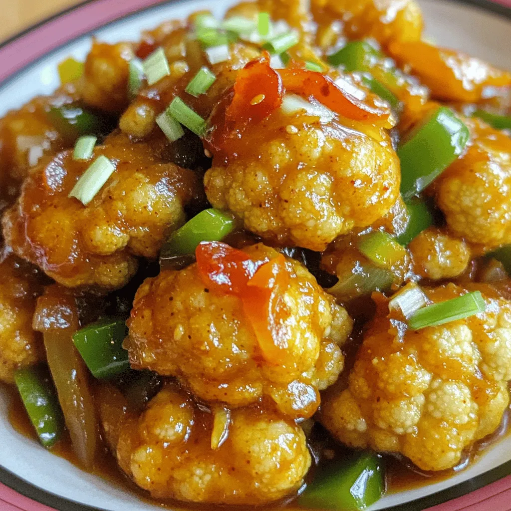 To make Gobi Manchurian, you'll need these simple ingredients: - 1 medium cauliflower, cut into florets - 1/2 cup all-purpose flour - 1/4 cup cornstarch - 1 teaspoon ginger-garlic paste - 1 teaspoon red chili powder - 1/2 teaspoon turmeric powder - 1/2 teaspoon baking powder - Salt to taste - Water as needed - Oil for frying - 1 tablespoon oil (for the sauce) - 1 small onion, finely chopped - 1 green bell pepper, diced - 1 tablespoon soy sauce - 1 tablespoon chili sauce - 1 tablespoon tomato ketchup - 2 green chilies, slit - 1 teaspoon vinegar - 2-3 spring onions, chopped (for garnish) Each ingredient plays a special part in making Gobi Manchurian tasty: - Cauliflower: This is the star of the dish. It absorbs flavors well. - All-purpose flour and cornstarch: These create a crispy coating for the cauliflower. - Ginger-garlic paste: It gives a strong, savory flavor. - Red chili powder: This adds spice and color. - Soy sauce and chili sauce: These bring umami and heat to the sauce. - Vinegar: It adds a tangy kick that balances the flavors. You might not have everything on hand. Here are some swaps: - All-purpose flour: You can use rice flour for a gluten-free option. - Cornstarch: Potato starch works well too. - Soy sauce: Try tamari or coconut aminos for a gluten-free version. - Chili sauce: Sriracha can be a good replacement for more heat. - Green bell pepper: Any bell pepper or even carrots can work nicely. For the full recipe, refer to the detailed instructions above. Enjoy making this delightful dish! Start by cutting the cauliflower into small florets. Each floret should be about the size of a golf ball. This size helps them cook evenly. Rinse the florets under cold water to remove any dirt. Then, pat them dry with a clean towel. Dry florets help the batter stick better. You can also soak them in salted water for 10 minutes to enhance the flavor. In a mixing bowl, combine these dry ingredients: all-purpose flour, cornstarch, ginger-garlic paste, red chili powder, turmeric powder, baking powder, and salt. Mix them well. Gradually add water, stirring until you get a smooth batter. The batter should coat the back of a spoon. Dip each cauliflower floret into the batter. Ensure each piece is fully covered. Heat oil in a deep pan over medium heat. Once the oil is hot, add the batter-coated florets in batches. Fry until they turn golden brown. This should take about 5-7 minutes. Use a slotted spoon to remove them and place them on paper towels. This step helps absorb excess oil. In a different pan, heat 1 tablespoon of oil over medium heat. Add the chopped onions and sauté them until they turn translucent. This takes about 2-3 minutes. Next, add the diced green bell pepper and slit green chilies. Stir-fry for another 2-3 minutes. The peppers should become slightly tender but still crunchy. In a small bowl, mix together soy sauce, chili sauce, and tomato ketchup. Pour this sauce over the cooked vegetables. Then, add the fried cauliflower and gently toss everything together. Make sure the florets are well coated in the sauce. Add vinegar and toss again for about a minute. This helps blend all the flavors. Garnish with chopped spring onions before serving. For the full recipe, visit the [Full Recipe]. Enjoy your Gobi Manchurian! To get the best texture for Gobi Manchurian, focus on the batter. A thick batter coats the florets well. Use a mix of all-purpose flour and cornstarch. This combo helps create a crispy layer. When frying, keep the oil hot but not smoking. Fry in small batches. This keeps the temperature steady and makes them crispy. Flip the florets gently to avoid breaking them. For a more flavorful dish, add spices to the batter. Try cumin or garam masala for extra warmth. After frying, toss the florets in a mix of soy sauce, chili sauce, and ketchup. This blend gives a nice sweet and spicy kick. Don’t forget to add fresh herbs. Chopped coriander or mint can brighten the dish. You can also adjust the heat by using more or fewer green chilies. A few mistakes can ruin your Gobi Manchurian. Avoid making the batter too thin. This will lead to soggy florets. Do not overcrowd the pan while frying. This can lower the oil temperature. Also, be careful with salt. Too much can overpower the flavors. Finally, serve immediately. Gobi Manchurian tastes best fresh and hot. For the full recipe, check out Gobi Manchurian Delight. {{image_2}} You can easily mix things up with Gobi Manchurian. Feel free to add other veggies. Broccoli, bell peppers, and carrots work well. These veggies add color and crunch. You can also try baby corn or mushrooms for a twist. Each vegetable gives a new taste and texture. This keeps the dish fresh and exciting every time you make it. Do you like spicy food? You can turn up the heat! Just add more red chili powder or sliced green chilies. If you prefer a mild taste, reduce the chili powder. You can also use sweet chili sauce for a gentler kick. Adjust the spice level to match your taste buds. This way, everyone can enjoy the dish, no matter their spice preference. Making Gobi Manchurian vegan or gluten-free is simple. For a vegan option, use chickpea flour instead of all-purpose flour. This keeps it plant-based without losing flavor. If you need gluten-free, cornstarch works great as a binder. You can also swap soy sauce for tamari if you avoid gluten. These changes keep the dish tasty and suitable for all diets. Explore the full recipe for more details on making this delightful dish! When you have leftovers of Gobi Manchurian, store them in an airtight container. Make sure to let them cool completely before sealing. This helps keep them crispy for later. Place the container in the fridge. They will stay fresh for about 2-3 days. If you want to keep them longer, freezing is a great option. To reheat your Gobi Manchurian, avoid using the microwave if you can. Microwaving can make the cauliflower soggy. Instead, heat a pan over medium heat. Add a little oil to the pan. Toss in the Gobi Manchurian and stir until it’s hot. This keeps the crunch and flavor intact. If you want to freeze Gobi Manchurian, it's best to do this before adding the sauce. First, fry the cauliflower as you normally would. Let it cool completely, then spread it on a baking sheet. Freeze the florets for about an hour. After they are hard, transfer them to a freezer-safe bag. This way, they won't clump together. You can freeze them for up to a month. When ready to eat, just fry them again and add sauce. For the full recipe, check out Gobi Manchurian Delight. Making Gobi Manchurian takes about 30 minutes. You spend 15 minutes prepping and 15 minutes cooking. This quick time frame makes it a great dish for busy days. Yes, you can make Gobi Manchurian in advance. Fry the cauliflower and prepare the sauce. Store them separately in the fridge for up to two days. When ready to serve, toss them together and warm them up. I love serving Gobi Manchurian on a colorful plate. A drizzle of extra chili sauce and a sprinkle of spring onions make it pop. Pair it with steamed rice or noodles for a complete meal. This recipe is easy and satisfying. Here’s what you need: - 1 medium cauliflower, cut into florets - 1/2 cup all-purpose flour - 1/4 cup cornstarch - 1 teaspoon ginger-garlic paste - 1 teaspoon red chili powder - 1/2 teaspoon turmeric powder - 1/2 teaspoon baking powder - Salt to taste - Water as needed - Oil for frying - 1 tablespoon oil (for the sauce) - 1 small onion, finely chopped - 1 green bell pepper, diced - 1 tablespoon soy sauce - 1 tablespoon chili sauce - 1 tablespoon tomato ketchup - 2 green chilies, slit - 1 teaspoon vinegar - 2-3 spring onions, chopped (for garnish) You can find the full recipe above for detailed steps. Enjoy making this dish! Gobi Manchurian is a tasty dish made with cauliflower, spices, and sauce. We covered key ingredients, including tips for substitutions. I shared step-by-step instructions, helpful tricks, and ways to change up the recipe. Storing and reheating your leftovers can keep them fresh. Enjoy preparing this dish your way. Don't hesitate to experiment with flavors and textures. Happy cooking!