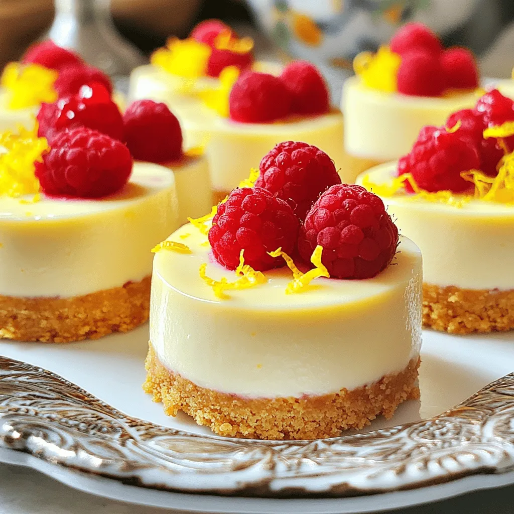 This recipe for Mini Lemon Cheesecakes is simple and fun. You will need a mix of basic ingredients to create a sweet and tangy treat. These mini cheesecakes are perfect for any gathering or a sweet snack at home. - 1 cup graham cracker crumbs - 1/4 cup unsalted butter, melted - 2 tablespoons sugar - 16 oz cream cheese, softened - 1 cup powdered sugar - 2 large eggs - 1/4 cup fresh lemon juice - Zest of 1 lemon - 1 teaspoon vanilla extract - Fresh raspberries or lemon slices for garnish (optional) Each ingredient plays a key role. The graham cracker crumbs form a crispy crust. The cream cheese gives that rich, creamy texture. Fresh lemon juice adds a bright flavor that wakes up your taste buds. You can make some swaps if you need to. If you lack graham crackers, try crushed cookies or nuts. For a dairy-free option, use vegan cream cheese. If you want less sugar, reduce the powdered sugar or use a sugar substitute. You can also use lime juice instead of lemon juice for a fun twist. These mini cheesecakes will impress everyone! For the full recipe, check out the details above. Enjoy your baking! First, you need to preheat your oven to 325°F (165°C). This step is crucial for even baking. While the oven warms up, line a muffin tin with paper liners. This will help you easily remove your mini cheesecakes later. Next, gather your crust ingredients. You will need graham cracker crumbs, melted unsalted butter, and sugar. In a medium bowl, mix these ingredients until they are well combined. Once mixed, press about one tablespoon of this mixture into the bottom of each muffin liner. This forms a solid base for your mini cheesecakes. Now, it’s time to make the filling. In a large bowl, beat the softened cream cheese until it’s smooth. Use an electric mixer for best results. Gradually add the powdered sugar and mix until blended. Add in the eggs, one at a time, mixing well after each. Finally, stir in the fresh lemon juice, lemon zest, and vanilla extract. You want a smooth and creamy texture for the filling. Pour the cheesecake batter over the crusts in the muffin tin. Fill each cup about three-quarters full. Bake in the preheated oven for 15 to 18 minutes. The edges should be set, but the center can be slightly jiggly. After baking, turn off the oven but leave the cheesecakes inside with the door ajar for about 30 minutes. This cooling step helps prevent cracks. Once they are at room temperature, refrigerate them for at least two hours. They need to be chilled before serving. For the full recipe, check the earlier section. To get a creamy texture, use softened cream cheese. Cold cream cheese will create lumps. I recommend letting it sit out for about 30 minutes before mixing. Beat the cream cheese until smooth. Then, add the powdered sugar slowly. This helps keep things fluffy. For a silky finish, make sure to mix in the eggs one at a time. This keeps air in the batter, making it light and tasty. Serve these mini lemon cheesecakes chilled for the best flavor. They pair well with fresh fruit. Try adding raspberries or lemon slices on top. They add color and flavor, making your dessert pop. You can also serve these with whipped cream or a drizzle of lemon curd. Each bite will taste like sunshine. For drinks, a refreshing iced tea or sparkling water complements the cheesecake perfectly. Get creative when decorating your mini lemon cheesecakes. Use a piping bag to add whipped cream on top for a fun look. A sprinkle of lemon zest brightens the dish. You might also add a mint leaf for a fresh touch. For a more festive vibe, consider edible flowers. They add beauty and charm to your dessert. Remember, a beautiful presentation makes every bite more enjoyable. Check out the Full Recipe for more tips on making these treats shine. {{image_2}} You can change up the flavor of your mini lemon cheesecakes. Try adding fresh berries, like strawberries or blueberries. Just mix in about a cup of pureed fruit to the batter. You can also opt for chocolate by adding melted chocolate to the cream cheese mixture. This twist makes for a rich and creamy treat. Each flavor gives a new taste to your dessert, making it fun to explore. The crust can also be different. Instead of graham crackers, use crushed almonds for a nutty flavor. You can also try crushed cookies, like Oreos or ginger snaps. Each crust gives the cheesecake a new taste and texture. Simply follow the same steps for mixing and pressing the crust into the muffin tins. Mini cheesecakes can be perfect for special events. Dress them up like cupcakes! After baking, top each cupcake with whipped cream or frosting. Add sprinkles or edible glitter for a festive touch. This makes them fun for birthdays or parties. People love these cute bites, and they are easy to share. For the full recipe, check out the details above! To keep your mini lemon cheesecakes fresh, store them in the fridge. Use an airtight container to protect them from odors and moisture. If you have leftover cheesecakes, place a piece of plastic wrap directly on the surface. This prevents air from getting in and keeps them moist. Always let your cheesecakes cool to room temp before covering them. This helps with proper storage. You can freeze mini lemon cheesecakes for longer storage. First, cool them completely. Then, wrap each cheesecake in plastic wrap tightly. After that, place them in a freezer-safe bag. Label the bag with the date. They should last about three months in the freezer. To enjoy them, thaw overnight in the fridge. This keeps the texture nice and creamy. Mini lemon cheesecakes last about five days in the fridge. After that, they may not taste as fresh. Signs of spoilage include an off smell, discoloration, or a watery texture. If you notice these signs, it’s best to throw them away. Always trust your senses. When in doubt, don’t eat it! These tips will help you enjoy your delightful treats longer. For the full recipe, check out the detailed instructions above. Yes, you can make Mini Lemon Cheesecakes ahead of time. They chill well in the fridge. I often prepare them a day before serving. This lets the flavors meld beautifully. Just cover them tightly with plastic wrap. You can also freeze them if needed. Just remember to thaw them in the fridge before serving. If you're out of cream cheese, use mascarpone or ricotta. Both give a smooth texture. Greek yogurt is another option, but it will change the taste slightly. Softened tofu is a great vegan option. Blend it well to ensure a creamy mix. Each swap will make your cheesecake unique. Check the edges of your cheesecakes. They should be set and firm. The center can be slightly jiggly. This means they will continue to set as they cool. If they puff up too much, they may overbake. Watch them closely during the last few minutes. This helps you get that perfect texture. You learned how to make mini lemon cheesecakes with easy steps. We covered the ingredients, substitutions, and how to bake. You now have tips to perfect the texture and ideas for serving. Explore flavor variations and crust options for fun twists. Remember to store them correctly for the best taste. Enjoy your delicious treats!