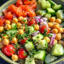 1. Start by boiling water or low-sodium vegetable broth in a medium saucepan. Use 2 cups for 1 cup of quinoa. 2. Once boiling, add the rinsed quinoa. 3. Lower the heat to low and cover the pot. 4. Let it simmer for 15 minutes. All the liquid should absorb. 5. Remove the pot from heat but keep it covered for 5 more minutes. 6. To fluff quinoa perfectly, use a fork. This helps separate the grains and gives it a light texture. 1. In a large mixing bowl, combine the cooked quinoa with chickpeas, diced bell pepper, cucumber, halved cherry tomatoes, finely chopped red onion, and fresh parsley. 2. For the best results, gently mix the ingredients with a spatula. 3. Make sure everything is well combined without crushing the veggies. 1. In a small bowl, add fresh lemon juice, olive oil, cumin, salt, and pepper. 2. Whisk the mixture until it is smooth and well blended. 3. You can use a fork or a small whisk. This helps to emulsify the oil and lemon juice. 4. Pour the dressing over the quinoa mixture. Toss gently to coat everything evenly. 5. Let the salad rest for at least 15 minutes. This allows the flavors to meld together for a tastier dish. For a complete guide, check the [Full Recipe]. Enjoy this zesty quinoa and chickpea salad as a delicious way to eat low-cholesterol! To make low-cholesterol meals tasty, use fresh herbs and spices. Here are some great options: - Cumin: Adds warmth and depth. - Lemon juice: Brightens up dishes and brings freshness. - Garlic: Offers a sharp, savory flavor. - Chili powder: Gives a nice kick without extra fat. - Basil: Adds a sweet, aromatic touch. Mix and match these flavors to boost the taste of your meals. For the Zesty Quinoa & Chickpea Salad, the cumin and lemon juice really shine. Busy days can make cooking tough. Here are some meal prep tips to save time: - Cook quinoa in advance: Make a big batch. Store it in the fridge for up to a week. - Chop veggies ahead: Prepare bell peppers, cucumbers, and tomatoes. Keep them in airtight containers. - Make dressings in bulk: Store homemade dressings in jars. Just shake before use! By prepping these items, you can whip up the Zesty Quinoa & Chickpea Salad quickly. This recipe can fit many diets with easy swaps. Here are some ideas: - For gluten-free: Quinoa is naturally gluten-free, so you're all set. - For vegan diets: This salad is already vegan! Just ensure the broth is plant-based. - For added protein: Toss in cooked lentils or diced tofu to make it heartier. These substitutions help everyone enjoy the Zesty Quinoa & Chickpea Salad, no matter their diet. {{image_2}} You can add different proteins to your salad. Try grilled chicken, shrimp, or tofu. These options boost the protein and keep it low in cholesterol. If you want a plant-based option, add edamame or lentils. These ingredients are rich in nutrients and great for your health. You can change the salad based on the season. In spring, add fresh peas or asparagus for a crisp taste. In summer, include sweet corn or diced mango for sweetness. In fall, try roasted butternut squash or apples for a warm flavor. In winter, use kale or spinach for a hearty touch. To keep your salad low in cholesterol, use simple dressings. A mix of balsamic vinegar and mustard is tasty and easy. You can also blend yogurt with herbs for a creamy yet healthy option. If you enjoy a kick, try a spicy vinaigrette with lime juice and chili flakes. These dressings add flavor without the guilt. For the full recipe, check out Zesty Quinoa & Chickpea Salad. To keep your Zesty Quinoa & Chickpea Salad fresh, use airtight containers. Glass or BPA-free plastic containers work well. They prevent moisture and air from spoiling the food. Store the salad in the fridge right after it cools. This keeps flavors intact and helps maintain crunchiness. When stored properly, this salad lasts about 3 to 5 days in the fridge. The quinoa and chickpeas hold up well, but fresh veggies lose crunch over time. For best taste, eat it within three days. If you see any wilting or off smells, toss it out. You can enjoy this salad cold or warm. If you prefer it warm, heat it gently on the stove. Use low heat to avoid mushy veggies. Stir occasionally. Avoid the microwave; it can make the salad soggy. Warm it just until it's hot, then serve. A low-cholesterol diet can help reduce heart disease risk. High cholesterol can lead to clogged arteries. Lowering cholesterol improves blood flow and heart health. It can also help maintain a healthy weight. Many low-cholesterol foods are rich in nutrients. They provide fiber, vitamins, and minerals. This helps you feel full and satisfied. By focusing on whole foods, you can boost your health. You will enjoy a variety of flavors and textures in your meals. Yes, you can make Zesty Quinoa & Chickpea Salad ahead of time. Preparing this salad a day in advance can enhance its flavors. Store the salad in an airtight container in the fridge. It stays fresh for up to three days. When you make it ahead, just keep the dressing separate. This prevents the salad from getting soggy. Mix in the dressing right before serving. This way, you enjoy the best texture and taste. This recipe is already vegan! It uses quinoa, chickpeas, and fresh veggies. If you want to change it up, consider adding avocado for creaminess. You can also swap lemon juice with lime juice for a different flavor. If you prefer more protein, try adding tofu or tempeh. Just cook it first and mix it in. These options keep the recipe plant-based and delicious. You’ll enjoy a hearty meal that’s good for your heart. This post covers all you need to know about a healthy low-cholesterol recipe. You learned about quality ingredients, cooking quinoa, and flavor tips. I shared storage tips to keep your food fresh and variations to try. In the end, this recipe is flexible and easy to adapt. You can enjoy it your way. Follow these steps to improve your meals without compromising on taste. Dive into your kitchen and have fun with this recipe!