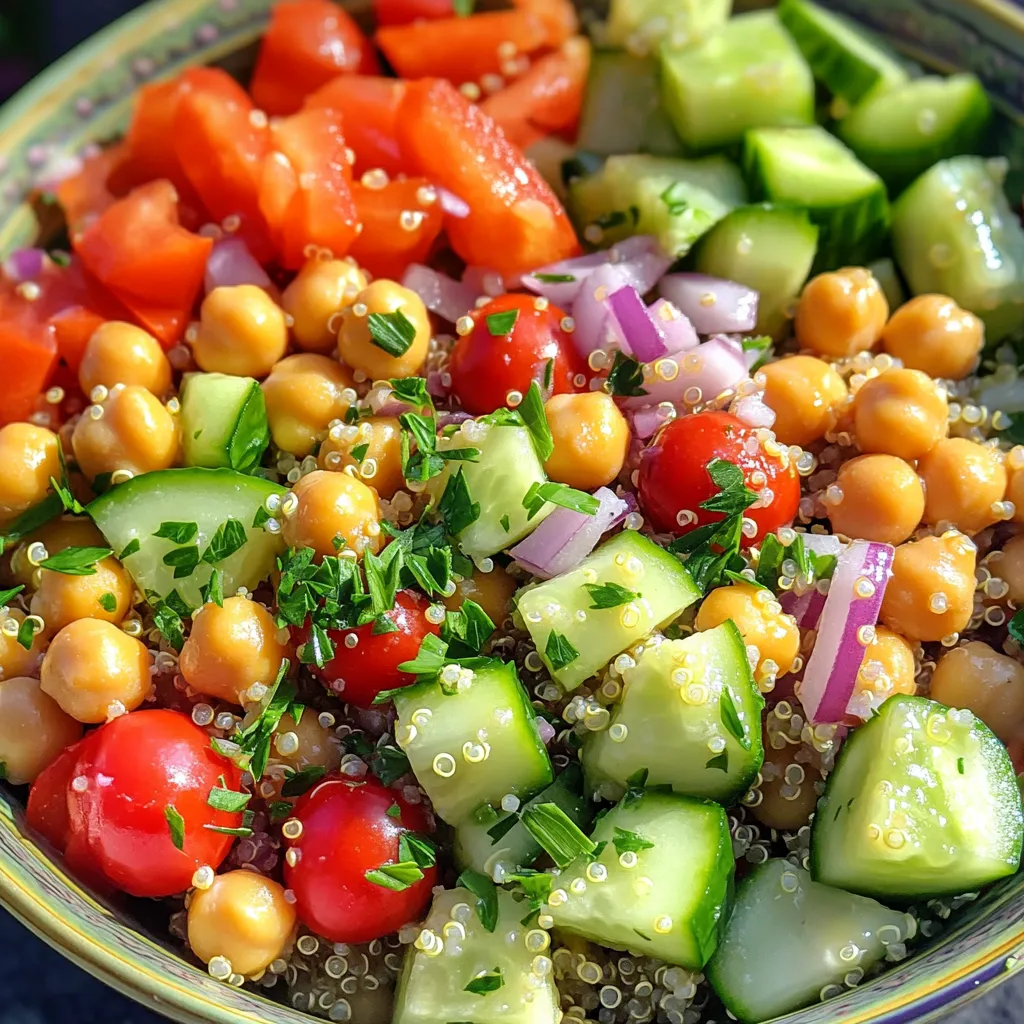 1. Start by boiling water or low-sodium vegetable broth in a medium saucepan. Use 2 cups for 1 cup of quinoa. 2. Once boiling, add the rinsed quinoa. 3. Lower the heat to low and cover the pot. 4. Let it simmer for 15 minutes. All the liquid should absorb. 5. Remove the pot from heat but keep it covered for 5 more minutes. 6. To fluff quinoa perfectly, use a fork. This helps separate the grains and gives it a light texture. 1. In a large mixing bowl, combine the cooked quinoa with chickpeas, diced bell pepper, cucumber, halved cherry tomatoes, finely chopped red onion, and fresh parsley. 2. For the best results, gently mix the ingredients with a spatula. 3. Make sure everything is well combined without crushing the veggies. 1. In a small bowl, add fresh lemon juice, olive oil, cumin, salt, and pepper. 2. Whisk the mixture until it is smooth and well blended. 3. You can use a fork or a small whisk. This helps to emulsify the oil and lemon juice. 4. Pour the dressing over the quinoa mixture. Toss gently to coat everything evenly. 5. Let the salad rest for at least 15 minutes. This allows the flavors to meld together for a tastier dish. For a complete guide, check the [Full Recipe]. Enjoy this zesty quinoa and chickpea salad as a delicious way to eat low-cholesterol! To make low-cholesterol meals tasty, use fresh herbs and spices. Here are some great options: - Cumin: Adds warmth and depth. - Lemon juice: Brightens up dishes and brings freshness. - Garlic: Offers a sharp, savory flavor. - Chili powder: Gives a nice kick without extra fat. - Basil: Adds a sweet, aromatic touch. Mix and match these flavors to boost the taste of your meals. For the Zesty Quinoa & Chickpea Salad, the cumin and lemon juice really shine. Busy days can make cooking tough. Here are some meal prep tips to save time: - Cook quinoa in advance: Make a big batch. Store it in the fridge for up to a week. - Chop veggies ahead: Prepare bell peppers, cucumbers, and tomatoes. Keep them in airtight containers. - Make dressings in bulk: Store homemade dressings in jars. Just shake before use! By prepping these items, you can whip up the Zesty Quinoa & Chickpea Salad quickly. This recipe can fit many diets with easy swaps. Here are some ideas: - For gluten-free: Quinoa is naturally gluten-free, so you're all set. - For vegan diets: This salad is already vegan! Just ensure the broth is plant-based. - For added protein: Toss in cooked lentils or diced tofu to make it heartier. These substitutions help everyone enjoy the Zesty Quinoa & Chickpea Salad, no matter their diet. {{image_2}} You can add different proteins to your salad. Try grilled chicken, shrimp, or tofu. These options boost the protein and keep it low in cholesterol. If you want a plant-based option, add edamame or lentils. These ingredients are rich in nutrients and great for your health. You can change the salad based on the season. In spring, add fresh peas or asparagus for a crisp taste. In summer, include sweet corn or diced mango for sweetness. In fall, try roasted butternut squash or apples for a warm flavor. In winter, use kale or spinach for a hearty touch. To keep your salad low in cholesterol, use simple dressings. A mix of balsamic vinegar and mustard is tasty and easy. You can also blend yogurt with herbs for a creamy yet healthy option. If you enjoy a kick, try a spicy vinaigrette with lime juice and chili flakes. These dressings add flavor without the guilt. For the full recipe, check out Zesty Quinoa & Chickpea Salad. To keep your Zesty Quinoa & Chickpea Salad fresh, use airtight containers. Glass or BPA-free plastic containers work well. They prevent moisture and air from spoiling the food. Store the salad in the fridge right after it cools. This keeps flavors intact and helps maintain crunchiness. When stored properly, this salad lasts about 3 to 5 days in the fridge. The quinoa and chickpeas hold up well, but fresh veggies lose crunch over time. For best taste, eat it within three days. If you see any wilting or off smells, toss it out. You can enjoy this salad cold or warm. If you prefer it warm, heat it gently on the stove. Use low heat to avoid mushy veggies. Stir occasionally. Avoid the microwave; it can make the salad soggy. Warm it just until it's hot, then serve. A low-cholesterol diet can help reduce heart disease risk. High cholesterol can lead to clogged arteries. Lowering cholesterol improves blood flow and heart health. It can also help maintain a healthy weight. Many low-cholesterol foods are rich in nutrients. They provide fiber, vitamins, and minerals. This helps you feel full and satisfied. By focusing on whole foods, you can boost your health. You will enjoy a variety of flavors and textures in your meals. Yes, you can make Zesty Quinoa & Chickpea Salad ahead of time. Preparing this salad a day in advance can enhance its flavors. Store the salad in an airtight container in the fridge. It stays fresh for up to three days. When you make it ahead, just keep the dressing separate. This prevents the salad from getting soggy. Mix in the dressing right before serving. This way, you enjoy the best texture and taste. This recipe is already vegan! It uses quinoa, chickpeas, and fresh veggies. If you want to change it up, consider adding avocado for creaminess. You can also swap lemon juice with lime juice for a different flavor. If you prefer more protein, try adding tofu or tempeh. Just cook it first and mix it in. These options keep the recipe plant-based and delicious. You’ll enjoy a hearty meal that’s good for your heart. This post covers all you need to know about a healthy low-cholesterol recipe. You learned about quality ingredients, cooking quinoa, and flavor tips. I shared storage tips to keep your food fresh and variations to try. In the end, this recipe is flexible and easy to adapt. You can enjoy it your way. Follow these steps to improve your meals without compromising on taste. Dive into your kitchen and have fun with this recipe!
