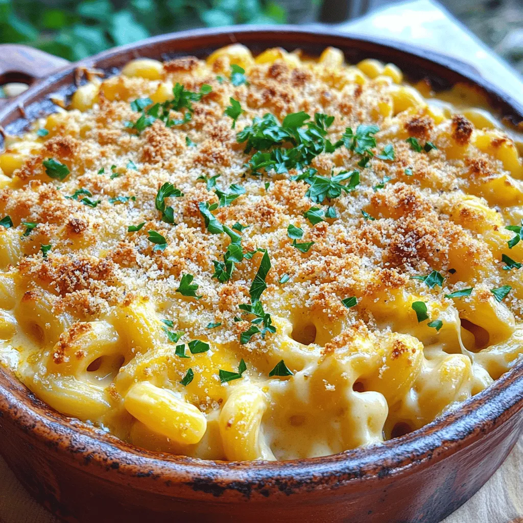 - 8 oz elbow macaroni - 2 tablespoons unsalted butter - 2 tablespoons all-purpose flour - 2 cups whole milk - 1 teaspoon Dijon mustard - 1/2 teaspoon garlic powder - 1/2 teaspoon onion powder - 1/4 teaspoon freshly ground black pepper - 1/4 teaspoon cayenne pepper (optional) - 2 cups shredded sharp cheddar cheese - 1 cup shredded mozzarella cheese - 1/2 cup breadcrumbs - 2 tablespoons grated Parmesan cheese - Fresh parsley for garnish I love using high-quality ingredients in my creamy baked mac and cheese. The cheese is key. I always pick sharp cheddar for its strong flavor. It gives the dish that rich, cheesy taste we love. Mozzarella adds a nice stretch and creaminess. Fresh herbs like parsley make a huge difference too. They bring color and a fresh taste to the dish. You can also change the recipe to fit your needs. If you want a gluten-free meal, use gluten-free pasta. If you need dairy-free options, try dairy-free cheese. Quality matters in every bite. It can be the difference between good and great. Always choose fresh ingredients for the best results. For the full recipe, check the section above. - Preheat the oven to 350°F (175°C). - Grease a 2-quart baking dish with butter or cooking spray. To achieve that perfect al dente texture, cook the elbow macaroni in salted boiling water. This means adding salt to the water before you cook the pasta. The salt helps to enhance the flavor of the pasta. Follow the package instructions for cooking time, usually around 7-9 minutes. Check the pasta a minute or two early to avoid overcooking. It should be firm but not hard. Start by melting butter in the same pot over medium heat. Once the butter bubbles, whisk in the flour. Cook this mixture for about one minute until it turns slightly golden. This step helps thicken the sauce. Gradually whisk in the milk to avoid lumps. Keep whisking until the sauce thickens and bubbles gently. This usually takes about 3-5 minutes. After making the cheese sauce, stir in the shredded cheddar and mozzarella. Mix until the cheese melts and the sauce is smooth. Add the cooked macaroni to the cheese sauce. Stir well to coat the pasta evenly. Pour this mixture into your greased baking dish. To make a crispy topping, combine breadcrumbs and Parmesan cheese in a small bowl. Sprinkle this mixture evenly over the mac and cheese. Bake in the preheated oven for 25-30 minutes until the top is golden brown and crispy. For the full recipe, follow these steps closely to create a creamy baked mac and cheese that everyone will love. To make your mac and cheese extra creamy, you can add cream cheese or sour cream to the cheese sauce. A few ounces of cream cheese adds a rich texture. Sour cream gives a nice tang and keeps it smooth. Mixing in other cheeses can also boost flavor. Try adding Gruyère or Fontina for a gourmet twist. These cheeses melt well and create a delightful blend of tastes. Cleaning baked-on cheese can be tough. Soak your baking dish in hot, soapy water for 15 minutes. This helps loosen the cheese. Then, use a non-abrasive scrubber for easy cleaning. To prevent sticking in the future, grease your baking dish well. You can use butter or cooking spray for a nice coating. Creamy baked mac and cheese pairs well with fresh salads or side dishes. A simple green salad adds a nice crunch. You can also serve it with steamed broccoli for a healthy touch. For a kid-friendly meal, add fun toppings. Try crispy bacon bits or extra cheese on top. Kids love the added flavor and texture! For the full recipe, don't forget to check the Full Recipe section! {{image_2}} You can play with cheese in baked mac and cheese. Try using Gruyère or Fontina for a gourmet touch. These cheeses melt well and add a rich flavor. Mixing in a bit of blue cheese offers a unique twist. It gives the dish a sharp, tangy taste that will surprise your guests. Want to make your mac and cheese heartier? You can include proteins like cooked bacon or ham. These options add a savory depth. For a vegetarian twist, consider adding peas. They bring color and sweetness without losing the creamy feel. Looking for a lighter dish? Try cauliflower mac and cheese. You can swap out pasta for riced cauliflower. It cuts carbs but still tastes great. Another option is to use whole grain pasta. It offers more fiber and nutrients, making your meal a bit healthier. For the full recipe, check out the link above. To store your leftover mac and cheese, place it in an airtight container. This helps keep it fresh. Make sure the dish has cooled down before sealing it. You can enjoy it for up to three to five days in the fridge. If you want to reheat it, add a splash of milk to help regain its creamy texture. If you want to keep it longer, you can freeze mac and cheese. Use a freezer-safe container and leave some space for expansion. It can last for about two to three months in the freezer. When ready to eat, thaw it overnight in the fridge. For reheating, place it in the oven at 350°F (175°C) until hot. You can also microwave it, but add some milk to keep it creamy. It's important to check for signs of spoilage. If you see mold or off smells, it's best to throw it away. If the texture is grainy or dry, it might not taste great. Always trust your senses. If it looks or smells bad, don’t eat it. This way, you can enjoy your creamy baked mac and cheese longer and keep it safe! For the full recipe, check out the detailed instructions above. Prep time is about 10 minutes. Cooking time is around 25 to 30 minutes. In total, expect about 45 minutes from start to finish. This includes time for boiling the pasta and baking the dish. Yes, you can prepare it in advance. Cook the pasta and make the cheese sauce. Combine them and put them in the baking dish. Cover the dish and keep it in the fridge for up to 24 hours. When you are ready, just bake it. You may need to add a few extra minutes to the cooking time if baking from cold. If your cheese sauce is too thin, there are easy fixes. You can make a slurry using equal parts cornstarch and cold water. Stir this mixture into the sauce and heat it gently. The sauce will thicken as it simmers. Another option is to add more cheese. This will enhance the flavor and help thicken the sauce. Yes, you can make a vegan version. Use gluten-free pasta and vegan cheese substitutes. Almond milk or soy milk works well in place of whole milk. Nutritional yeast can add a cheesy flavor without dairy. Look for vegan cheese that melts well, like cashew-based or soy-based options. This blog post guides you through making creamy baked mac and cheese from start to finish. You learned about the key ingredients that enhance flavor and texture. We explored cooking techniques for perfect pasta and a lump-free cheese sauce. Tips for variations and storage also help you customize this dish. Enjoy making a delightful meal you and your family will love, or share it with friends. Each step builds your skills and confidence in the kitchen. Happy cooking!