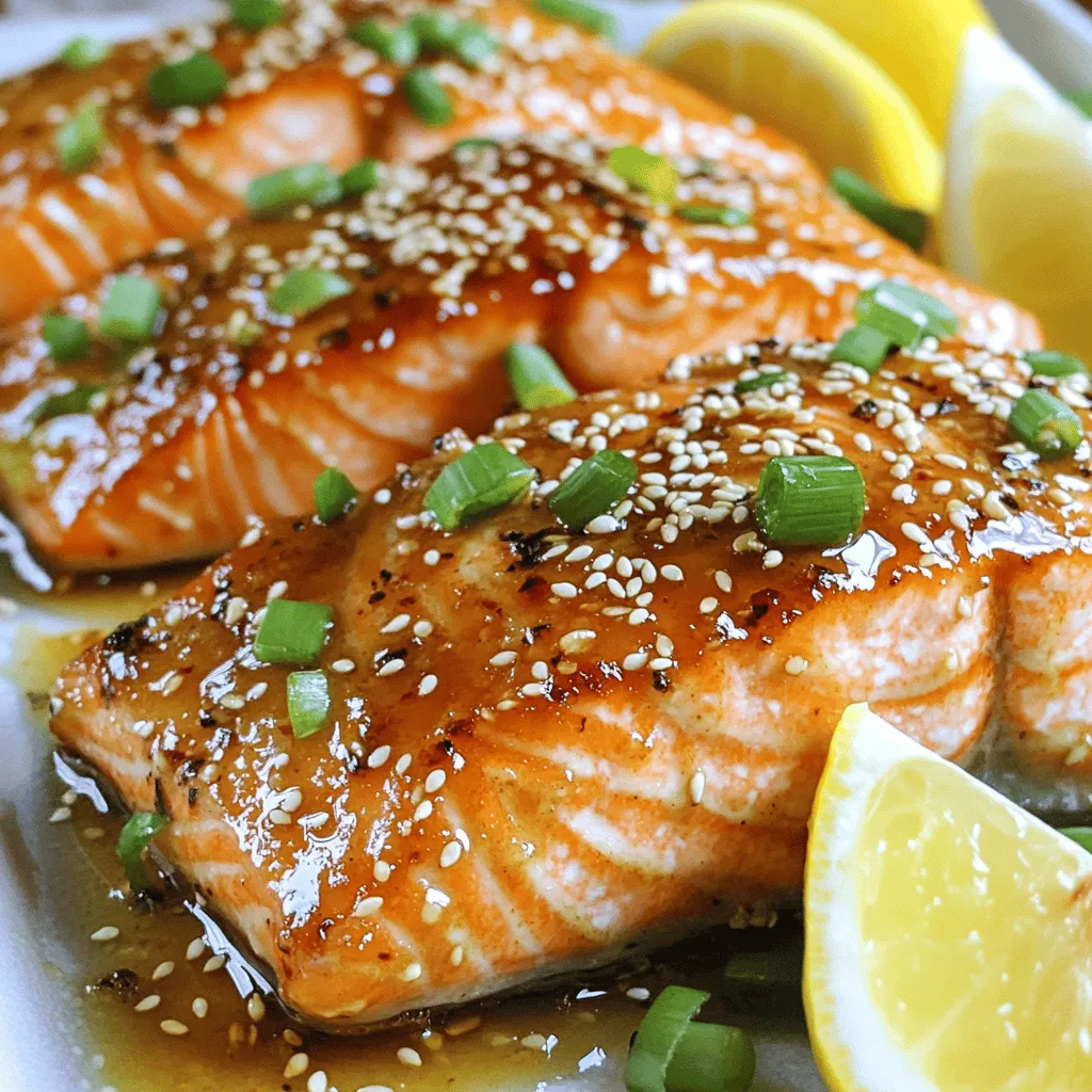 To make crispy honey garlic salmon, gather these ingredients: - 4 salmon fillets (skin-on) - 3 tablespoons honey - 3 tablespoons soy sauce (or low-sodium alternative) - 4 cloves garlic, minced - 1 tablespoon fresh ginger, grated - 1 tablespoon olive oil - Salt and pepper, to taste - 2 tablespoons sesame seeds - 2 green onions, chopped (for garnish) - Lemon wedges (for serving) These simple ingredients work together to create a sweet and savory dish. The honey adds a nice glaze, while the soy sauce gives depth. Fresh garlic and ginger bring a burst of flavor. Skin-on salmon helps keep the fish moist and adds texture. Feel free to adjust ingredients based on your taste. For instance, you can use less honey for a less sweet option. Always choose fresh ingredients for the best flavor. This recipe is quick and full of flavor, perfect for busy weeknights or special occasions. For the complete cooking instructions, check the Full Recipe. Start by making the marinade. In a small bowl, mix honey, soy sauce, minced garlic, and fresh ginger. Whisk these together until they blend well. This mix gives the salmon its sweet and savory taste. Set aside half of the marinade for later. You will use this to glaze the salmon while cooking. Next, take the salmon fillets and pat them dry with paper towels. This step helps the skin get crispy. Sprinkle salt and pepper on both sides of the fillets. Place the salmon in a shallow dish. Pour the marinade over the salmon, covering it well. Let it sit for about 10 minutes, flipping halfway through. This gives the salmon time to soak up all the great flavors. Now it’s time to cook! Heat a large non-stick skillet over medium-high heat. Add olive oil and let it get hot until it shimmers. Carefully add the salmon fillets to the pan, skin side down. Cook for about 4-5 minutes. Look for the skin to turn crispy and the salmon to cook halfway through. Flip the fillets and brush them with the reserved marinade. Cook for another 3-4 minutes. Spoon the sauce over the salmon for extra flavor. Once cooked, the salmon should be juicy and tender. Finally, sprinkle sesame seeds over the salmon fillets right in the skillet. This adds a nice crunch. Serve the salmon on plates, drizzled with the remaining honey-garlic sauce. Garnish with chopped green onions and add lemon wedges on the side. Enjoy your crispy honey garlic salmon in no time! For more details, check the Full Recipe. To get that perfect crisp on your salmon, start with skin-on fillets. The skin helps keep the fish moist while adding crunch. Pat the fillets dry with paper towels before cooking. Less moisture means more crisp. Use a hot pan and enough olive oil. When you add the salmon, place it skin-side down first. This helps the skin get nice and crispy. Cook for about 4-5 minutes without moving the fish. Flip it only when the skin has a golden color. For a deeper flavor, do not skip marinating your salmon. The honey, soy sauce, garlic, and ginger combo works wonders. Let the salmon soak for about 10 minutes. If you want more punch, add a splash of lime juice or red pepper flakes to the marinade. You can also brush the salmon with the reserved marinade while cooking. This adds extra flavor and a nice glaze. Don't forget to sprinkle sesame seeds on top before serving. They add a nice crunch and nutty taste. Presentation makes a dish more appealing. Start by placing the salmon on a warm plate. Drizzle some of the honey-garlic sauce over the top. Garnish with chopped green onions for a pop of color. Add lemon wedges on the side for a fresh touch. The bright yellow contrasts well with the salmon. You can even serve it with a side of steamed veggies or rice for a complete meal. Enjoy your Crispy Honey Garlic Salmon with style! For the full recipe, check out the section above. {{image_2}} You can swap some ingredients if you need to. For honey, use maple syrup for a vegan option. Instead of soy sauce, try tamari for a gluten-free choice. If you don’t have fresh ginger, ground ginger works too. For a kick, add a bit of red pepper flakes to the marinade. While pan-searing gives a great crisp, you can use the oven. Preheat it to 400°F (200°C). Place the marinated salmon on a baking sheet. Bake for 12-15 minutes. If you like grilling, this salmon is perfect for that too. Cook it on medium heat for about 5-6 minutes per side. Pair this salmon with simple sides. Rice or quinoa adds a nice touch. Steamed broccoli or asparagus goes well too. You can even serve it with a fresh salad. Add some lemon vinaigrette for extra flavor. This salmon shines with any of these sides. For the full recipe, check out the complete details above. Enjoy cooking! After cooking, let your crispy honey garlic salmon cool down. Store any leftovers in an airtight container. Keep it in the fridge for up to three days. This helps keep the salmon fresh and tasty. You can easily enjoy it later. To reheat, use a skillet over low heat. Add a splash of water or broth to keep it moist. Heat for about 5 minutes or until warm. You can also use the microwave, but be careful. Heat it in short bursts to avoid drying it out. If you want to save the salmon for later, freezing is a great option. Place the cooled salmon in a freezer-safe bag. Remove as much air as possible to prevent freezer burn. You can freeze it for up to three months. When ready to eat, thaw it in the fridge overnight. Then, reheat as mentioned above. This crispy honey garlic salmon is easy to store and reheat, making it a perfect meal for busy days. For the complete cooking process, check the Full Recipe. The ideal cooking time for salmon is about 8-10 minutes. You want to cook it just right. This allows for a crispy skin and juicy, tender flesh. For skin-on fillets, start with the skin side down. Cook for about 4-5 minutes. Then flip and cook for another 3-4 minutes. This timing gives you a perfect balance. Yes, you can use skinless salmon fillets. The honey garlic sauce will still add great flavor. However, the skin helps keep the fish moist and crispy. If you choose skinless fillets, watch the cooking time closely. They may cook faster than skin-on fillets. Salmon is fully cooked when it flakes easily with a fork. The internal temperature should reach 145°F. You can also check the color. It should look opaque and slightly pink in the center. If you follow the cooking times in the recipe, you should achieve perfect results. For more details, check the Full Recipe for guidance. In this post, we explored how to make a tasty salmon dish. You learned about the ingredients, from honey to garlic, and the steps to perfect cooking. We shared tips for a crispy finish and ideas for variations. Remember to store leftovers properly so they stay fresh. Cooking salmon is easy and fun. With the right methods, you can impress anyone with this meal. Dive into this recipe, and enjoy every bite!