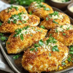 To make this dish, you need some key ingredients. Here’s the list: - 4 boneless, skinless chicken breasts - 1 cup breadcrumbs (preferably panko for extra crunch) - 1/2 cup grated Parmesan cheese - 2 teaspoons dried Italian herbs (oregano, basil, thyme) - 1 teaspoon garlic powder - 1/2 teaspoon salt - 1/4 teaspoon black pepper - 2 large eggs - 1/4 cup all-purpose flour - 4 tablespoons olive oil These ingredients give the chicken its crispy texture and rich flavor. The panko breadcrumbs add a delightful crunch that makes each bite satisfying. The garlic sauce is simple yet flavorful. You will need: - 4 cloves garlic, minced - 1/2 cup chicken broth - 2 tablespoons fresh parsley, chopped (for garnish) This sauce adds a burst of flavor to the crispy chicken. The fresh garlic gives it a nice kick, while the broth adds depth. If you don’t have some ingredients, here are some swaps: - Use regular breadcrumbs if you can’t find panko. - Grated Romano cheese works well instead of Parmesan. - For a gluten-free option, use gluten-free flour and breadcrumbs. - You can replace chicken broth with vegetable broth for a lighter flavor. These alternatives keep the dish delicious while accommodating different diets. Enjoy the process of cooking and feel free to mix it up! For the full recipe, check out the details above. Start by getting your chicken ready. I use four boneless, skinless chicken breasts. Place them on a cutting board. Make sure they are even in thickness. This helps them cook evenly. You can pound them gently between two sheets of plastic wrap. It’s an easy way to flatten them out. After that, season both sides lightly with salt and pepper. This step adds flavor right from the start. Now it's time to coat the chicken. In one shallow dish, mix breadcrumbs, grated Parmesan, Italian herbs, garlic powder, salt, and black pepper. I like using panko breadcrumbs for that extra crunch. In another dish, whisk together two large eggs. In a third dish, put about 1/4 cup of all-purpose flour. Take a chicken breast and dredge it in the flour. Shake off the extra flour. Then dip it into the egg mixture, making sure it is fully coated. Finally, press it into the breadcrumb mixture. Make sure the breadcrumbs stick well. Repeat this for all chicken breasts. They should look nice and coated. Now, preheat your oven to 400°F (200°C). Line a baking sheet with parchment paper. This makes cleanup easy. Arrange the coated chicken on the baking sheet. Drizzle the tops with two tablespoons of olive oil. This helps the chicken become golden brown. Bake in the preheated oven for 20-25 minutes. You want the chicken to be golden brown and cooked through. The internal temperature should reach 165°F (74°C). While the chicken bakes, prepare the garlic sauce. This sauce pairs perfectly with the crispy chicken. Follow the Full Recipe for detailed instructions on making the sauce. Once your chicken is done, drizzle the garlic sauce over the crispy chicken and garnish with fresh parsley. Enjoy your delicious creation! To make your chicken super crispy, use panko breadcrumbs. Panko gives a lighter crunch. Make sure to press the breadcrumbs onto the chicken. This helps them stick better. Drizzle olive oil on top before baking. It adds flavor and helps the chicken brown nicely. Bake on parchment paper. This keeps the chicken from sticking. For a tasty garlic sauce, use fresh garlic. Fresh garlic has a stronger taste than powder. Sauté the garlic until it’s fragrant, about one minute. This step builds great flavor. You can add lemon juice for a zesty twist. If you like heat, add red pepper flakes. It gives a nice kick! One mistake is not drying the chicken. Pat the chicken dry with paper towels first. This helps the coating stick better. Another mistake is overcrowding the baking sheet. Give each piece space to cook evenly. Lastly, don’t skip the resting time. Let the chicken rest for a few minutes after baking. This keeps it juicy! For the full recipe, check the earlier section for detailed steps. {{image_2}} For those who love heat, add spices to the mix. Use cayenne pepper or red pepper flakes. Start with 1/2 teaspoon and adjust to your taste. This gives your chicken a nice kick. Pair it with a cooling sauce, like ranch or yogurt, to balance the spice. Make this dish gluten-free easily. Swap out regular breadcrumbs for gluten-free ones. You can also use crushed rice or cornflakes as a crunchy option. Ensure the flour is gluten-free as well. This way, everyone can enjoy the crispy goodness. You can switch up the herbs for new flavors. Try adding fresh thyme, rosemary, or even dill. These herbs bring a fresh twist. You can also mix in spices like smoked paprika or cumin for a unique taste. Experiment with what you like best to create your perfect dish. For the full recipe, check out the detailed instructions earlier in this article. Enjoy exploring these variations! To keep your crispy Parmesan chicken fresh, store it in an airtight container. Allow the chicken to cool completely before placing it in the fridge. This helps avoid sogginess. I recommend using the chicken within three days for the best taste. When it's time to eat your leftovers, I suggest reheating them in the oven. Preheat your oven to 350°F (175°C). Place the chicken on a baking sheet. Heat for about 10-15 minutes. This keeps the chicken crispy. You can also microwave it, but it may lose some crunch. To keep it crisp in the microwave, cover it with a paper towel. If you have extra chicken, you can freeze it! Wrap each piece tightly in plastic wrap, then place them in a freezer bag. Remove as much air as possible. This helps prevent freezer burn. You can freeze the chicken for up to three months. When ready to eat, let it thaw in the fridge overnight. To restore the crispy texture, reheat in the oven. For full details, check the Full Recipe. Crispy Parmesan chicken pairs well with many sides. Here are some great options: - A simple green salad with a light vinaigrette. - Roasted vegetables, like carrots, broccoli, or zucchini. - Creamy mashed potatoes or garlic mashed potatoes. - Steamed rice or quinoa for a healthy grain option. - Garlic bread to soak up that delicious garlic sauce. These sides balance the flavors and add variety to your meal. Yes, you can prepare this dish ahead of time. Here’s how: - Coat the chicken and place it on a baking sheet. - Cover it well with plastic wrap and store it in the fridge. - Bake it fresh when you’re ready to eat. You can also make the garlic sauce in advance. Just heat it up before drizzling over the chicken. To ensure your chicken is safe to eat, check the internal temperature. Use a meat thermometer and look for 165°F (74°C). If you don’t have a thermometer, here’s a trick: - Cut into the thickest part of the chicken. - The juices should run clear, with no pink meat inside. Following these tips helps you serve perfectly cooked chicken every time. For the full recipe, check out the Crispy Parmesan Chicken with Garlic Sauce. In this post, we explored making Crispy Parmesan Chicken, from key ingredients to cooking tips. We covered garlic sauce and easy swaps for your pantry. Followed by step-by-step instructions, we ensured a perfect bake every time. I shared tricks for extra crispiness and how to avoid common pitfalls. Finally, we discussed variations and storage tips to keep your meal fresh. Now, you can enjoy delicious Crispy Parmesan Chicken at home with confidence!