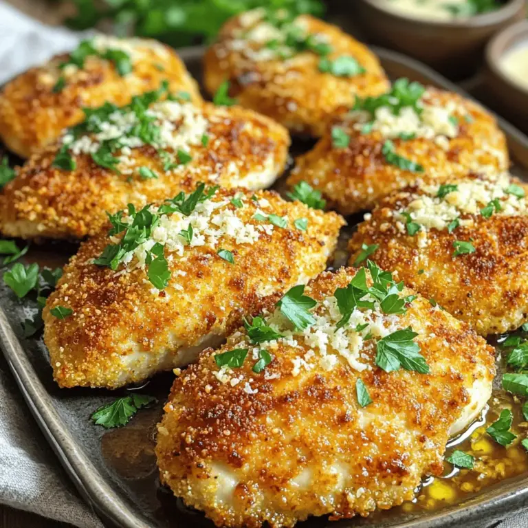 To make this dish, you need some key ingredients. Here’s the list: - 4 boneless, skinless chicken breasts - 1 cup breadcrumbs (preferably panko for extra crunch) - 1/2 cup grated Parmesan cheese - 2 teaspoons dried Italian herbs (oregano, basil, thyme) - 1 teaspoon garlic powder - 1/2 teaspoon salt - 1/4 teaspoon black pepper - 2 large eggs - 1/4 cup all-purpose flour - 4 tablespoons olive oil These ingredients give the chicken its crispy texture and rich flavor. The panko breadcrumbs add a delightful crunch that makes each bite satisfying. The garlic sauce is simple yet flavorful. You will need: - 4 cloves garlic, minced - 1/2 cup chicken broth - 2 tablespoons fresh parsley, chopped (for garnish) This sauce adds a burst of flavor to the crispy chicken. The fresh garlic gives it a nice kick, while the broth adds depth. If you don’t have some ingredients, here are some swaps: - Use regular breadcrumbs if you can’t find panko. - Grated Romano cheese works well instead of Parmesan. - For a gluten-free option, use gluten-free flour and breadcrumbs. - You can replace chicken broth with vegetable broth for a lighter flavor. These alternatives keep the dish delicious while accommodating different diets. Enjoy the process of cooking and feel free to mix it up! For the full recipe, check out the details above. Start by getting your chicken ready. I use four boneless, skinless chicken breasts. Place them on a cutting board. Make sure they are even in thickness. This helps them cook evenly. You can pound them gently between two sheets of plastic wrap. It’s an easy way to flatten them out. After that, season both sides lightly with salt and pepper. This step adds flavor right from the start. Now it's time to coat the chicken. In one shallow dish, mix breadcrumbs, grated Parmesan, Italian herbs, garlic powder, salt, and black pepper. I like using panko breadcrumbs for that extra crunch. In another dish, whisk together two large eggs. In a third dish, put about 1/4 cup of all-purpose flour. Take a chicken breast and dredge it in the flour. Shake off the extra flour. Then dip it into the egg mixture, making sure it is fully coated. Finally, press it into the breadcrumb mixture. Make sure the breadcrumbs stick well. Repeat this for all chicken breasts. They should look nice and coated. Now, preheat your oven to 400°F (200°C). Line a baking sheet with parchment paper. This makes cleanup easy. Arrange the coated chicken on the baking sheet. Drizzle the tops with two tablespoons of olive oil. This helps the chicken become golden brown. Bake in the preheated oven for 20-25 minutes. You want the chicken to be golden brown and cooked through. The internal temperature should reach 165°F (74°C). While the chicken bakes, prepare the garlic sauce. This sauce pairs perfectly with the crispy chicken. Follow the Full Recipe for detailed instructions on making the sauce. Once your chicken is done, drizzle the garlic sauce over the crispy chicken and garnish with fresh parsley. Enjoy your delicious creation! To make your chicken super crispy, use panko breadcrumbs. Panko gives a lighter crunch. Make sure to press the breadcrumbs onto the chicken. This helps them stick better. Drizzle olive oil on top before baking. It adds flavor and helps the chicken brown nicely. Bake on parchment paper. This keeps the chicken from sticking. For a tasty garlic sauce, use fresh garlic. Fresh garlic has a stronger taste than powder. Sauté the garlic until it’s fragrant, about one minute. This step builds great flavor. You can add lemon juice for a zesty twist. If you like heat, add red pepper flakes. It gives a nice kick! One mistake is not drying the chicken. Pat the chicken dry with paper towels first. This helps the coating stick better. Another mistake is overcrowding the baking sheet. Give each piece space to cook evenly. Lastly, don’t skip the resting time. Let the chicken rest for a few minutes after baking. This keeps it juicy! For the full recipe, check the earlier section for detailed steps. {{image_2}} For those who love heat, add spices to the mix. Use cayenne pepper or red pepper flakes. Start with 1/2 teaspoon and adjust to your taste. This gives your chicken a nice kick. Pair it with a cooling sauce, like ranch or yogurt, to balance the spice. Make this dish gluten-free easily. Swap out regular breadcrumbs for gluten-free ones. You can also use crushed rice or cornflakes as a crunchy option. Ensure the flour is gluten-free as well. This way, everyone can enjoy the crispy goodness. You can switch up the herbs for new flavors. Try adding fresh thyme, rosemary, or even dill. These herbs bring a fresh twist. You can also mix in spices like smoked paprika or cumin for a unique taste. Experiment with what you like best to create your perfect dish. For the full recipe, check out the detailed instructions earlier in this article. Enjoy exploring these variations! To keep your crispy Parmesan chicken fresh, store it in an airtight container. Allow the chicken to cool completely before placing it in the fridge. This helps avoid sogginess. I recommend using the chicken within three days for the best taste. When it's time to eat your leftovers, I suggest reheating them in the oven. Preheat your oven to 350°F (175°C). Place the chicken on a baking sheet. Heat for about 10-15 minutes. This keeps the chicken crispy. You can also microwave it, but it may lose some crunch. To keep it crisp in the microwave, cover it with a paper towel. If you have extra chicken, you can freeze it! Wrap each piece tightly in plastic wrap, then place them in a freezer bag. Remove as much air as possible. This helps prevent freezer burn. You can freeze the chicken for up to three months. When ready to eat, let it thaw in the fridge overnight. To restore the crispy texture, reheat in the oven. For full details, check the Full Recipe. Crispy Parmesan chicken pairs well with many sides. Here are some great options: - A simple green salad with a light vinaigrette. - Roasted vegetables, like carrots, broccoli, or zucchini. - Creamy mashed potatoes or garlic mashed potatoes. - Steamed rice or quinoa for a healthy grain option. - Garlic bread to soak up that delicious garlic sauce. These sides balance the flavors and add variety to your meal. Yes, you can prepare this dish ahead of time. Here’s how: - Coat the chicken and place it on a baking sheet. - Cover it well with plastic wrap and store it in the fridge. - Bake it fresh when you’re ready to eat. You can also make the garlic sauce in advance. Just heat it up before drizzling over the chicken. To ensure your chicken is safe to eat, check the internal temperature. Use a meat thermometer and look for 165°F (74°C). If you don’t have a thermometer, here’s a trick: - Cut into the thickest part of the chicken. - The juices should run clear, with no pink meat inside. Following these tips helps you serve perfectly cooked chicken every time. For the full recipe, check out the Crispy Parmesan Chicken with Garlic Sauce. In this post, we explored making Crispy Parmesan Chicken, from key ingredients to cooking tips. We covered garlic sauce and easy swaps for your pantry. Followed by step-by-step instructions, we ensured a perfect bake every time. I shared tricks for extra crispiness and how to avoid common pitfalls. Finally, we discussed variations and storage tips to keep your meal fresh. Now, you can enjoy delicious Crispy Parmesan Chicken at home with confidence!