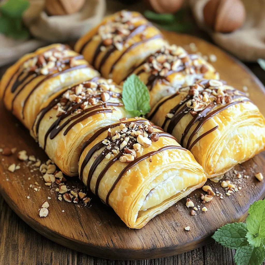 To make Nutella rolls with cream cheese, you need a few simple items. These ingredients bring rich flavors and a delightful texture. Here's what you'll need: - 1 sheet of puff pastry, thawed - 1/2 cup Nutella - 1/4 cup cream cheese, softened - 1/4 cup powdered sugar - 1 teaspoon vanilla extract - 1 egg, beaten (for egg wash) - 1 tablespoon milk (optional, for cream cheese mixture) - Optional toppings: crushed hazelnuts, chocolate drizzle, or whipped cream Gather these ingredients before starting. The puff pastry gives a flaky bite, while Nutella adds sweetness. The cream cheese balances the flavors with a creamy touch. You can customize toppings to make your rolls even more special. For the full recipe, check out the [Full Recipe]. 1. Preheat your oven to 400°F (200°C) and line a baking sheet with parchment paper. This step ensures the rolls do not stick. 2. In a small bowl, mix 1/4 cup cream cheese, 1/4 cup powdered sugar, and 1 teaspoon vanilla extract. Combine until smooth. If it is too thick, add 1 tablespoon of milk until creamy. 3. Roll out 1 sheet of thawed puff pastry on a floured surface. Smooth any creases. Cut the pastry into rectangles, about 3 inches by 5 inches. 4. Spread a layer of Nutella (1/2 cup) on each rectangle. Leave a little border around the edges. Spoon the cream cheese mixture on top of the Nutella. 5. From one edge, roll the rectangle tightly to the other side. Pinch to seal the edges. Place the rolls seam side down on the baking sheet. 1. Brush the tops of the rolls with the beaten egg. This gives them a nice golden color. 2. Bake in the preheated oven for 15-18 minutes. Look for a golden brown color and puffed-up rolls. 3. Allow the rolls to cool slightly before serving. You can drizzle melted chocolate or sprinkle crushed hazelnuts on top for added flavor. For the full recipe, you can check out the Nutella Cream Cheese Delight Rolls section. Enjoy making these sweet treats! To make the best Nutella rolls, start with the cream cheese mix. It should be smooth. Use a mixer or a whisk. If you see lumps, keep mixing. A smooth blend makes a better filling. Next, pay attention to your rolling technique. Start at one edge and roll tightly. If you roll too loosely, the filling might leak. Seal the edges with a pinch. This keeps all the yummy filling inside. For a golden color, brush the tops with the beaten egg. This will give your rolls a nice shine. Bake them until they are puffed and golden. Keep an eye on the time, around 15 to 18 minutes is best. Presentation makes a big difference. Serve the Nutella rolls warm on a nice platter. Add a side of whipped cream for dipping. A drizzle of chocolate on top makes them look fancy. For a fresh touch, add some mint leaves. They add color and a nice flavor. You can also suggest to folks to try different toppings. Crushed hazelnuts give a great crunch. These tips will make your Nutella rolls even more delightful! For the full recipe, check the details above. {{image_2}} Want to mix things up? You can use different spreads or fillings in your Nutella rolls. Try almond butter or peanut butter instead of Nutella. You can also add fresh fruit, like sliced bananas or strawberries, for a fruity twist. These flavors pair well with cream cheese and will surprise your taste buds. For toppings, think beyond the usual. Crushed hazelnuts add a nice crunch. Drizzling melted chocolate on top makes the rolls even sweeter. You could also try whipped cream or a sprinkle of sea salt for contrast. Each of these options can make your Nutella rolls unique and fun! If you need gluten-free options, look for gluten-free puff pastry. Many brands make this now, and it works just as well in the recipe. You can enjoy the same great taste without the gluten worries. Want to adapt the recipe for a vegan diet? Swap the cream cheese for a dairy-free cream cheese. You can also replace the egg wash with a mixture of almond milk and a bit of cornstarch. This will help give your rolls a nice shine while keeping them vegan. There are so many ways to make these rolls fit your diet! To keep your Nutella rolls fresh, store them in an airtight container. This helps prevent them from drying out. You can place a piece of wax paper between layers to keep them from sticking. Keep the container in the fridge for up to three days. When you're ready to enjoy your rolls again, reheating them is simple. Preheat your oven to 350°F (175°C). Place the rolls on a baking sheet and warm them for about 10 minutes. This will bring back their crispy texture. You can also use a microwave, but the oven works best for keeping them crunchy. Freezing Nutella rolls is a great option if you want to save some for later. To prepare rolls for freezing, let them cool completely first. Place them in a single layer on a baking sheet and freeze for one hour. Once frozen, wrap each roll in plastic wrap and place them in a freezer bag. They will last for up to three months. When you want to eat your frozen rolls, take them out and let them thaw in the fridge overnight. For a fresh-baked taste, preheat your oven to 375°F (190°C) and bake the rolls for about 15-20 minutes. This will help them puff up and regain their deliciousness. Enjoy your Nutella rolls warm and fresh! Can I use other types of pastry? Yes, you can use other types of pastry. Puff pastry is light and flaky. You can also use crescent roll dough for a slightly different texture. Just ensure the dough is rolled out thin for best results. How do I know when the rolls are done? Your rolls are done when they are golden brown and puffed up. Look for a nice, crispy top. If you gently press the side, they should feel firm. Can the cream cheese filling be made in advance? Yes, you can make the cream cheese filling in advance. Store it in the fridge for up to three days. Just mix it well before using it. Rolls not puffing up – why? If your rolls do not puff up, your oven may not be hot enough. Preheating is key. Also, ensure you rolled the pastry thin enough. Too thick can stop puffing. What to do if the Nutella spills during baking? If Nutella spills, don’t worry! Just let it bake. You can clean up the baking sheet later. To prevent spills, leave a small border when spreading Nutella. This blog post shows how to make delicious Nutella rolls. You learned about key ingredients like puff pastry and cream cheese. I provided step-by-step instructions for preparation and baking. Tips helped ensure your rolls are golden and tasty. I also shared variations for different diets and flavors. Lastly, storing leftover rolls correctly keeps them fresh. Try making these rolls for your next treat. Enjoy the process and the taste!