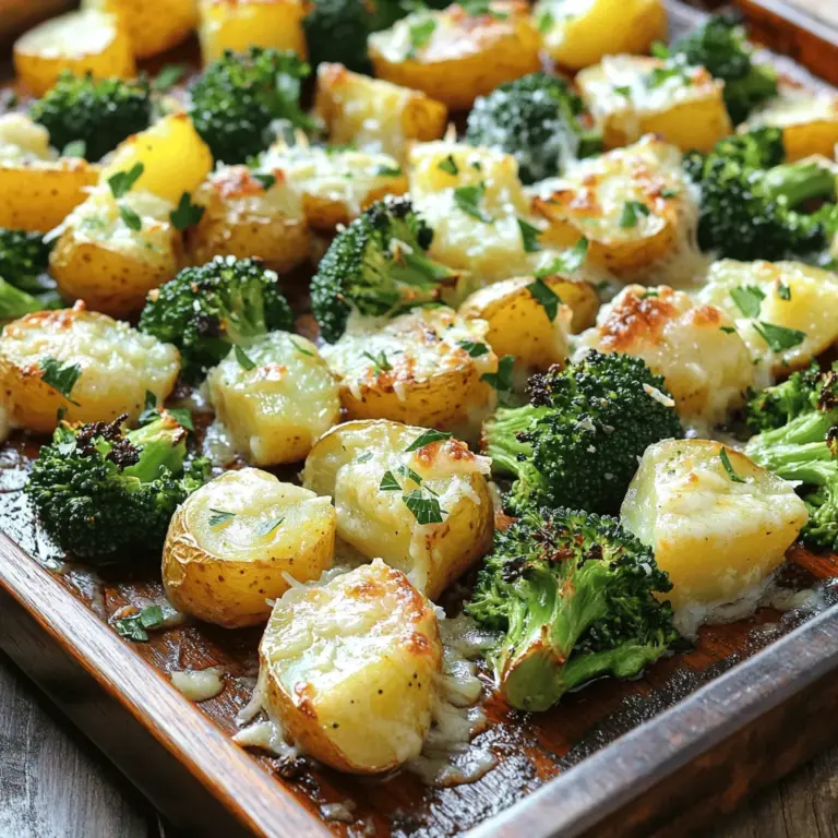 - 4 medium Yukon Gold potatoes, diced - 2 cups fresh broccoli florets - 1/2 cup grated Parmesan cheese - 3 tablespoons olive oil - 4 cloves garlic, minced - 1 teaspoon dried Italian herbs - Salt and pepper to taste - Fresh parsley for garnish (optional) The right ingredients make all the difference. I love using Yukon Gold potatoes for their creamy texture. You need fresh broccoli florets to add color and crunch. Grated Parmesan cheese gives a rich flavor that pairs perfectly with the potatoes. Olive oil helps the veggies roast nicely, while garlic adds a lovely aroma and taste. Dried Italian herbs bring a blend of herbs that brighten up the dish. Don't forget salt and pepper to enhance all those flavors! Each serving has about: - Calories: 250 - Fats: 10g - Carbohydrates: 35g - Protein: 7g This dish is hearty yet healthy. It offers a nice balance of carbs and protein, making it a perfect side or main course. - Baking sheet - Mixing bowl - Oven Having the right tools is key. A baking sheet allows for even cooking, while a mixing bowl helps combine all the ingredients. Preheating your oven ensures that your potatoes and broccoli roast perfectly. For the full recipe, check out the detailed steps in the next section! - Preheat your oven to 425°F (220°C). This helps the potatoes cook evenly. - Prepare the vegetables by washing and dicing the Yukon Gold potatoes. Cut them into bite-sized pieces. Rinse the fresh broccoli florets and set them aside. - In a large mixing bowl, toss the diced potatoes and broccoli florets with olive oil. Add minced garlic, Italian herbs, salt, and pepper. Make sure everything is well coated. - Spread the mixture onto a baking sheet in a single layer. This allows for even roasting. - Roast in the preheated oven for 20 minutes. After that, sprinkle the grated Parmesan cheese over the potatoes and broccoli. Return the baking sheet to the oven and roast for another 10-15 minutes. The potatoes should be golden brown and crispy, while the broccoli becomes tender and slightly charred. - Serve this dish warm for the best taste. Pair it with grilled chicken or fish for a complete meal. It also works well as a side with pasta dishes. To make perfect roasted potatoes and broccoli, follow a few simple tips. First, cut the potatoes and broccoli into similar sizes. This helps them cook evenly. Second, taste the mix before roasting. Add more salt, pepper, or herbs if needed. Many people make the mistake of overcrowding the baking sheet. This can lead to steaming instead of roasting. Always spread the veggies out in a single layer. Another key tip is to preheat your oven. If you skip this step, your dish may cook unevenly. Want to take your dish to the next level? Try adding extra herbs or spices. Rosemary or paprika can add a nice kick. You can also swap the Parmesan cheese for other options. Feta or cheddar can change the flavor profile and make it unique. Remember, you can find the full recipe above for more details. {{image_2}} You can switch up the veggies for fun. Try adding diced carrots or bell peppers. These options add color and taste. You can roast them the same way as potatoes and broccoli. Just cut them into similar sizes for even cooking. Feel free to mix and match based on what you have. This keeps meals fresh and exciting. If you want to change the flavor, try different cheeses. Feta gives a tangy taste. Cheddar offers a rich, creamy flavor. You can sprinkle these on top just like Parmesan. Each cheese will add its own twist to the dish. Experiment with what you enjoy the most. For a plant-based option, skip the cheese. Instead, use nutritional yeast for a cheesy flavor. It’s a great substitute packed with nutrients. Toss the vegetables with olive oil and spices as usual. This way, you keep the dish tasty and vegan-friendly. Enjoy the same roasted goodness without dairy! To keep your roasted Parmesan potatoes and broccoli fresh, store leftovers in an airtight container. Place them in the fridge. They will stay good for about three days. If you want to save them longer, freeze them. Use a freezer-safe bag or container. Make sure to remove as much air as possible. This helps prevent freezer burn. To enjoy your leftovers, reheat them in the oven. Preheat the oven to 350°F (175°C). Spread the potatoes and broccoli on a baking sheet. Heat for about 10-15 minutes or until warm. This method keeps the texture nice and crispy. You can also use a microwave, but be careful. It may make them a bit soft. In the fridge, roasted Parmesan potatoes and broccoli stay fresh for three days. If frozen, they can last up to three months. Just remember to label your containers with the date. This way, you know when to use them. For best taste, try to eat them sooner rather than later. Enjoy every bite! To make this dish, follow these simple steps: 1. Preheat your oven to 425°F (220°C). 2. In a large bowl, mix the diced potatoes and broccoli florets. 3. Drizzle olive oil over the veggies. Add minced garlic, Italian herbs, salt, and pepper. Toss to coat. 4. Spread the mixture on a baking sheet in a single layer. 5. Roast in the oven for 20 minutes. 6. After 20 minutes, sprinkle grated Parmesan cheese over the top. 7. Roast for another 10-15 minutes until golden and crispy. 8. Let cool for a few minutes and add parsley if you want. You can find the Full Recipe to follow along. Yes, you can use frozen broccoli. It saves time and works well in this dish. However, fresh broccoli gives a better texture and taste. Frozen broccoli may become softer when cooked. If you use frozen, reduce the roasting time slightly. This will help keep some crunch. Always remember to thaw and drain frozen broccoli before adding it to the dish. To achieve that desired crispiness, try these tips: - Cut potatoes into smaller pieces; this helps them cook faster and get crispier. - Ensure you spread the veggies out evenly on the baking sheet. Overcrowding can lead to steaming. - Use a high-quality olive oil for better flavor and crisp. - For extra crunch, broil the dish for the last few minutes. Just watch it closely to avoid burning. These steps will make your Roasted Parmesan Potatoes and Broccoli even more delightful! This blog post outlined a simple and tasty recipe for roasted Parmesan potatoes and broccoli. You learned about the key ingredients, nutritional info, and necessary equipment. I shared step-by-step instructions to help you prepare and cook the dish perfectly. Tips and variations help you customize flavors. Lastly, proper storage methods ensure your leftovers last longer. Enjoy experimenting with this recipe to suit your taste and share it with others. Cooking should be fun and easy, so get started and savor this delicious meal!