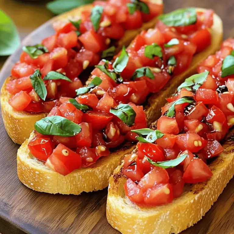 - 6 ripe tomatoes, diced - 1/4 cup fresh basil, chopped - 2 cloves garlic, minced - 1 tablespoon balsamic vinegar - 2 tablespoons extra virgin olive oil - Salt and pepper to taste - 1 French baguette, sliced - 1/2 teaspoon red pepper flakes (optional) Each serving of Classic Tomato Bruschetta has about 150 calories. It contains 7 grams of fat, 18 grams of carbs, and 2 grams of protein. This makes it a tasty yet light snack. You can enjoy it without too much guilt! For the full recipe, check out the Classic Tomato Bruschetta. Start by dicing six ripe tomatoes. I love using fresh, juicy tomatoes for the best flavor. Then, chop a quarter cup of fresh basil and mince two cloves of garlic. In a medium bowl, combine the diced tomatoes, basil, garlic, one tablespoon of balsamic vinegar, and two tablespoons of extra virgin olive oil. Mix gently but well to ensure every piece gets coated. This mixture will be the heart of your bruschetta. Next, season your tomato mixture. Add salt and pepper to taste. If you enjoy a bit of heat, sprinkle in half a teaspoon of red pepper flakes. Mix everything again to distribute the seasonings evenly. Let this sit for about 15 to 20 minutes. This waiting time allows the flavors to meld together, creating a delightful taste. While your tomato mixture marinates, it’s time to prepare the bread. Preheat your oven to 400°F (200°C). Slice a French baguette into thin pieces. Place the slices on a baking sheet. Lightly brush each slice with olive oil for extra flavor. Toast the bread in the oven for about 5 to 7 minutes until it turns golden and crisp. Keep an eye on it to avoid burning. Once done, remove the toasted baguette from the oven and let it cool slightly. When you're ready, top each slice with the marinated tomato mixture. Spoon it generously for the best taste. Enjoy your fresh and flavorful classic tomato bruschetta! Choosing the right tomatoes is key for great bruschetta. Look for tomatoes that feel heavy for their size. They should have smooth, firm skin and a rich color. Smell the stem end; it should smell fresh and sweet. If you can, buy them at a local market. They often have better flavor than store-bought ones. I love using heirloom tomatoes for their unique taste and color. Toasting the bread brings out its flavor and crunch. You can use a grill for a smoky touch. Just place the slices on the grill for a few minutes on each side. If you want a quick method, use the broiler. Place the bread on a baking sheet and watch it closely. It toasts fast, so don’t leave it unattended. Either method adds a nice texture to your bruschetta. Serving bruschetta well makes it even more enjoyable. Arrange the slices on a nice platter. Drizzle a little olive oil on top for shine. You can also add more fresh basil leaves for color. For extra flair, sprinkle some balsamic reduction over the top. This not only looks pretty but adds more flavor. Serve it right away for the best taste and texture. {{image_2}} You can switch up your tomatoes for a fun twist. Cherry tomatoes add a sweet burst. Heirloom varieties bring unique colors and flavors. Each type gives a different taste and look. Feel free to mix and match for a fresh touch. Think about adding more toppings to your bruschetta. Crumbled cheese, like feta or goat cheese, adds creaminess. Sliced avocados bring a rich, smooth texture. Chopped olives add a salty kick. Each topping can make your dish even better. Bruschetta pairs well with many drinks and snacks. A glass of white wine complements the tomato flavors. You can also serve it with other appetizers. Try it with a fresh salad or a cheese board. This makes for a great gathering option. For the full recipe, check the section above. To keep your bruschetta fresh, store the tomato mixture and the toasted bread separately. The tomato mix can go in an airtight container. Place it in the fridge for up to two days. Avoid storing the mixture with the bread. This keeps the bread crunchy. For the toasted bread, place it in a paper bag. This helps to maintain its crispiness while it cools. If you have leftover bruschetta, reheating is simple. You can bake the bread in the oven at 350°F (175°C) for about five minutes. This brings back its crunch. Avoid using a microwave, as it makes the bread chewy. If you want, you can also place the tomato mixture in a pan and heat it gently. Just warm it up until it's nice and cozy. When stored properly, the tomato mixture lasts about two days in the fridge. The toasted bread is best eaten on the same day. If you store the bread in an airtight container, it stays good for one day. Always check for any signs of mold or spoilage before using the ingredients. Yes, you can prep bruschetta in advance. However, keep the bread and toppings separate. - Prepare the tomato mixture: Make the tomato mix a few hours ahead. Let it sit in the fridge to chill. - Toast the bread: Toast the baguette slices right before serving. This keeps them crisp. The best bread for bruschetta is a firm, crusty type. Here are my top picks: - French baguette: Its crisp crust is perfect for holding toppings. - Ciabatta: This Italian bread adds a nice chewiness. - Sourdough: It offers a tangy flavor and great texture. To avoid soggy bruschetta, follow these simple tips: - Use fresh tomatoes: Look for ripe but firm tomatoes. - Drain excess liquid: Let the tomato mix sit in a strainer for a few minutes. - Toast the bread well: Make sure it’s golden brown and crisp. Bruschetta hails from Italy, specifically from the region of Tuscany. It has roots in rural cooking. - Farmers used to grill bread over an open flame. - They topped it with fresh ingredients from their gardens. - Today, it remains a favorite across Italy and beyond, symbolizing simple yet tasty food. For the full Classic Tomato Bruschetta recipe, check out the complete guide [here](#). To make classic tomato bruschetta, we gathered fresh tomatoes, basil, and garlic. We combined these flavors with balsamic vinegar and olive oil for a tasty mix. Toasting your bread adds a nice crunch. You can explore variations, like using cherry tomatoes or adding cheese. Remember to store your bruschetta correctly for the best taste. With these simple steps and tips, you can impress your friends. Enjoy making and sharing this delicious appetizer!