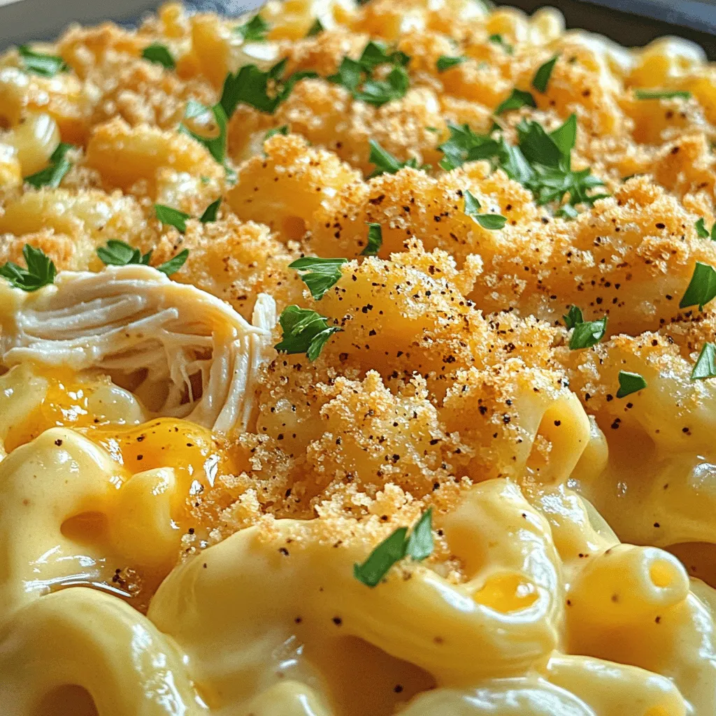 - 8 ounces elbow macaroni - 2 cups cooked chicken, shredded - 3 cups shredded sharp cheddar cheese - 1 cup cream cheese, softened The base of this dish is the elbow macaroni. It cooks up soft and holds the creamy sauce well. The cooked chicken adds protein and flavor. I like to use shredded chicken, as it blends nicely. Cheddar cheese gives that rich taste, while cream cheese adds smoothness. Together, they create a creamy sauce that coats the pasta beautifully. - ½ cup honey - 1 teaspoon black pepper - 1 tablespoon Dijon mustard Honey brings sweetness to balance the spice. Black pepper gives a kick that makes it exciting. Dijon mustard adds depth and a slight tang. This mix of flavors creates a unique twist on classic mac and cheese. You’ll find that a little goes a long way in enhancing the dish. - Fresh parsley, chopped - 1 cup breadcrumbs Garnishes are where you can get creative. Fresh parsley brightens the dish and adds color. It also brings a fresh taste. Breadcrumbs give a crispy topping that contrasts the creamy pasta. You can use plain or seasoned breadcrumbs based on your taste. These small touches make your meal look and taste gourmet. For the full recipe, check out the detailed instructions. Enjoy making your creamy honey pepper chicken mac and cheese! To cook elbow macaroni, bring a large pot of salted water to a boil. Add the macaroni and stir occasionally. Cook according to the package until it's al dente, which means it should still have a slight bite. This usually takes about 7-9 minutes. Once done, drain the pasta in a colander and set it aside. This step is crucial for the perfect texture. For the chicken, use cooked chicken, shredded into pieces. Heat olive oil in a skillet over medium heat. Add the chicken, then sprinkle it with black pepper and garlic powder. Sauté the chicken for about 3-4 minutes. This warms the chicken and brings out its flavor. Timing is key; you want the chicken hot but not overcooked. To create the cheese sauce, combine shredded cheddar and cream cheese in a large saucepan. Add whole milk, honey, and Dijon mustard. Use low heat and stir continuously. This helps the cheese melt evenly. Keep stirring until the sauce is smooth and creamy. To avoid lumps, ensure the heat is low and mix well. Now, add the cooked macaroni and sautéed chicken to the cheese sauce. Use a spatula to fold them gently. This helps coat each piece of pasta evenly with the sauce. Make sure all ingredients are well mixed. An even coating ensures every bite is flavorful. Preheat your oven to 350°F (175°C). Transfer the mac and cheese mixture into a greased baking dish. Sprinkle breadcrumbs evenly over the top. This adds a nice crunch. Bake in the preheated oven for 20-25 minutes. The top should turn golden brown and crispy. This step makes your dish look inviting and adds texture. This is a simple yet delicious way to make Creamy Honey Pepper Chicken Mac & Cheese. For the complete steps, check out the Full Recipe. For this recipe, gather some key tools: - Large pot for boiling pasta - Skillet for sautéing chicken - Large saucepan for the cheese sauce - Baking dish for the final bake - Mixing spoon for combining ingredients To keep your workspace tidy: - Set out all ingredients before cooking. - Use measuring cups and spoons for accuracy. - Clean as you go to avoid mess. Plating can make your dish pop. Here are some ideas: - Serve in shallow bowls to show off the cheese. - Garnish with fresh parsley for a bright touch. - Sprinkle extra black pepper on top for added flair. For side dishes, consider: - A simple green salad for freshness. - Steamed broccoli for a healthy crunch. - Garlic bread to soak up that creamy sauce. To ensure creaminess: - Use low heat when melting cheese. - Stir constantly to avoid lumps. - Add milk slowly for a smooth texture. For visual appeal: - Use a mix of cheeses for color. - Make sure the breadcrumbs are toasted for crunch. - Layer ingredients well in the baking dish for a nice look. For the full recipe, check out the details above. {{image_2}} You can make the dish dairy-free by using plant-based cheese and milk. Look for brands that melt well. Cashew or almond milk can replace whole milk. For a protein swap, try tofu or shrimp instead of chicken. They provide great flavor while keeping it healthy. If you want more spice, add crushed red pepper flakes or jalapeños. Smoked paprika also gives a nice kick. To change the sweetness, try different types of honey like clover or wildflower. Each type has a unique taste that can change the dish. You can make a stovetop version by cooking everything in one pot. Just melt the cheese and mix it with the cooked pasta and chicken. For a slow cooker, add all ingredients and cook on low for a few hours. This method makes it easy and hands-off. For the Full Recipe, check the earlier sections to get all the details you need to create your creamy honey pepper chicken mac and cheese. To keep your creamy honey pepper chicken mac and cheese fresh, store it right. First, let the dish cool down. Then, place it in an airtight container. This helps keep moisture in and prevents the dish from drying out. You can keep it in the fridge for a few days. For freezing, use a freezer-safe container. Make sure to leave some space at the top. When freezing, the dish can last for about three months. Just remember to label the container with the date. When it’s time to enjoy leftovers, you have a few good options. The best method is to reheat in the oven. Preheat your oven to 350°F (175°C). Place the dish in a baking pan and cover with foil. This will keep it moist. Heat for about 20 minutes or until warm. You can also use the microwave. Place a portion in a microwave-safe bowl. Add a splash of milk to keep it creamy. Heat in short bursts, stirring in between, until hot. In the fridge, your mac and cheese will stay good for about three days. To extend its freshness, keep it sealed tightly and away from strong-smelling foods. If you freeze it, make sure to eat it within three months for the best taste. After that, it might lose flavor and texture. Remember, proper storage is key to enjoying this dish later! Yes, you can switch up the pasta! Here are some great options: - Penne - Fusilli - Shells - Cavatappi These shapes hold the sauce well. Choose your favorite or whatever you have at home. Want some heat? Here are a few ways to spice it up: - Add crushed red pepper flakes. - Mix in some diced jalapeños. - Use spicy cheddar cheese. Start small, then taste. Adjust to your spice level! Yes, you can prep this dish in advance! Here’s how: - Cook the pasta and chicken. - Make the cheese sauce. - Combine all ingredients and place in a baking dish. Cover it and store it in the fridge for up to 24 hours. Just bake it when you're ready! Absolutely! Here are some tips for a gluten-free dish: - Use gluten-free pasta. - Check the labels on cheese and mustard for gluten. These swaps can keep the creamy texture and great taste while being gluten-free. Here’s a quick look at the nutrition for one serving: - Calories: about 620 - Protein: 35g - Carbs: 50g - Fat: 30g These numbers may vary based on your choices. For full details, check the Full Recipe. In this post, we explored how to make a creamy macaroni dish with chicken, cheese, and spices. We covered the key ingredients, step-by-step cooking instructions, and even storage tips. You now have ideas for variations and how to enhance flavors. Remember, cooking should be fun and creative. Try new things, experiment with flavors, and enjoy each bite. Your kitchen can be your playground, so go ahead and make this dish your own!