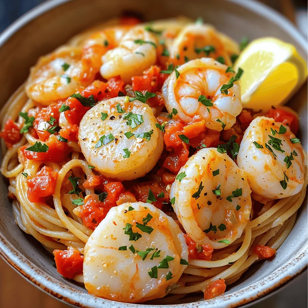 - 200g spaghetti or linguine - 150g large shrimp, peeled and deveined - 150g scallops, cleaned - 3 tablespoons olive oil - 3 cloves garlic, minced - 1 small onion, finely chopped - 1 can (400g) diced tomatoes - 1 teaspoon red pepper flakes - 1 tablespoon fresh lemon juice - Salt and pepper to taste - Fresh parsley, chopped, for garnish - Zest of 1 lemon - Additional optional ingredients (e.g., white wine, capers) To create a flavorful dish, use high-quality seafood. Fresh shrimp and scallops are the stars here. You want the shrimp to be firm and pink. The scallops should be sweet and slightly translucent when cooked. Olive oil adds richness, while garlic and onion bring depth. The diced tomatoes create a nice base for the sauce. Lemon juice and zest offer a bright taste that balances the dish. Red pepper flakes add a kick; adjust to your spice level. You can also add white wine for a richer flavor or capers for a briny touch. These extra ingredients can elevate the dish even further. Don't forget the fresh parsley! It adds color and freshness. With this list, you're on your way to making a delicious seafood pasta. Check out the Full Recipe for detailed instructions! To start, get a large pot and fill it with water. Add salt to the water. Bring it to a boil. Once the water is boiling, add your pasta. I love using spaghetti or linguine for this dish. Cook the pasta until it is al dente, which usually takes about 8-10 minutes. Drain the pasta but save about 1 cup of that pasta water. This water is great for later. Next, grab a large skillet and heat up some olive oil over medium heat. I usually use about 3 tablespoons. Once the oil shimmers, add in a finely chopped onion. Sauté the onion until it turns translucent, which should take about 3-4 minutes. Now, add minced garlic and red pepper flakes. Cook this mixture for another minute until it smells amazing. Now, it’s time for the fun part! Pour in a can of diced tomatoes, juice and all. Stir it well and season with salt and pepper. Let this simmer for around 5-7 minutes. This helps thicken the sauce and brings out the flavors. After that, gently toss in the shrimp and scallops. Cook them until the shrimp turns pink and the scallops look opaque, which should take about 3-4 minutes. Finally, add the drained pasta into the skillet. Toss everything together until the pasta is well coated with the sauce. If the dish seems dry, add some of that reserved pasta water until it reaches your desired consistency. For an extra burst of flavor, stir in some fresh lemon juice and lemon zest. This adds a nice brightness to the dish! You can find the full recipe for this delightful dish under the title "Seaside Delight Seafood Pasta." Enjoy your cooking adventure! - Choosing fresh shrimp and scallops: Look for shrimp that has a firm texture and a slight sheen. Scallops should smell like the ocean, not fishy. Fresh seafood makes a big difference in taste. - Tips for achieving the right texture: Do not overcook your seafood. Shrimp cooks quickly; it only takes about 3-4 minutes. Scallops should be opaque and slightly firm. Keep an eye on them to prevent rubberiness. - How to adjust seasoning with herbs and spices: Fresh herbs like parsley and basil brighten the dish. Add red pepper flakes for heat. A pinch of salt and a squeeze of lemon juice can enhance all the flavors. - Recommended wine pairings for extra flavor: A crisp white wine, like Sauvignon Blanc or Pinot Grigio, pairs well. It can add depth to the dish and balance the seafood's richness. - Best practices for plating and garnishing: Serve your seafood pasta in wide, shallow bowls. Top with fresh parsley and a lemon wedge for a pop of color. This adds a nice touch to your plate. - Adding side dishes that complement seafood pasta: A simple green salad or garlic bread works well. These sides add freshness and crunch to your meal. They round out the dining experience nicely. For more details on making this delightful dish, check out the Full Recipe. {{image_2}} You can switch up the seafood in this dish. Mussels and clams work great. They add a nice briny flavor. You can also try crab or lobster for a richer taste. When using mussels or clams, just steam them until they open. Toss them in with the shrimp and scallops. This way, you get a mix of textures and tastes. Each seafood type brings its own twist to the dish. If you want a vegetarian version, use veggies instead of seafood. You can add zucchini, bell peppers, or mushrooms. Start by sautéing them just like you would with the seafood. Toss in some cooked chickpeas for protein. This will make your pasta filling and tasty. You can also use a plant-based cream sauce for a creamy texture. The flavors of garlic and tomatoes will still shine through. For a gluten-free option, choose gluten-free pasta. There are many brands available now. Look for options made from rice, quinoa, or chickpeas. They have great flavors and textures. Cook them just like regular pasta. Be sure to check the package for the right cooking time. This way, you won’t end up with mushy pasta. Using gluten-free pasta lets everyone enjoy this dish. It keeps the same delicious taste while being safe for those with gluten sensitivities. To keep your seafood pasta fresh, store it in an airtight container. Make sure it cools to room temperature before sealing. This helps prevent moisture build-up. You can store it in the fridge for up to three days. After that, the seafood may not taste as good. When reheating seafood pasta, use low heat on the stove. This method helps keep the pasta from getting mushy. Add a splash of water or broth to help steam the pasta back to life. Stir gently to avoid overcooking the shrimp and scallops. You want them to stay tender and juicy. Enjoy your meal again without losing its fresh flavor. To make this tasty dish, it takes about 15 minutes to prep and 15 minutes to cook. You'll spend a total of 30 minutes from start to finish. This recipe serves 2-3 people, perfect for a small dinner or a cozy date night. Yes, you can make this seafood pasta ahead of time. For meal prep, cook the pasta and sauce separately. Store each in airtight containers. Keep the seafood in the fridge too. When ready to eat, reheat the sauce, add the seafood, and then mix in the pasta. This keeps everything fresh and tasty. Pair this seafood pasta with a fresh salad, like a classic Caesar or a simple arugula salad. Garlic bread also makes a great side. For drinks, a crisp white wine, like Sauvignon Blanc, complements the flavors well. For detailed guidance, check out the full recipe for "Seaside Delight Seafood Pasta." In this blog post, we explored a delightful seafood pasta with shrimp and scallops. You learned about key ingredients, step-by-step cooking methods, and helpful tips for perfecting your dish. I shared variations for dietary needs and storage advice for leftovers. By making this seafood pasta, you can enjoy a delicious meal any night. The process is easy, and the flavors impress everyone. Dive into creating this dish and savor the results. Enjoy your cooking adventure!