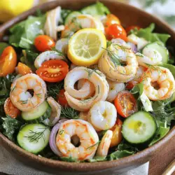 - 1 cup cooked shrimp, peeled and deveined - 1 cup cooked scallops, roughly chopped - 1 cup calamari rings, cooked and sliced Seafood salad shines with fresh, quality ingredients. You can use shrimp, scallops, and calamari. These three seafood types create a perfect blend. Cooked shrimp adds sweetness. Scallops give a tender bite. Calamari adds a unique texture. - 1 cup mixed greens (arugula, spinach, and baby kale) - 1/2 cup cherry tomatoes, halved - 1/2 cucumber, diced - 1/4 red onion, thinly sliced - 1/4 cup black olives, sliced - 2 tablespoons capers, rinsed - 1 avocado, diced - Fresh dill, for garnish Fresh veggies bring bright flavors. Mixed greens like arugula and spinach add crunch. Cherry tomatoes offer a juicy pop. Cucumbers keep it cool. Red onions add a slight bite. Black olives give richness. Capers provide saltiness. Diced avocado adds creaminess. Finish with fresh dill for a burst of herb flavor. - 1 lemon, juiced - 3 tablespoons olive oil - Salt and pepper to taste The dressing is simple but flavorful. Lemon juice adds zest. Olive oil brings smoothness. Season it with salt and pepper for balance. This combination enhances all the flavors in the salad. For a full recipe, check out Ocean Bliss Seafood Salad 🦞. To start, gather your seafood. You need cooked shrimp, scallops, and calamari. In a large mixing bowl, combine the shrimp, scallops, and calamari. Gently toss them together. You want the seafood mixed well but not broken apart. This keeps each piece intact and tasty. Next, it's time to add the vegetables. Toss in the mixed greens, cherry tomatoes, cucumber, red onion, black olives, and capers. This mix adds crunch and color. Then, drizzle the olive oil and lemon juice over the salad. Sprinkle with salt and pepper to taste. This simple dressing brings out the seafood's flavor. Gently toss the ingredients together. Make sure everything is coated evenly without breaking the seafood. Finally, fold in the diced avocado last. This prevents mashing the avocado. Let the salad sit for about 5 minutes. This time allows the flavors to meld. Serve immediately, garnished with fresh dill on top for a lovely finish. For the full recipe, check out the Ocean Bliss Seafood Salad. To keep your seafood salad fresh, avoid over-mixing. When you combine the shrimp, scallops, and calamari, use a light touch. This helps the seafood stay whole and tender. A gentle toss is all you need to mix the seafood well. When mashing avocado, use a fork. This gives you control over the texture. You want it creamy, not mushy. If you prefer, leave some chunks for added texture. For an attractive dish, serve the salad in individual bowls. This makes it easy for guests to enjoy. You can also use a large platter. Garnish with lemon wedges and a sprinkle of dill. This adds color and makes it look more inviting. Pair your salad with crusty bread or a light soup. These sides balance the meal and add heartiness. To boost flavor, consider adding dressings. A simple vinaigrette works well. A mix of lemon juice, olive oil, and a pinch of salt is tasty. You can also add herbs like dill or parsley for extra zing. Balancing acidity and richness is key. If the salad feels too tangy, add a bit more avocado. This adds creaminess and helps mellow the flavors. For more detailed instructions, check out the Full Recipe. {{image_2}} You can swap shrimp for crab or lobster. This change adds a rich taste to your salad. Crab has a sweet flavor, while lobster offers a nice buttery bite. Both options elevate your dish. You can also use different fish like salmon or tuna. These fish bring a hearty texture and unique taste. Always choose fresh seafood for the best results. If you want a veggie version, try plant-based seafood. There are many great options like seaweed or tofu. These mimic the taste of seafood well. You can also add more vegetables like bell peppers or avocados. Legumes like chickpeas or black beans boost protein and flavor. This way, you create a salad that’s just as filling. For a fun twist, try Asian-inspired ideas. Use sesame oil and soy sauce to spice things up. Add ingredients like mango or cilantro for brightness. You can also create a Mediterranean version. Mix in olives and feta cheese for a salty kick. These flavors give your salad a whole new feel. Explore these variations to make your seafood salad exciting. For a complete guide, check out the Full Recipe. To keep your seafood salad fresh, always refrigerate it. Place the salad in an airtight container. This helps prevent it from drying out. You can also cover the bowl with plastic wrap. It’s best to store it in the coldest part of your fridge. Avoid keeping it in the door, as that area is warmer. Seafood salad can last about three days in the fridge. After that, the seafood may spoil. Watch for signs like a sour smell or change in color. If you see any slimy texture, it's time to toss it out. Freshness is key for taste and safety. I recommend not reheating seafood salad. The seafood can become rubbery, ruining the texture. Instead, think of creative ways to use leftovers. You can add it to a sandwich or mix it into pasta. You can even top a baked potato with it. These ideas keep your meals exciting and reduce food waste. For the full recipe, check the Ocean Bliss Seafood Salad. Yes, you can. To prep seafood salad in advance, follow these steps: - Cook your seafood and let it cool. - Mix the seafood with chopped veggies and dressing. - Store it in an airtight container in the fridge. - Serve it the next day for the best flavor. This way, the flavors blend nicely, and you save time. The best seafood for salad includes: - Shrimp - Scallops - Calamari - Crab - Lobster These seafood options offer great taste and texture. Choose what you love most! To keep seafood tender, remember these tips: - Cook seafood quickly over high heat. - Avoid overcooking; it should be just opaque. - Use a meat thermometer to check for doneness. These steps ensure your seafood is soft and juicy. Here are some great side dishes and complements: - Crusty bread or garlic bread - A light soup, like tomato basil - Fresh fruit, such as melon or berries These options enhance your meal and balance flavors. Seafood salad is healthy and packed with benefits. Here’s a quick overview: - High in protein from seafood - Rich in vitamins from fresh veggies - Healthy fats from olive oil and avocado A typical serving has around 300-400 calories. Enjoy a tasty, nutritious meal with this seafood salad! For the full recipe, check out Ocean Bliss Seafood Salad. We explored how to make a tasty seafood salad with key ingredients, step-by-step instructions, and helpful tips. You learned about perfect textures, serving ideas, and variations to suit any taste. Fresh seafood paired with colorful veggies creates a vibrant dish. Remember to store it right for freshness. Whether you make it classic or try international twists, enjoy every bite knowing it’s nutritious. Experiment and have fun in the kitchen! With practice, your seafood salad will impress everyone.