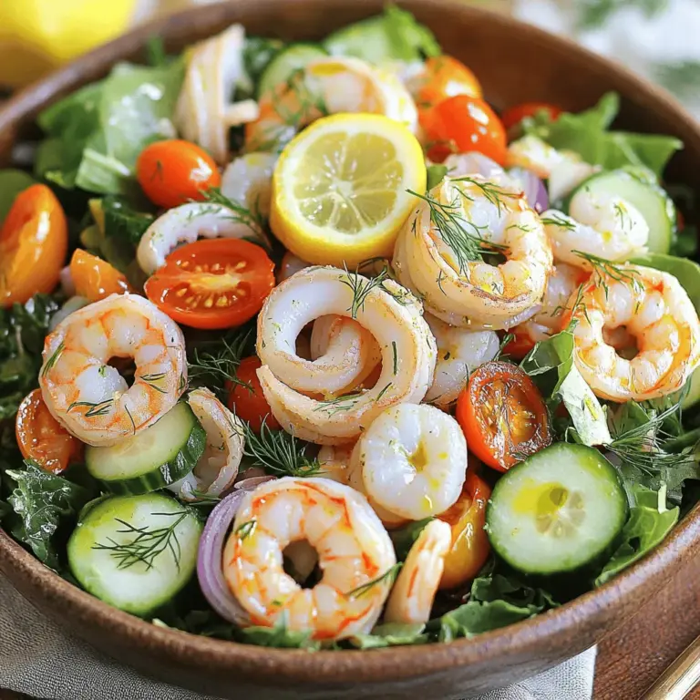 - 1 cup cooked shrimp, peeled and deveined - 1 cup cooked scallops, roughly chopped - 1 cup calamari rings, cooked and sliced Seafood salad shines with fresh, quality ingredients. You can use shrimp, scallops, and calamari. These three seafood types create a perfect blend. Cooked shrimp adds sweetness. Scallops give a tender bite. Calamari adds a unique texture. - 1 cup mixed greens (arugula, spinach, and baby kale) - 1/2 cup cherry tomatoes, halved - 1/2 cucumber, diced - 1/4 red onion, thinly sliced - 1/4 cup black olives, sliced - 2 tablespoons capers, rinsed - 1 avocado, diced - Fresh dill, for garnish Fresh veggies bring bright flavors. Mixed greens like arugula and spinach add crunch. Cherry tomatoes offer a juicy pop. Cucumbers keep it cool. Red onions add a slight bite. Black olives give richness. Capers provide saltiness. Diced avocado adds creaminess. Finish with fresh dill for a burst of herb flavor. - 1 lemon, juiced - 3 tablespoons olive oil - Salt and pepper to taste The dressing is simple but flavorful. Lemon juice adds zest. Olive oil brings smoothness. Season it with salt and pepper for balance. This combination enhances all the flavors in the salad. For a full recipe, check out Ocean Bliss Seafood Salad 🦞. To start, gather your seafood. You need cooked shrimp, scallops, and calamari. In a large mixing bowl, combine the shrimp, scallops, and calamari. Gently toss them together. You want the seafood mixed well but not broken apart. This keeps each piece intact and tasty. Next, it's time to add the vegetables. Toss in the mixed greens, cherry tomatoes, cucumber, red onion, black olives, and capers. This mix adds crunch and color. Then, drizzle the olive oil and lemon juice over the salad. Sprinkle with salt and pepper to taste. This simple dressing brings out the seafood's flavor. Gently toss the ingredients together. Make sure everything is coated evenly without breaking the seafood. Finally, fold in the diced avocado last. This prevents mashing the avocado. Let the salad sit for about 5 minutes. This time allows the flavors to meld. Serve immediately, garnished with fresh dill on top for a lovely finish. For the full recipe, check out the Ocean Bliss Seafood Salad. To keep your seafood salad fresh, avoid over-mixing. When you combine the shrimp, scallops, and calamari, use a light touch. This helps the seafood stay whole and tender. A gentle toss is all you need to mix the seafood well. When mashing avocado, use a fork. This gives you control over the texture. You want it creamy, not mushy. If you prefer, leave some chunks for added texture. For an attractive dish, serve the salad in individual bowls. This makes it easy for guests to enjoy. You can also use a large platter. Garnish with lemon wedges and a sprinkle of dill. This adds color and makes it look more inviting. Pair your salad with crusty bread or a light soup. These sides balance the meal and add heartiness. To boost flavor, consider adding dressings. A simple vinaigrette works well. A mix of lemon juice, olive oil, and a pinch of salt is tasty. You can also add herbs like dill or parsley for extra zing. Balancing acidity and richness is key. If the salad feels too tangy, add a bit more avocado. This adds creaminess and helps mellow the flavors. For more detailed instructions, check out the Full Recipe. {{image_2}} You can swap shrimp for crab or lobster. This change adds a rich taste to your salad. Crab has a sweet flavor, while lobster offers a nice buttery bite. Both options elevate your dish. You can also use different fish like salmon or tuna. These fish bring a hearty texture and unique taste. Always choose fresh seafood for the best results. If you want a veggie version, try plant-based seafood. There are many great options like seaweed or tofu. These mimic the taste of seafood well. You can also add more vegetables like bell peppers or avocados. Legumes like chickpeas or black beans boost protein and flavor. This way, you create a salad that’s just as filling. For a fun twist, try Asian-inspired ideas. Use sesame oil and soy sauce to spice things up. Add ingredients like mango or cilantro for brightness. You can also create a Mediterranean version. Mix in olives and feta cheese for a salty kick. These flavors give your salad a whole new feel. Explore these variations to make your seafood salad exciting. For a complete guide, check out the Full Recipe. To keep your seafood salad fresh, always refrigerate it. Place the salad in an airtight container. This helps prevent it from drying out. You can also cover the bowl with plastic wrap. It’s best to store it in the coldest part of your fridge. Avoid keeping it in the door, as that area is warmer. Seafood salad can last about three days in the fridge. After that, the seafood may spoil. Watch for signs like a sour smell or change in color. If you see any slimy texture, it's time to toss it out. Freshness is key for taste and safety. I recommend not reheating seafood salad. The seafood can become rubbery, ruining the texture. Instead, think of creative ways to use leftovers. You can add it to a sandwich or mix it into pasta. You can even top a baked potato with it. These ideas keep your meals exciting and reduce food waste. For the full recipe, check the Ocean Bliss Seafood Salad. Yes, you can. To prep seafood salad in advance, follow these steps: - Cook your seafood and let it cool. - Mix the seafood with chopped veggies and dressing. - Store it in an airtight container in the fridge. - Serve it the next day for the best flavor. This way, the flavors blend nicely, and you save time. The best seafood for salad includes: - Shrimp - Scallops - Calamari - Crab - Lobster These seafood options offer great taste and texture. Choose what you love most! To keep seafood tender, remember these tips: - Cook seafood quickly over high heat. - Avoid overcooking; it should be just opaque. - Use a meat thermometer to check for doneness. These steps ensure your seafood is soft and juicy. Here are some great side dishes and complements: - Crusty bread or garlic bread - A light soup, like tomato basil - Fresh fruit, such as melon or berries These options enhance your meal and balance flavors. Seafood salad is healthy and packed with benefits. Here’s a quick overview: - High in protein from seafood - Rich in vitamins from fresh veggies - Healthy fats from olive oil and avocado A typical serving has around 300-400 calories. Enjoy a tasty, nutritious meal with this seafood salad! For the full recipe, check out Ocean Bliss Seafood Salad. We explored how to make a tasty seafood salad with key ingredients, step-by-step instructions, and helpful tips. You learned about perfect textures, serving ideas, and variations to suit any taste. Fresh seafood paired with colorful veggies creates a vibrant dish. Remember to store it right for freshness. Whether you make it classic or try international twists, enjoy every bite knowing it’s nutritious. Experiment and have fun in the kitchen! With practice, your seafood salad will impress everyone.