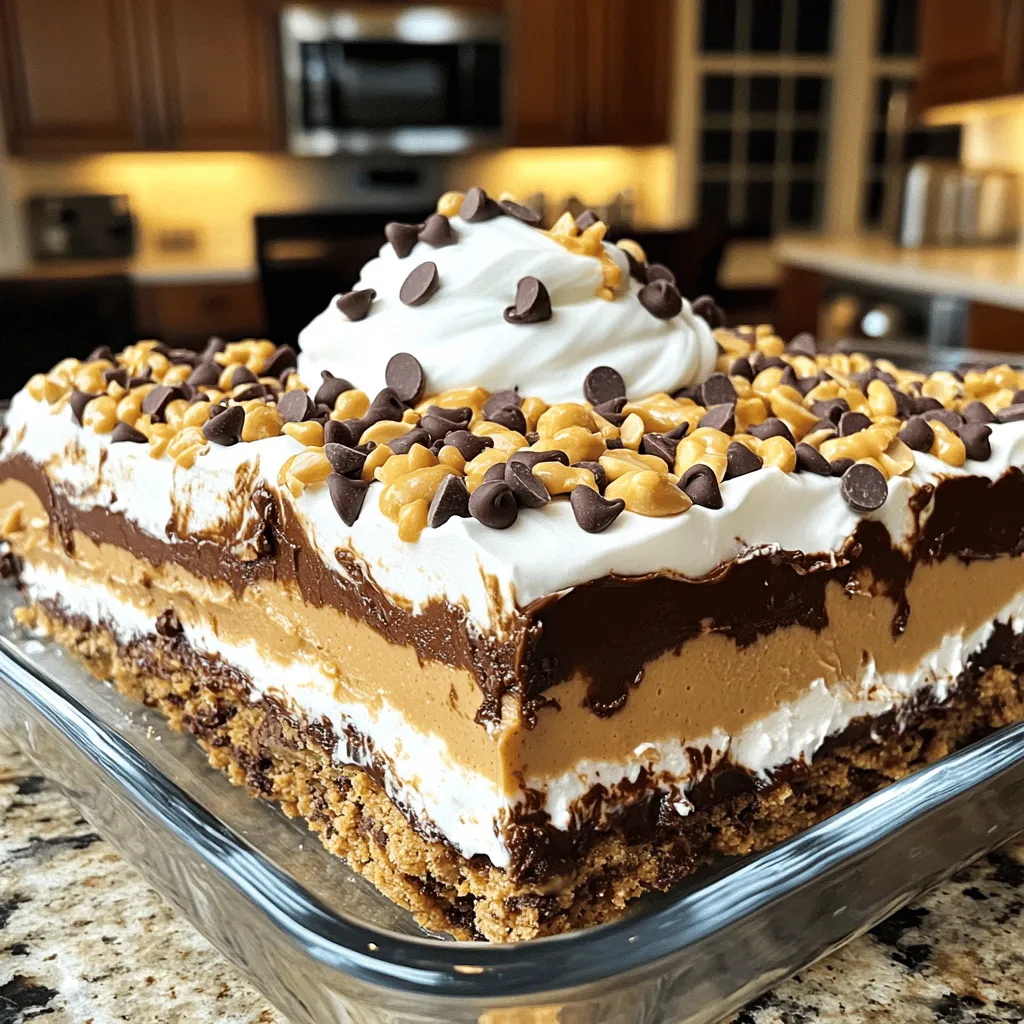 To create the delicious chocolate peanut butter lasagna, you will need a few key ingredients. Each one plays an important role in making this dessert rich and tasty. - 1 (14.4 oz) package of chocolate graham crackers - 1 cup creamy peanut butter - 1 cup powdered sugar - 8 oz cream cheese, softened - 2 cups whipped topping (like Cool Whip) - 2 cups milk - 1 (3.9 oz) package of instant chocolate pudding mix - 1 (3.9 oz) package of instant vanilla pudding mix - 1 cup chocolate chips (for garnish) - 2 tablespoons crushed peanuts (for garnish) Each ingredient has its part in this treat. The chocolate graham crackers form the base, giving a crunchy texture. The creamy peanut butter and powdered sugar mixture adds sweetness and richness. The cream cheese and whipped topping layer brings a light and fluffy feel. The pudding mixes, chocolate and vanilla, create a smooth, creamy layer that ties it all together. Make sure you gather all these items before you start. Having everything ready makes the process easier and more fun. Enjoy the cooking! 1. Mix the peanut butter, sugar, and cream cheese. In a medium bowl, combine 1 cup of creamy peanut butter, 1 cup of powdered sugar, and 8 oz of softened cream cheese. Use a hand mixer or a spatula to mix until it is smooth and creamy. This mix will be the first layer of flavor. 2. Prepare chocolate and vanilla pudding mixtures. In a separate bowl, whisk together 1 package of instant chocolate pudding mix and 2 cups of milk. Keep whisking for about 2 minutes until it thickens. Repeat this with the vanilla pudding mix. Set both pudding bowls aside. They will add a nice creamy texture. 3. Layer the dessert in the baking dish. Grab a 9x13 inch baking dish. Start by laying down a single layer of chocolate graham crackers at the bottom. Spread half of your peanut butter mix over the crackers. Then, pour half of the chocolate pudding on top of the peanut butter layer. Smooth it out. Add another layer of graham crackers. Now, spread the rest of the peanut butter layer on top, then add the vanilla pudding. Finally, top it with one more layer of graham crackers. 1. Add the whipped topping. Take 2 cups of whipped topping and spread it evenly over the last layer of graham crackers. This will give your dessert a nice, fluffy finish. 2. Garnish with chocolate chips and peanuts. Sprinkle 1 cup of chocolate chips and 2 tablespoons of crushed peanuts on top of the whipped topping. This adds a nice crunch and extra flavor. Let this chill in the fridge for at least 4 hours. This helps all the layers set perfectly. Enjoy your delicious creation! For the complete recipe, refer to the Full Recipe section. - How to achieve the perfect layer consistency: To get great layers, spread each layer evenly. Use a spatula to smooth out the mixtures. This helps each layer hold its shape well. - Recommended refrigeration time for best flavor: Let your lasagna chill for at least 4 hours. For best results, refrigerate it overnight. This allows the flavors to blend together beautifully. - Tools needed for easy assembly: Use a large mixing bowl for the mixtures. A spatula helps with spreading. A 9x13 inch baking dish is perfect for layering. - Overmixing the pudding: Mix the pudding just until it thickens. Overmixing can make it too runny. This can affect how well it sets in the layers. - Not allowing it to set long enough: Don’t rush the chilling time. If you serve it too soon, the layers may not hold. This can spoil the look and taste of your dessert. {{image_2}} You can make this dessert even more fun with variations. Here are some ideas: - Alternative toppings: Try crushed Oreos or fresh fruits like strawberries and bananas. They add a nice crunch and flavor. - Different flavors of pudding: Swap chocolate and vanilla pudding for butterscotch or strawberry. This change can surprise your taste buds. - Gluten-free alternatives: Use gluten-free graham crackers if you need a gluten-free option. They work just as well in this recipe. Pairing your dish can enhance its taste. Here are some great ideas: - Best pairings: Serve it with a scoop of vanilla ice cream or a dollop of whipped cream. This adds creaminess to the dessert. - Presentation tips: Use a clear glass dish to show off the layers. You can also add mint leaves or extra chocolate shavings on top for a pretty look. These simple changes can make your chocolate peanut butter lasagna even more delightful. Enjoy exploring these options! To keep your chocolate peanut butter lasagna fresh, store any leftovers in the fridge. Use an airtight container to prevent it from drying out. You can also cover the dish with plastic wrap. This helps keep that creamy texture intact. You can refrigerate this dessert for up to 5 days. Make sure it stays covered. If you want to make it last longer, you can freeze it. Wrap it tightly in plastic wrap and then foil. It can last up to 2 months in the freezer. Just remember to thaw it in the fridge overnight before serving. For the full recipe, check out the earlier sections. Enjoy your delicious treat! Can I use natural peanut butter? Yes, you can use natural peanut butter. It may be a bit runnier than creamy peanut butter. You might need to adjust the sugar level for sweetness. Is it necessary to refrigerate before serving? Yes, refrigerating is key. It allows the layers to set and makes cutting easier. Four hours is great, but overnight is even better. Can I prepare it a day in advance? Absolutely! Making it a day earlier helps the flavors blend well. It will be ready to serve when you need it. What can I substitute for cream cheese? If you want a substitute, try Greek yogurt or vegan cream cheese. Both options will give a nice texture. How to make it dairy-free or vegan? You can use coconut cream instead of whipped topping. For pudding, look for plant-based mixes. This way, everyone can enjoy it! How does this recipe compare to other desserts? This recipe stands out due to its creaminess and rich flavors. It combines chocolate and peanut butter in a unique way. Many desserts lack this delightful layer effect. What are some review highlights from those who have tried this recipe? People love the creamy texture and easy preparation. The chocolate and peanut butter combo gets rave reviews. Many say it’s a crowd-pleaser at parties! This dessert combines chocolate graham crackers, creamy layers, and fun toppings. You learn the steps to mix, layer, and chill your creation. Tips help you avoid mistakes, while variations spark creativity. In closing, you can make this dessert your own. Experiment with flavors and toppings. Enjoy every bite and share with friends and family. Happy baking!