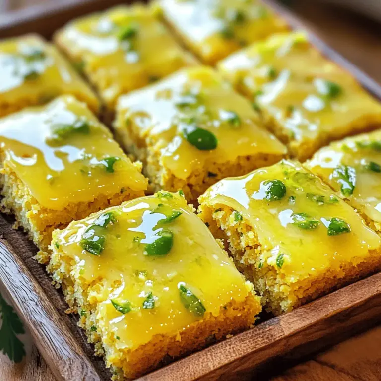 To make this tasty jalapeño cornbread, you need some key ingredients. Each one adds to the flavor and texture. Here’s what you will need: - 1 cup cornmeal - 1 cup all-purpose flour - 1 tablespoon baking powder - 1/2 teaspoon salt - 1/4 cup granulated sugar - 1 cup milk - 1/4 cup vegetable oil - 2 large eggs - 1 cup shredded sharp cheddar cheese - 1-2 jalapeños, finely chopped (seeds removed for less heat) - Zest of 1 lime These ingredients are simple but vital. Cornmeal gives the cornbread its base. The flour adds structure, while baking powder helps it rise. Salt and sugar balance the flavors. Milk, oil, and eggs keep it moist. The cheddar adds a rich taste, while jalapeños bring the heat. Finally, lime zest adds a fresh twist. The lime glaze is what makes this cornbread special. It adds brightness and sweetness. You only need two ingredients for this glaze: - 1/4 cup fresh lime juice - 1/2 cup powdered sugar Mix these two well to create a smooth glaze. The lime juice gives it a tangy kick. The powdered sugar sweetens it up just right. Drizzle this over warm cornbread for the best taste. If you find yourself missing some ingredients, don't worry! Here are some easy swaps: - Use almond milk or oat milk instead of regular milk for a dairy-free option. - Swap all-purpose flour with whole wheat flour for a heartier texture. - If you can't find jalapeños, try using green bell peppers for less heat. - For a different cheese flavor, pepper jack cheese can add even more spice. Feel free to mix and match based on what you have. Cooking should be fun and flexible! For the full recipe, check the original instructions. Start by preheating your oven to 400°F (200°C). Get an 8-inch square baking dish and grease it or line it with parchment paper. In a large mixing bowl, whisk together the cornmeal, all-purpose flour, baking powder, salt, and granulated sugar. Mix these dry items well. In another bowl, combine the milk, vegetable oil, and eggs. Make sure this mix is smooth. Pour the wet mix into the dry mix. Stir gently until just combined; do not overmix. Then, fold in the shredded cheddar cheese, finely chopped jalapeños, and lime zest. This should give you a colorful and flavorful batter. Now, pour your batter into the prepared baking dish. Smooth the top with a spatula for an even bake. Place it in the oven and bake for 20-25 minutes. Keep an eye on it; you want a golden brown top. To check if it's done, insert a toothpick in the center. If it comes out clean, your cornbread is ready. Once baked, take it out and let it cool in the pan for about 10 minutes. While the cornbread cools, you can make the lime glaze. In a small bowl, whisk together the powdered sugar and fresh lime juice. Keep whisking until you achieve a smooth texture. Once your cornbread has cooled a bit, drizzle the glaze over the warm cornbread. Allow it to set for a few minutes before slicing. Enjoy the fresh flavors of this dish! For the full recipe, check out the earlier section. To get soft and fluffy cornbread, mix the wet and dry ingredients gently. Overmixing makes it tough. You want a few lumps in the batter. This helps keep it light. Use fresh cornmeal for the best flavor. If you can, grind your own corn. It adds a unique taste and texture. Jalapeños bring heat, but you can control it. Remove the seeds and membranes for less spice. If you want it spicier, add more jalapeños or leave some seeds in. Taste the batter before baking to find your sweet spot. Remember, the lime glaze helps cool the heat, so don’t skip it! Serve your cornbread warm and cut into squares. Drizzle the lime glaze on top for a sweet touch. For added flair, garnish with lime zest or sliced jalapeños. This cornbread pairs well with chili, soups, or barbecue. It’s also a great snack on its own. Check out the Full Recipe for more details! {{image_2}} For a rich twist, add more cheese. Use pepper jack for extra spice. You can mix in 1 cup of shredded cheese into the batter. This makes the cornbread creamy and flavorful. The cheese melts and creates pockets of goodness. Each bite gives you a warm, cheesy surprise. If you like a sweet burst, add honey or maple syrup. This balances the heat from the jalapeños. You can stir in 1/4 cup for a sweet touch. Another idea is to mix in canned sweet corn. This adds texture and a hint of sweetness. These flavors come together to create a unique taste. For a gluten-free cornbread, swap the all-purpose flour. Use a gluten-free blend instead. Make sure it includes xanthan gum for best results. You can also try almond flour for a nutty flavor. This keeps the cornbread moist and fluffy. It tastes just as good as the original. Feel free to explore these variations. They can help you find the perfect flavor for your Jalapeño Cornbread with Lime Glaze. For the complete recipe, check the Full Recipe section. To store leftover jalapeño cornbread, let it cool first. Wrap it tightly in plastic wrap or foil. You can also place it in an airtight container. Store it in the fridge. It will stay fresh for up to 3 days. When you're ready to eat the cornbread, preheat your oven to 350°F (175°C). Place the cornbread on a baking sheet. Cover it with foil to keep it moist. Heat for about 10-15 minutes. If you prefer, you can also use a microwave. Heat individual slices for about 30 seconds. If you want to save the cornbread for later, freezing is a great option. First, cool the cornbread completely. Wrap each piece in plastic wrap, then in foil. This keeps it fresh. Place the wrapped pieces in a freezer bag. It can last up to 3 months in the freezer. When you want to enjoy it, thaw it in the fridge overnight. Then, reheat as mentioned above. For the best taste, eat it within 1 month. Enjoy every bite of your flavorful cornbread! For the complete recipe, check out the Full Recipe. If you want less heat, use bell peppers. They add crunch and color. You can also try banana peppers for a milder taste. For spice lovers, use serrano peppers. They are hotter than jalapeños, so be careful! Yes, you can make this cornbread ahead of time. Just bake it and let it cool. Wrap it tightly in plastic wrap or foil. Store it in the fridge for up to three days. Reheat it in the oven for the best flavor. Sharp cheddar cheese is my favorite for this recipe. It adds a strong, rich flavor. You can also use pepper jack for a spicy kick. If you prefer a milder cheese, try Monterey Jack or a blend of cheeses. Check the cornbread at 20 minutes. Insert a toothpick into the center. If it comes out clean, it's ready. The top should be golden brown and firm to the touch. If it’s not done, bake for a few more minutes. Enjoy your warm, fresh cornbread! Jalapeño cornbread is easy to make and fun to enjoy. We covered key ingredients and substitutions, plus a tasty lime glaze. You learned step-by-step how to prepare, bake, and add glaze to your cornbread. Tips helped you balance spice and achieve the right texture. We explored different variations and how to store leftovers. In closing, this cornbread recipe is versatile and delicious. Enjoy making it your own!