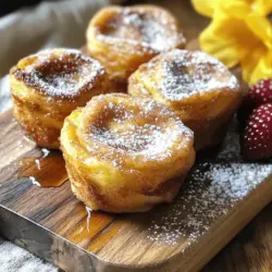 To make these muffins, you need some key ingredients: - 6 slices of bread (preferably challah or brioche) - 3 large eggs - 1 cup milk - 1/4 cup granulated sugar - 1 teaspoon vanilla extract - 1 teaspoon ground cinnamon - 1/4 teaspoon nutmeg - 1/4 cup melted butter - 1/2 cup brown sugar (for topping) - 1 tablespoon ground cinnamon (for topping) These ingredients work together to create a soft, sweet treat. The bread soaks up the egg and milk mixture, making each muffin rich and flavorful. You can add a few extra ingredients to make these muffins even better: - Diced apples or pears for a fruity twist - Chopped nuts for crunch - Chocolate chips for a sweet surprise These optional ingredients can change the flavor and texture. Feel free to get creative! The type of bread you choose really matters. I recommend using: - Challah - Brioche These breads are soft and sweet. They absorb the mixture well, giving you a moist muffin. If you want a healthier option, you can use whole-grain bread. Just remember, the flavor will change slightly. For the full recipe, check out the complete instructions and tips! Start by preheating your oven to 350°F (175°C). Grease your muffin tin with cooking spray or butter. This step helps the muffins pop out easily after baking. Make sure every cup is well-coated to avoid sticking. Cut six slices of bread into small cubes. Place them in a large mixing bowl. In another bowl, whisk together three large eggs, one cup of milk, 1/4 cup of granulated sugar, one teaspoon of vanilla extract, one teaspoon of ground cinnamon, and 1/4 teaspoon of nutmeg. Mix until everything is well combined. Pour this egg mixture over the bread cubes. Gently fold the bread until each piece is soaked. Let it sit for about 10 minutes. This soaking time allows the bread to absorb all the flavors. In a small bowl, combine 1/4 cup of melted butter, 1/2 cup of brown sugar, and one tablespoon of ground cinnamon. Mix these ingredients together until they form a crumbly topping. This sweet and spicy mix will make your muffins extra tasty. Scoop the soaked bread mixture into the prepared muffin tin. Fill each cavity about 3/4 full. Then, sprinkle a generous amount of your cinnamon-sugar topping over each muffin. Bake in your preheated oven for 20 to 25 minutes. Watch for them to turn golden and puffed. Allow the muffins to cool in the pan for about five minutes. Then, transfer them to a wire rack to cool completely. Enjoy the delightful aroma while they cool! To make your muffins soft and fluffy, use fresh bread. Bread like challah or brioche works best. Cut the bread into small cubes. This helps them soak up the egg mixture well. Let the bread sit in the mixture for about 10 minutes. This allows it to absorb all the flavors. The result is a light and airy muffin. You can save time by prepping ahead. Cut the bread the night before. Store the cubes in an airtight container. You can also whisk the egg mixture in advance. Just keep it in the fridge. This way, when you're ready to bake, everything is ready to go. It makes the process quick and stress-free. Serve these muffins warm for the best taste. A light dusting of powdered sugar adds a nice touch. Drizzle some maple syrup for extra sweetness. Fresh fruit like berries or banana slices makes a great side. You can also pair them with yogurt for a creamy finish. Enjoying these muffins this way takes your brunch to another level! You can find more details in the Full Recipe. {{image_2}} You can swap the bread for many types. Use challah or brioche for rich flavor. White bread works well, too. Whole wheat adds a nutty taste. Gluten-free bread is also a choice. Each type will change the texture. Experiment to find your favorite. You can add fun flavors to your muffins. Try mixing in chocolate chips for a sweet twist. Nuts like walnuts or pecans add crunch and taste. Dried fruits like raisins or cranberries give a fruity note. Adding a pinch of sea salt balances the sweetness nicely. You can even mix in a little peanut butter for creaminess. Make these muffins special for any season. Add pumpkin spice for a cozy fall treat. In spring, try berry-infused muffins with blueberries or strawberries. You can even use cinnamon apple for a touch of warmth. Adjust the spices to match the season. This keeps your muffins exciting all year round. For the full recipe, check the Easy Cinnamon Sugar French Toast Muffins section. To keep your muffins fresh, store them in an airtight container. Place a paper towel in the container to absorb extra moisture. This helps prevent sogginess. You can keep them at room temperature for up to three days. If you want to keep them longer, freezing is the way to go. For long-term storage, wrap each muffin tightly in plastic wrap. Then, place them in a freezer-safe bag or container. Label the bag with the date. You can freeze these muffins for up to three months. When you're ready to enjoy, simply take out the number you want. To reheat, you have a few options. You can microwave each muffin for about 15-20 seconds. Alternatively, you can place them in a toaster oven at 350°F (175°C) for about 5-10 minutes. This will help restore their fluffy texture. Enjoy your muffins warm for the best experience! Yes, you can use stale bread. In fact, stale bread works great! It absorbs the egg mixture better than fresh bread. This means your muffins will be extra tasty. Just cut the stale bread into small cubes, and you are good to go. To make these muffins gluten-free, use gluten-free bread. Many stores sell good gluten-free options. Make sure to check the label to avoid any wheat. The rest of the recipe stays the same, so you can enjoy the flavor without gluten. You can use a few things instead of eggs. Some good options are mashed bananas or applesauce. Use 1/4 cup for each egg. You can also try flaxseed meal. Mix one tablespoon of flaxseed meal with three tablespoons of water to replace one egg. These muffins last for about three days at room temperature. Just store them in an airtight container. If you want them to last longer, you can freeze them. They keep well in the freezer for up to three months. Yes, you can prepare the batter the night before. Just follow the steps to soak the bread. Cover the bowl with plastic wrap and put it in the fridge. In the morning, scoop the mixture into the muffin tin and bake. This saves time and makes breakfast easy! For the full recipe, see above. These easy cinnamon sugar muffins combine simple ingredients and straightforward steps. You learned how to prep, soak, and bake to create a delightful treat. We shared tips for perfect texture and quick prep, plus tasty variations and storage ideas. With these techniques, you can enjoy fresh muffins any time. Trust me; once you try them, you’ll want to share these muffins with everyone. Happy baking!