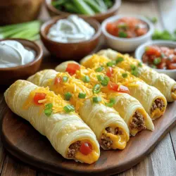 - Refrigerated crescent roll dough - Cooked ground beef or turkey - Shredded cheddar cheese The base of your cheesy taco sticks is simple. Start with refrigerated crescent roll dough. This dough gives a flaky, buttery taste. Next, use cooked ground beef or turkey. I like ground turkey for a leaner option. Finally, add shredded cheddar cheese for that melty goodness. It binds all the flavors together. - Taco seasoning - Diced tomatoes - Optional toppings: black olives, green onions To kick up the flavor, use taco seasoning. You can buy it or make your own. Diced tomatoes add a fresh touch. If you love extra flavor, consider black olives or chopped green onions on top. They add color and taste. - Egg for egg wash - Serving accompaniments: sour cream and salsa Do not forget the egg! It gives a nice golden color to your sticks. For serving, have sour cream and salsa on the side. They make great dips that enhance the cheesy taco sticks. This simple ingredient list makes it easy to whip up this snack. For the full recipe, check the details above. First, you need to preheat your oven to 375°F (190°C). This helps the cheesy taco sticks cook evenly. While the oven heats, cook your ground beef or turkey in a skillet over medium heat. Make sure it’s fully browned. After that, drain any extra fat from the meat. Then, stir in your taco seasoning. You can use store-bought or make your own. Add in diced tomatoes and black olives if you like. Cook this mixture for another 2-3 minutes until it's nice and warm. Set the meat aside to cool a bit. Next, unroll your crescent roll dough. Separate it into four rectangles. If the seams split, just press them together to seal. Now, take a spoonful of your meat mixture and place it in the center of each rectangle. Sprinkle some shredded cheddar cheese on top. You can add a few chopped green onions too. Fold the dough over the filling to make a stick shape. Make sure to pinch the edges well so the filling stays inside. Now, place your cheesy taco sticks on a baking sheet lined with parchment paper. In a small bowl, beat your egg. Brush the egg wash over the top of each stick. This gives them a golden-brown finish. Bake in your preheated oven for 12-15 minutes. Watch for a nice golden color. When they look perfect, take them out and let them cool a bit before serving. You can find the full recipe online for more details. To get a crispy texture, here are some key tips: - Preheat your oven well before baking. This helps make the dough rise and crisp. - Use parchment paper on your baking sheet. This prevents sticking and promotes even cooking. Ensure even cooking by: - Spacing the cheesy taco sticks apart on the sheet. This allows heat to circulate properly. - Rotating the baking sheet halfway through baking. This helps with consistent browning. You can easily make these taco sticks your own. Here are some ideas: - Try different types of cheese. Pepper jack adds a spicy kick, while mozzarella gives a gooey texture. - Add vegetables for nutrition. Bell peppers, spinach, or corn can make them healthier and tastier. How you serve your taco sticks matters. Here are some fun ideas: - Arrange the cheesy taco sticks on a colorful platter. It makes them look more inviting. - Serve with bowls of sour cream and salsa. This adds flavor and a fun dipping experience. - Garnish with extra green onions for a pop of color. It makes your dish look fresh and appealing. For the full recipe, check out the detailed steps above! {{image_2}} You can easily switch up the meat in cheesy taco sticks. Try using cooked chicken instead of beef. Shredded rotisserie chicken works great. For a plant-based option, use lentils or black beans. They add protein and flavor. You can also mix in some corn for extra texture. If you want a vegetarian filling, use diced bell peppers, mushrooms, and spices. This way, everyone can enjoy these tasty snacks. Getting creative with flavors can make cheesy taco sticks even better. Try different seasoning blends like cumin, paprika, or chili powder. These spices bring a unique taste to your dish. You can also mix in different cheeses. Pepper jack gives a spicy kick, while mozzarella adds a gooey texture. Experiment with your favorite cheese combinations to discover a new twist on this classic snack. Dipping sauces can elevate your cheesy taco sticks. You can make a simple homemade sauce by mixing sour cream with lime juice and cilantro. This adds freshness. Salsa is another great choice. It pairs well with the cheesy flavors. For those in a hurry, store-bought options like ranch or guacamole work too. These sauces enhance the taste and make your snack more fun. To keep your cheesy taco sticks fresh, store leftovers in an airtight container. This helps seal in moisture and flavor. You can use glass or plastic containers. Make sure to let them cool to room temperature first. This prevents condensation, which can make them soggy. When you reheat cheesy taco sticks, aim for a crispy texture. The best way is to use an oven. Preheat your oven to 350°F (175°C). Place the sticks on a baking sheet and heat for about 10 minutes. This method helps regain their crunch. You can also use a microwave, but it may not keep them crispy. If you use a microwave, heat them in short bursts and check often. To freeze cheesy taco sticks, wrap each stick in plastic wrap. Then place them in a freezer-safe bag. This keeps them fresh for up to three months. When you’re ready to eat, thaw them in the fridge overnight. For reheating, use the oven method mentioned earlier. This ensures they come out hot and crispy again. Enjoy your cheesy taco sticks anytime! For the full recipe, refer back to the earlier section. Cheesy taco sticks can last about 3-4 days in the fridge. To keep them fresh, store them in an airtight container. If you want to keep them longer, you can freeze them. Just remember that they taste best when eaten fresh! Yes, you can prepare cheesy taco sticks ahead of time. Assemble the sticks, but don’t bake them yet. Cover them well and place them in the fridge. When you are ready to eat, just bake them straight from the fridge. This makes for a quick snack or meal! You can get creative with cheesy taco sticks! Some popular variations include: - Using chicken or turkey instead of beef. - Adding roasted peppers or corn for extra flavor. - Trying different cheeses like pepper jack for a spicy kick. - Making a vegetarian version with beans and veggies. These twists keep things fun and tasty! To spice up your cheesy taco sticks, try these tips: - Add diced jalapeños to the meat mixture. - Use spicy taco seasoning instead of mild. - Mix in some hot sauce before filling the dough. - Serve with a spicy salsa on the side. These changes will bring the heat you crave! Cheesy taco sticks are a fun and simple dish. We combined crescent roll dough, tasty meat, and cheddar cheese. Enhance your meal with taco seasoning and fresh toppings. Follow the steps to bake them perfectly golden. Don't forget the tips for customizing flavors and serving. Store and reheat your leftovers for later enjoyment. With all these ideas, you can enjoy a tasty treat anytime. Now, get cooking and enjoy your masterpiece!