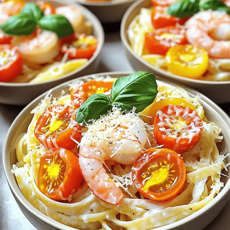 To make Marry Me Shrimp Pasta, you need a few key items. Here’s what you’ll need: - 8 oz. linguine pasta - 1 lb. large shrimp, peeled and deveined - 3 tablespoons olive oil - 4 cloves garlic, minced These main ingredients set the stage for a rich and creamy dish. The linguine creates a perfect base, while the shrimp brings in a fresh, ocean flavor. Olive oil and garlic add depth to the dish, making each bite special. The right seasonings can elevate your pasta. For this dish, use: - 1 teaspoon red pepper flakes (adjust to taste) - Salt and pepper to taste Red pepper flakes add a hint of heat, while salt and pepper enhance all the flavors. You can adjust the spice level based on your preference. A little kick can make the dish more exciting. The creamy sauce is what makes this pasta irresistible. Here’s what you need: - 1 cup heavy cream - 1/2 cup grated Parmesan cheese - 1 cup cherry tomatoes, halved - Fresh basil leaves, for garnish Heavy cream gives the sauce its rich texture. Grated Parmesan adds a salty, nutty flavor. Cherry tomatoes provide a burst of sweetness, and basil brings freshness. Together, these ingredients create a sauce that wraps around the pasta perfectly. For the full recipe, check out the detailed instructions. To start, you need to boil the linguine. Fill a large pot with water and add salt. Bring the water to a boil. Once boiling, add 8 oz. of linguine pasta. Cook it according to the package instructions until it is al dente. This usually takes around 8-10 minutes. After cooking, drain the pasta in a colander. Set it aside while you prepare the shrimp. Next, heat 3 tablespoons of olive oil in a large skillet over medium heat. Once the oil is hot, add 4 cloves of minced garlic. Cook the garlic for about 1 minute, stirring often. This will make your kitchen smell amazing! Now, it's time to add the shrimp. Put 1 lb. of peeled and deveined shrimp into the skillet. Sprinkle with salt, pepper, and 1 teaspoon of red pepper flakes. Cook the shrimp for about 3-4 minutes. They should turn pink and opaque. After the shrimp cooks, add 1 cup of halved cherry tomatoes. Cook these for another 2 minutes until they soften. Then, pour in 1 cup of heavy cream. Bring this mixture to a gentle simmer. Let it cook for about 3-4 minutes, stirring occasionally. You want it to thicken a bit. Next, stir in 1/2 cup of grated Parmesan cheese. Mix until it melts and becomes smooth. Check the seasoning and adjust with salt and pepper if needed. Finally, add the cooked linguine to the skillet. Toss everything together until the pasta is well coated with that creamy sauce. Your dish is almost ready! For more details, check out the Full Recipe. - Choosing the right size shrimp: Use large shrimp for this dish. They stay juicy and tender when cooked. Look for shrimp that are about 16-20 per pound. This size gives you the best bite and flavor. - Cooking times for tender shrimp: Cook the shrimp for only 3-4 minutes. They turn pink and opaque when done. Overcooking makes them tough. Always watch closely while they cook. - Adjusting cream thickness: If your cream sauce is too thin, let it simmer longer. This helps it thicken. If it's too thick, add a splash of pasta water. This keeps the sauce smooth and rich. - Tips for a smooth sauce: Stir the sauce constantly while it cooks. This helps prevent lumps. Make sure to melt the Parmesan cheese well. It adds creaminess and flavor. - Plate arrangement suggestions: Serve the pasta in shallow bowls. Twirl the linguine for a nice look. Place shrimp and tomatoes on top for color and appeal. This makes each plate inviting. - Garnishing tips with basil and cheese: Finish with fresh basil leaves. They add a pop of color and flavor. Sprinkle extra Parmesan cheese on top too. A drizzle of olive oil can enhance the dish even more. For the full recipe, check the provided details. Enjoy making this creamy delight! {{image_2}} You can make Marry Me Shrimp Pasta even better by adding vegetables. Seasonal veggies work great. Think about using bell peppers, asparagus, or mushrooms. These add color and nutrition. To add spinach, toss in a handful right after the shrimp. It wilts quickly and adds a nice touch. Zucchini is another option. Slice it thin and sauté it with the shrimp. Both will mix well with the creamy sauce and enhance the dish's flavor. If you want a twist, you can swap shrimp for chicken or tofu. Chicken adds a hearty feel. Use boneless, skinless chicken breasts. Cut them into bite-sized pieces. Cook them in the skillet for about 5-7 minutes until golden brown. Tofu is a great option for a plant-based meal. Use firm tofu and cut it into cubes. Sauté it until crispy on all sides, about 6-8 minutes. Then, add it to the dish just like shrimp. Both options work well with the creamy sauce. Get creative with flavors by adding different spices. You can use Italian herbs like oregano or thyme. A pinch of smoked paprika adds depth, too. For a bright twist, try using lemon zest. Add it right before serving to freshen up the dish. Pesto is another great choice. Stir in a few tablespoons of pesto after adding the cream. It gives a rich, herbal flavor that pairs perfectly with shrimp and pasta. For the full recipe, make sure to check the detailed steps to create this delicious meal! To keep your Marry Me Shrimp Pasta fresh, choose the right container. Use airtight glass or plastic containers. These help prevent air from drying out your pasta. Store in the fridge for up to three days. You can freeze it too, but it’s best eaten fresh. If you freeze it, use it within one month for the best taste. When it’s time to enjoy your leftovers, use a gentle method. The best way to reheat is on the stove. Heat a pan on low and add a splash of water or cream. This helps the pasta stay moist. Stir often to keep it from sticking. Avoid microwaving, as this can overcook the pasta. Keep an eye on it to ensure it warms through without turning mushy. Marry Me Shrimp Pasta is special because of its rich, creamy sauce. The blend of garlic, shrimp, and cherry tomatoes creates a taste that is simply unforgettable. Each bite feels luxurious and comforting. The dish looks beautiful too, with bright colors from the tomatoes and fresh basil. It feels like a meal fit for a special occasion, making it perfect for date night or dinner parties. Yes, you can prepare parts of this dish ahead of time. You can cook the pasta and shrimp separately. Store them in the fridge until you are ready to serve. When you are ready, just combine them with the sauce. This way, you save time and still enjoy a fresh meal. Just note that reheating pasta can change its texture, so be gentle. Several side dishes pair well with Marry Me Shrimp Pasta. A crisp green salad adds a nice crunch. Garlic bread is a great choice for soaking up the creamy sauce. Roasted vegetables also complement the flavors well. You could even serve a light soup to start your meal. These sides enhance the dining experience and make it more balanced. To serve more people, simply double or triple the ingredients. Make sure to use a larger pot for boiling pasta and a bigger skillet for the sauce. Adjust the cooking time as needed to ensure everything cooks evenly. If you want to keep it simple, prepare in batches. This approach helps you manage the cooking process without feeling rushed. Yes, you can easily make this dish gluten-free. Just replace the linguine pasta with gluten-free pasta. There are many brands available that taste great. Be sure to check the cooking time, as it may differ from traditional pasta. The rest of the ingredients are naturally gluten-free, so you can enjoy this dish worry-free. The name "Marry Me" comes from the dish's reputation. Many say it is so delicious that it could win someone's heart. It often impresses guests, making them feel special. The story behind the name adds to its charm and allure. This makes it a fun dish to share with loved ones, creating memorable moments. For the full recipe, check the link provided. In summary, we explored the delicious Marry Me Shrimp Pasta. You learned about the key ingredients, from fresh shrimp to creamy sauce. We walked through easy steps, from cooking pasta to combining flavors. You now have tips on perfecting shrimp and making it look great on the plate. Don’t forget the storage and reheating tips for leftovers. This dish is simple yet impressive, perfect for any occasion. Enjoy making it your own with variations that fit your tastes!
