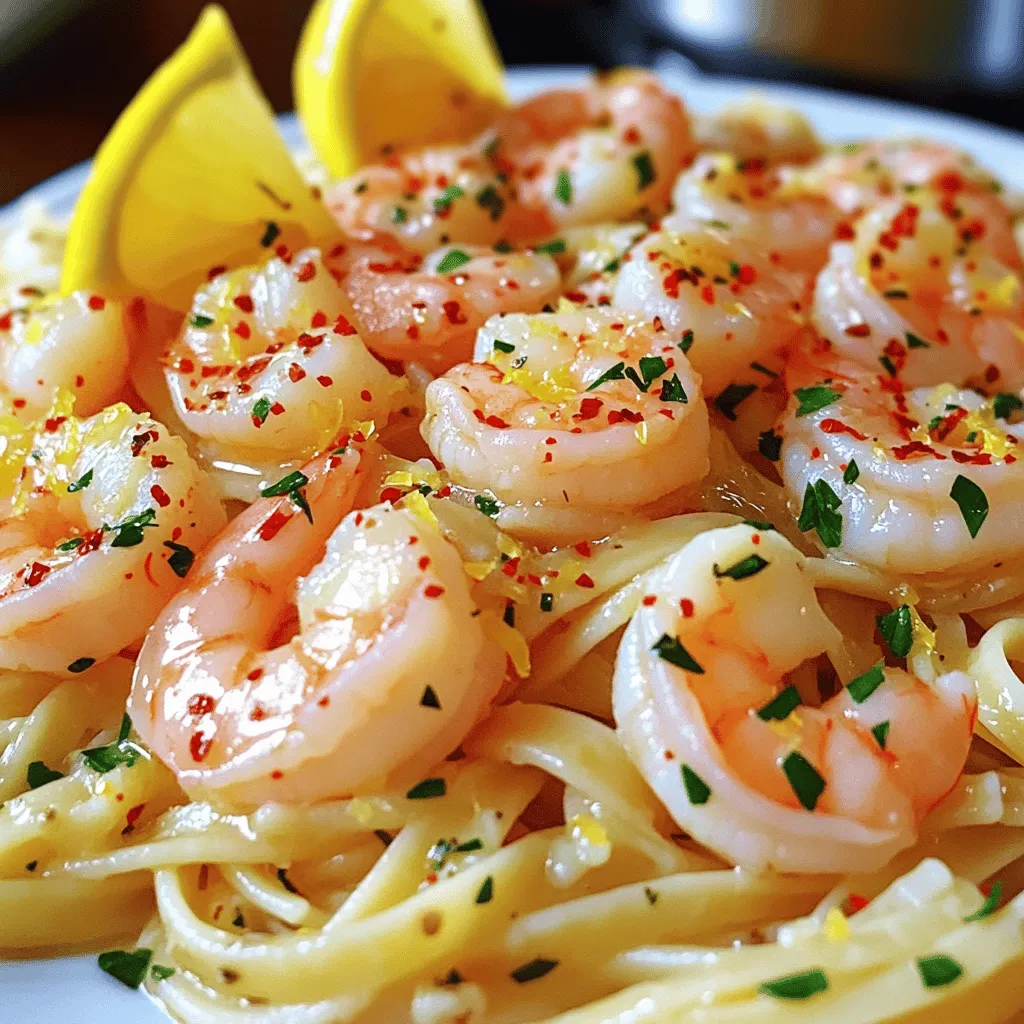 For a delicious shrimp scampi, you need these simple ingredients: - 1 pound large shrimp, peeled and deveined - 8 ounces linguine or spaghetti - 4 tablespoons unsalted butter - 3 tablespoons olive oil - 5 cloves garlic, minced - 1 teaspoon red pepper flakes (adjust for spice) - Zest and juice of 1 lemon - 1/4 cup chopped fresh parsley - Salt and black pepper to taste - Lemon wedges for serving Quality matters in cooking. Fresh shrimp taste best. Look for shrimp that are firm and smell like the ocean. If you buy frozen shrimp, make sure they are well-packaged and free of frost. Choose fresh garlic, as it adds a strong flavor. Use good olive oil and unsalted butter for the perfect richness. Fresh parsley brightens the dish. Always use fresh lemon for zest and juice. If you have allergies, there are some easy swaps. For gluten-free pasta, use rice or corn pasta. If you cannot have shrimp, try scallops or chicken. You can replace butter with a dairy-free option like margarine. If you want less spice, skip the red pepper flakes. You can also use lemon juice from a bottle if fresh lemon is not available. To cook pasta just right, start with a big pot. Fill it with water and add salt. Bring the water to a boil. Once it’s bubbling, toss in your linguine or spaghetti. Follow the package guide for cooking time. You want it to be al dente, which means firm to the bite. After cooking, drain the pasta. Save about half a cup of that starchy water for later. This water helps the sauce stick better. Heat a large skillet on medium. Add butter and olive oil. Let them melt together. Once melted, toss in minced garlic. Stir it for about a minute. You want it fragrant but not brown. Now, raise the heat to medium-high. Add the shrimp to the skillet. Sprinkle red pepper flakes, salt, and black pepper over them. Cook for 2-3 minutes on each side. You’ll know they are done when they turn pink and opaque. After the shrimp are cooked, add lemon zest and juice to the skillet. Stir well to mix those bright flavors. Now, add the cooked pasta. If the dish looks dry, pour in a bit of the reserved pasta water. This helps to create a nice sauce. Mix everything well to coat the pasta and shrimp. Finally, remove from heat and add chopped parsley. Toss it again, so every bite is full of flavor. Serve your shrimp scampi in bowls or on plates. Garnish with more parsley and lemon wedges. This dish is as beautiful as it is tasty! For more details, check the Full Recipe. To cook shrimp well, you want to start with fresh shrimp. Look for shrimp that smell clean, not fishy. When cooking, heat your pan until it's hot. This helps the shrimp cook evenly. Avoid crowding the pan; cook in batches if needed. Shrimp cooks quickly, usually in 2-3 minutes per side. Watch for the color change. When they turn pink and opaque, they're done. Overcooking makes them tough. If you like heat, add more red pepper flakes. Start with a pinch, then taste. It's easier to add than to take away spice. If the dish gets too spicy, balance it with lemon juice or a bit of sugar. This helps tone down the heat. You can also serve hot sauce on the side for those who like it spicy. Serve shrimp scampi with a side of crusty bread. This helps to soak up the tasty sauce. A fresh green salad pairs well, too. You can also serve it over rice or zucchini noodles for a low-carb option. For a special touch, add lemon wedges on the side. They add brightness and flavor. You can find the Full Recipe for Garlicky Lemon Shrimp Scampi in this article. Enjoy creating a meal that looks and tastes amazing! {{image_2}} To make shrimp scampi special, consider adding unique ingredients. For a fresh taste, try sun-dried tomatoes. They add a rich, tangy flavor to the dish. You can also add capers for a briny kick. If you love herbs, use fresh basil or dill instead of parsley. This gives your dish a new twist that will surprise your guests. If you need gluten-free options, don’t worry! Many types of gluten-free pasta work well. Look for pasta made from rice, corn, or lentils. These options have great texture and flavor. You can also use zucchini noodles or spaghetti squash. They are low in carbs and add a fun crunch to your dish. Mixing seafood can enhance your shrimp scampi. Try adding scallops or mussels for extra flavor and variety. You can even mix in crab meat for a touch of luxury. Just remember to adjust cooking times based on what you add. This keeps everything perfectly cooked and delicious. For the full recipe, check out the [Full Recipe]. To store leftover shrimp scampi, let it cool down first. Place it in an airtight container. This helps keep the flavors fresh. You can keep it in the fridge for up to three days. If you want to store it longer, freezing is a better option. When reheating shrimp scampi, the goal is to keep it juicy. Use a skillet over low heat. Add a splash of water or broth to keep it moist. Stir gently to heat evenly. You can also use the microwave. Just cover it with a damp paper towel to prevent drying out. To freeze shrimp scampi, portion it into smaller containers. Make sure they are airtight. Label each container with the date. It can last up to three months in the freezer. When you’re ready to eat, thaw it in the fridge overnight. Then, reheat it as mentioned above. Enjoy your shrimp scampi anytime! For the complete recipe, check out the Full Recipe. Shrimp scampi comes from Italy. The word "scampi" refers to small shrimp. It uses garlic, butter, and lemon. Over time, it became popular in the United States. Here, we often serve it with pasta. This dish mixes Italian flavors with local preferences. You get a taste of Italy in every bite! Yes, you can prepare shrimp scampi ahead of time. Cook the shrimp and sauce, then store them. Keep the pasta separate to prevent sogginess. When ready to eat, reheat the shrimp and sauce. Then, mix with the pasta just before serving. This way, the dish stays fresh and tasty. To make shrimp scampi healthier, try these tips: - Use whole wheat pasta for more fiber. - Cut down on butter and use olive oil. - Add more veggies like spinach or zucchini. - Limit the amount of salt and red pepper flakes. These changes keep flavor while making it lighter. Some great sides for shrimp scampi include: - A fresh green salad with lemon vinaigrette. - Garlic bread for dipping in the sauce. - Steamed vegetables like asparagus or broccoli. - Rice, which soaks up the sauce well. These sides balance the rich flavors of the main dish. To create a creamy shrimp scampi, follow these steps: - Start with the basic recipe. - Add heavy cream or mascarpone cheese to the sauce. - Stir in the cream after cooking the shrimp. - Mix until everything is smooth and creamy. This twist gives you a rich and luscious dish! For the full recipe, check out the details above. Shrimp scampi blends fresh ingredients with easy steps to create a tasty dish. Quality matters, so use the best shrimp and pasta. If you have allergies, substitutions are simple. Cooking tips help you master shrimp and adjust spice levels. Try variations for a fun twist. Store leftovers correctly for later enjoyment. In the end, shrimp scampi is versatile and satisfying. Remember, you can always make it your own!