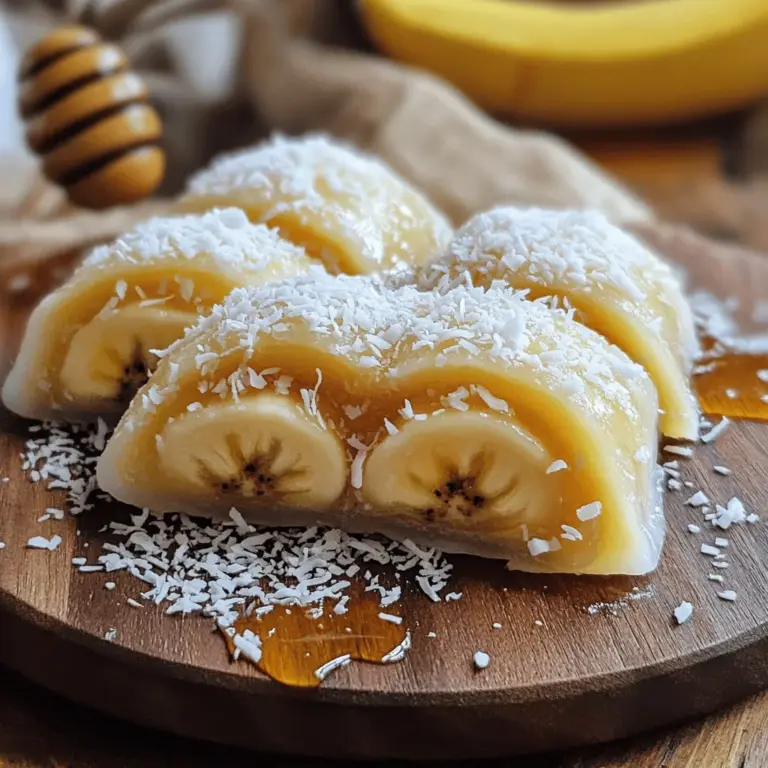 - 2 ripe bananas - 1 cup glutinous rice flour - ½ cup water - 1 tablespoon sugar - 1 tablespoon coconut milk (optional) - Cornstarch for dusting - ½ cup shredded coconut (for garnish) - Filling: ½ cup sweetened red bean paste (or Nutella) To make banana mochi rolls, gather these key ingredients. Ripe bananas are crucial; they add natural sweetness. Glutinous rice flour gives the mochi its chewy texture. Water helps form the batter. Sugar adds a touch of sweetness, and coconut milk brings creaminess. Cornstarch prevents sticking during rolling. Shredded coconut enhances the look and taste. For the filling, you can choose sweetened red bean paste or Nutella. Both options create a delicious contrast with the soft mochi. With these ingredients ready, you're set to create a tasty treat that everyone will enjoy. If you’re curious about precise measurements and instructions, check out the Full Recipe. - Mash the Ripe Bananas Start by peeling and mashing the ripe bananas in a bowl. Aim for a smooth texture. - Combine Glutinous Rice Flour with Water and Sugar In a separate bowl, mix the glutinous rice flour, sugar, and water. Stir until you have a smooth batter. - Mix in Mashed Bananas and Optional Coconut Milk Add the mashed bananas to the batter. If you want, include the coconut milk for extra flavor. - Steam the Mochi Mixture Pour the mixture into a steaming dish lined with parchment paper. Steam for 20-25 minutes. - Cool the Mochi Before Rolling Once cooked, let the mochi cool for a few minutes. This makes it easier to handle. - Roll Out the Mochi Dust your work surface with cornstarch. Transfer the mochi and roll it out into a rectangle. - Add Filling and Slice Spread a thin layer of sweetened red bean paste or Nutella on the mochi. Add banana slices, then roll it tightly. Finally, slice the mochi into bite-sized pieces. Enjoy your delicious Banana Mochi Rolls! For the full recipe, refer to the detailed instructions above. - Over-mixing the Mochi Batter: Mix just until smooth. Too much mixing makes the mochi tough. - Overfilling the Rolls: Use a thin layer of filling. If you add too much, the rolls can break apart. - Steaming Tips for Optimal Firmness: Steam the mochi for 20-25 minutes. This helps it become firm and slightly clear. Use a bamboo steamer if you have one. It works great! - Proper Dusting to Prevent Sticking: Dust your surface with cornstarch before rolling. This keeps the mochi from sticking as you shape it. - Arranging on a Platter: Place the slices on a nice platter. Make sure they look colorful and inviting. - Garnishing Suggestions: Sprinkle extra shredded coconut on top. You can also drizzle honey or chocolate sauce for added flavor. These tips will help you create perfect Banana Mochi Rolls. For the full recipe, check out the previous section. Enjoy your cooking! {{image_2}} You can change the filling in banana mochi rolls to fit your taste. If you want to try something other than red bean paste, use Nutella. It adds a creamy, chocolatey taste. You can also spread peanut butter on the mochi. This adds a nutty flavor that pairs well with bananas. Fruit preserves are another fun option. Strawberry or raspberry preserves can bring a sweet and fruity touch. Toppings can really make your mochi rolls shine. You can use different flavors of shredded coconut. Try sweetened, toasted, or even chocolate-flavored coconut. These add a fun texture and flavor. For more taste, drizzle honey, chocolate sauce, or caramel on top. These drizzles can make each bite extra special and delicious. If you need gluten-free options, use gluten-free rice flour. This works just as well as glutinous rice flour. You can still enjoy the chewy texture. If you follow a vegan diet, skip the coconut milk. You can use almond milk or another plant-based milk instead. Both options will keep your mochi rolls tasty and vegan-friendly. Explore the Full Recipe for banana mochi rolls to see how easy these variations can be! How do you store leftover mochi rolls? Keep them in an airtight container. This method helps to keep them soft. Store the container at room temperature for a day. If you want to keep them longer, refrigerate them. Can you freeze mochi rolls for longer shelf life? Yes, you can freeze them! Wrap each roll in plastic wrap. Then, place them in a freezer bag. They can last up to three months in the freezer. How long do mochi rolls stay fresh at room temperature? They stay good for about one day. After that, they can become hard and dry. What are the refrigeration tips? If you place them in the fridge, they can last about three days. Just remember to seal them well to avoid dryness. How do you soften mochi rolls? The best way is to steam them for a few minutes. You can also microwave them. Heat them for about 10 seconds on low power. What should you avoid to keep mochi rolls from becoming hard? Don’t heat them too long. High heat makes them tough and chewy. Keeping them moist helps keep the texture nice and soft. Banana mochi rolls are sweet treats made from glutinous rice flour and ripe bananas. They have a chewy texture and a delightful banana flavor. You can fill them with sweetened red bean paste or Nutella. Historically, mochi comes from Japan. It is made by steaming and pounding rice. People enjoy mochi in many forms. Banana mochi rolls blend traditional mochi with a fruity twist. Yes, you can make banana mochi rolls ahead of time. Prepare the rolls and store them in an airtight container. This helps keep them fresh. To prep ahead, consider these tips: - Make the mochi rolls and let them cool completely. - Dust with cornstarch to prevent sticking. - Store in the fridge for up to three days. You can find ready-made banana mochi rolls at many Asian grocery stores. Some specialty shops sell them too. Shopping online is another option. Websites like Amazon or Asian food retailers often stock them. Look for brands that focus on quality ingredients for the best taste. Yes, banana mochi rolls are gluten-free due to glutinous rice flour. This flour is made from sticky rice, which does not contain gluten. If you need alternatives, consider these options: - Use sweet rice flour if you can’t find glutinous rice flour. - For a different flavor, try using tapioca flour. Banana mochi rolls are a great treat for anyone, especially those with gluten sensitivities! Banana mochi rolls are fun to make and eat. We covered the must-have ingredients, how to prepare and cook, and tips for great results. You learned about storage and how to avoid common mistakes, too. Now, you can get creative with flavors and fillings. Enjoy the process and share your delicious rolls with friends. These rolls are sure to impress everyone. Try making them today and discover your new favorite treat!