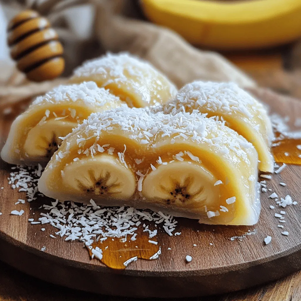 - 2 ripe bananas - 1 cup glutinous rice flour - ½ cup water - 1 tablespoon sugar - 1 tablespoon coconut milk (optional) - Cornstarch for dusting - ½ cup shredded coconut (for garnish) - Filling: ½ cup sweetened red bean paste (or Nutella) To make banana mochi rolls, gather these key ingredients. Ripe bananas are crucial; they add natural sweetness. Glutinous rice flour gives the mochi its chewy texture. Water helps form the batter. Sugar adds a touch of sweetness, and coconut milk brings creaminess. Cornstarch prevents sticking during rolling. Shredded coconut enhances the look and taste. For the filling, you can choose sweetened red bean paste or Nutella. Both options create a delicious contrast with the soft mochi. With these ingredients ready, you're set to create a tasty treat that everyone will enjoy. If you’re curious about precise measurements and instructions, check out the Full Recipe. - Mash the Ripe Bananas Start by peeling and mashing the ripe bananas in a bowl. Aim for a smooth texture. - Combine Glutinous Rice Flour with Water and Sugar In a separate bowl, mix the glutinous rice flour, sugar, and water. Stir until you have a smooth batter. - Mix in Mashed Bananas and Optional Coconut Milk Add the mashed bananas to the batter. If you want, include the coconut milk for extra flavor. - Steam the Mochi Mixture Pour the mixture into a steaming dish lined with parchment paper. Steam for 20-25 minutes. - Cool the Mochi Before Rolling Once cooked, let the mochi cool for a few minutes. This makes it easier to handle. - Roll Out the Mochi Dust your work surface with cornstarch. Transfer the mochi and roll it out into a rectangle. - Add Filling and Slice Spread a thin layer of sweetened red bean paste or Nutella on the mochi. Add banana slices, then roll it tightly. Finally, slice the mochi into bite-sized pieces. Enjoy your delicious Banana Mochi Rolls! For the full recipe, refer to the detailed instructions above. - Over-mixing the Mochi Batter: Mix just until smooth. Too much mixing makes the mochi tough. - Overfilling the Rolls: Use a thin layer of filling. If you add too much, the rolls can break apart. - Steaming Tips for Optimal Firmness: Steam the mochi for 20-25 minutes. This helps it become firm and slightly clear. Use a bamboo steamer if you have one. It works great! - Proper Dusting to Prevent Sticking: Dust your surface with cornstarch before rolling. This keeps the mochi from sticking as you shape it. - Arranging on a Platter: Place the slices on a nice platter. Make sure they look colorful and inviting. - Garnishing Suggestions: Sprinkle extra shredded coconut on top. You can also drizzle honey or chocolate sauce for added flavor. These tips will help you create perfect Banana Mochi Rolls. For the full recipe, check out the previous section. Enjoy your cooking! {{image_2}} You can change the filling in banana mochi rolls to fit your taste. If you want to try something other than red bean paste, use Nutella. It adds a creamy, chocolatey taste. You can also spread peanut butter on the mochi. This adds a nutty flavor that pairs well with bananas. Fruit preserves are another fun option. Strawberry or raspberry preserves can bring a sweet and fruity touch. Toppings can really make your mochi rolls shine. You can use different flavors of shredded coconut. Try sweetened, toasted, or even chocolate-flavored coconut. These add a fun texture and flavor. For more taste, drizzle honey, chocolate sauce, or caramel on top. These drizzles can make each bite extra special and delicious. If you need gluten-free options, use gluten-free rice flour. This works just as well as glutinous rice flour. You can still enjoy the chewy texture. If you follow a vegan diet, skip the coconut milk. You can use almond milk or another plant-based milk instead. Both options will keep your mochi rolls tasty and vegan-friendly. Explore the Full Recipe for banana mochi rolls to see how easy these variations can be! How do you store leftover mochi rolls? Keep them in an airtight container. This method helps to keep them soft. Store the container at room temperature for a day. If you want to keep them longer, refrigerate them. Can you freeze mochi rolls for longer shelf life? Yes, you can freeze them! Wrap each roll in plastic wrap. Then, place them in a freezer bag. They can last up to three months in the freezer. How long do mochi rolls stay fresh at room temperature? They stay good for about one day. After that, they can become hard and dry. What are the refrigeration tips? If you place them in the fridge, they can last about three days. Just remember to seal them well to avoid dryness. How do you soften mochi rolls? The best way is to steam them for a few minutes. You can also microwave them. Heat them for about 10 seconds on low power. What should you avoid to keep mochi rolls from becoming hard? Don’t heat them too long. High heat makes them tough and chewy. Keeping them moist helps keep the texture nice and soft. Banana mochi rolls are sweet treats made from glutinous rice flour and ripe bananas. They have a chewy texture and a delightful banana flavor. You can fill them with sweetened red bean paste or Nutella. Historically, mochi comes from Japan. It is made by steaming and pounding rice. People enjoy mochi in many forms. Banana mochi rolls blend traditional mochi with a fruity twist. Yes, you can make banana mochi rolls ahead of time. Prepare the rolls and store them in an airtight container. This helps keep them fresh. To prep ahead, consider these tips: - Make the mochi rolls and let them cool completely. - Dust with cornstarch to prevent sticking. - Store in the fridge for up to three days. You can find ready-made banana mochi rolls at many Asian grocery stores. Some specialty shops sell them too. Shopping online is another option. Websites like Amazon or Asian food retailers often stock them. Look for brands that focus on quality ingredients for the best taste. Yes, banana mochi rolls are gluten-free due to glutinous rice flour. This flour is made from sticky rice, which does not contain gluten. If you need alternatives, consider these options: - Use sweet rice flour if you can’t find glutinous rice flour. - For a different flavor, try using tapioca flour. Banana mochi rolls are a great treat for anyone, especially those with gluten sensitivities! Banana mochi rolls are fun to make and eat. We covered the must-have ingredients, how to prepare and cook, and tips for great results. You learned about storage and how to avoid common mistakes, too. Now, you can get creative with flavors and fillings. Enjoy the process and share your delicious rolls with friends. These rolls are sure to impress everyone. Try making them today and discover your new favorite treat!