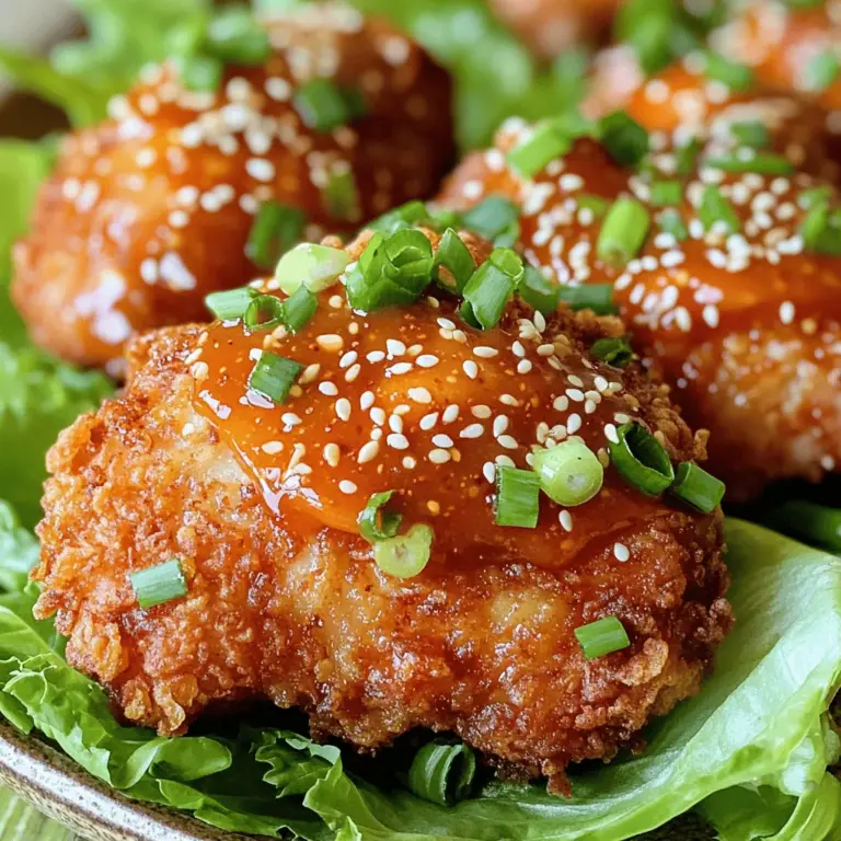 - 1 lb boneless, skinless chicken thighs - 1 cup buttermilk - 1 cup all-purpose flour - 1/2 cup cornstarch - 1 teaspoon garlic powder - 1 teaspoon onion powder - 1 teaspoon paprika - 1/2 teaspoon black pepper - 1 teaspoon salt - 1/2 cup mayonnaise - 1/4 cup sweet chili sauce - 1 tablespoon sriracha - 1 tablespoon honey - 2 green onions, finely chopped - Sesame seeds The main ingredients create a juicy, tender chicken. The buttermilk makes the chicken moist and flavorful. The flour and cornstarch mix gives it that perfect crunch. The seasonings pack a punch. Garlic powder and onion powder bring depth. Paprika adds color and mild spice. The sauce is where the magic happens. Mayonnaise, sweet chili sauce, sriracha, and honey make a creamy, spicy blend. Garnishing with green onions and sesame seeds adds a fresh look. It also boosts the flavor. For the full recipe, check out the details provided. You will love how simple yet tasty this dish is! First, take your chicken thighs and place them in a medium bowl. Pour in 1 cup of buttermilk. This step is key. Buttermilk helps make the chicken nice and tender. Cover the bowl with plastic wrap and pop it in the fridge. Let it marinate for at least 1 hour. You can even leave it overnight for more flavor. Now, grab a large bowl. In this bowl, mix together these ingredients: - 1 cup all-purpose flour - 1/2 cup cornstarch - 1 teaspoon garlic powder - 1 teaspoon onion powder - 1 teaspoon paprika - 1/2 teaspoon black pepper - 1 teaspoon salt Whisk these together until it looks even. This mixture is your breading. Heat up 1 cup of vegetable oil in a large skillet or deep frying pan. You want it to be hot, around medium-high heat. Test the oil by dropping a small bit of breading in. If it sizzles, it’s ready. Take the marinated chicken out of the fridge. Shake off any extra buttermilk. Dredge each piece in the flour mixture. Make sure each piece is well coated. Carefully place the breaded chicken into the hot oil. Cook each piece for about 5-7 minutes per side. Look for a golden brown color. It should be cooked through and reach an internal temperature of 165°F (75°C). Once done, drain the chicken on a plate lined with paper towels. This helps remove extra oil. Your crispy bang bang chicken is almost ready! For the full recipe, check out the main article. Marinating the chicken is key. It makes the chicken juicy and flavorful. I like to use buttermilk, as it adds a nice tang. Allow the chicken to soak for at least one hour. You can even leave it overnight for more flavor. For a super crispy coating, try the double coating technique. First, coat the chicken in the flour mix. Then dip it back in the buttermilk and coat it again. This extra layer gives a thicker crunch. Keeping the oil at the right temperature is crucial. If the oil is too hot, the chicken burns quickly. If it's too cool, the chicken soaks up oil. Aim for about 350°F (175°C). You can test it by dropping a small piece of breading in the oil. If it sizzles, it’s ready. Batch frying helps ensure crispiness. Fry only a few pieces at a time. This keeps the oil temperature steady and allows each piece to cook evenly. Don’t overcrowd the pan; give each piece space to fry properly. Adjusting sriracha in the bang bang sauce is simple. If you want it spicier, add more sriracha. If you prefer it milder, use less. Taste as you go to find your perfect balance. For a smooth sauce, whisk the ingredients well. Mix the mayonnaise, sweet chili sauce, sriracha, and honey until there are no lumps. If the sauce seems thick, add a splash of water or lime juice to thin it out. You can find the full recipe for Crispy Bang Bang Chicken above. Enjoy these tips and make your dish shine! {{image_2}} You can switch chicken thighs for chicken breasts. Chicken breasts are leaner and still tasty. Just remember, they cook faster. Keep an eye on them to avoid dryness. If you want a vegetarian option, use tofu. Firm tofu works best for this recipe. Press the tofu to remove excess moisture. Cut it into bite-sized pieces. You will still get that crispy coating and flavor. Adding spices can change the flavor of the breading. Try cayenne for heat or Italian seasoning for a herb twist. You can also use smoked paprika for a richer taste. In the bang bang sauce, you can mix in extra flavors. Try adding lime juice for a zesty kick. You can also use garlic or ginger for added depth. Adjust the sriracha to get your preferred spice level. Crispy Bang Bang Chicken pairs well with sides like rice or salad. Rice adds a nice base and soaks up the sauce. A fresh salad adds crunch and balances the meal. You can serve it as an appetizer or a main dish. For an appetizer, serve smaller pieces on a platter. Guests can dip them in the bang bang sauce. For a main course, add sides and present it on a large plate. Check out the Full Recipe for more details! To keep your crispy chicken fresh, store it right. First, let the chicken cool. Then place it in an airtight container. This keeps moisture out and preserves flavor. Glass or plastic containers work well. You can also use a zip-top bag. Make sure to remove as much air as you can. Store it in the fridge for up to three days. To enjoy that crispy texture again, reheating is key. The oven is your best friend here. Preheat it to 375°F (190°C). Place the chicken on a baking sheet. Heat it for about 10-15 minutes. This will help regain that crunch. If you use a microwave, the chicken may turn soggy. If you must use a microwave, place a paper towel under the chicken. This helps absorb some moisture. Want to save some crispy bang bang chicken for later? Freezing is a great choice. First, let the chicken cool completely. Wrap each piece in plastic wrap or foil. Then place them in a freezer-safe bag or container. This keeps the chicken fresh for up to three months. When you’re ready to eat, thaw it in the fridge overnight. For quick thawing, you can use the microwave. Just be careful not to cook it in the microwave. You can marinate the chicken for at least 1 hour. I often recommend marinating overnight for the best flavor. The longer you let it sit, the more tender and juicy the chicken becomes. This extra time allows the buttermilk to work its magic, breaking down proteins and adding flavor. Yes, you can make bang bang sauce in advance. Store it in an airtight container in the fridge. It can last for about a week. Just give it a good stir before using. Making it ahead saves time on cooking day and allows the flavors to blend nicely. If you don’t have buttermilk, you can use milk with vinegar or lemon juice. Just mix 1 cup of milk with 1 tablespoon of vinegar or lemon juice. Let it sit for about 5 minutes. This creates a similar tangy taste and texture. You can bake crispy bang bang chicken, but it might not be as crunchy. Preheat your oven to 400°F (200°C). Bake the breaded chicken on a lined baking sheet for about 20-25 minutes. Flip halfway through for even cooking. Spray with cooking oil for better crispiness. Try it if you want a healthier option! Crispy Bang Bang Chicken is simple and fun to make. You start by marinating chicken thighs in buttermilk to add flavor. Then, you coat the chicken with a tasty breading. Fry it until golden brown for that perfect crunch. Remember to adjust the sauce to fit your taste. This dish works well with various proteins and spices. Enjoying leftovers is just as good when stored and reheated correctly. Follow these steps, and you’ll have a meal everyone will love!