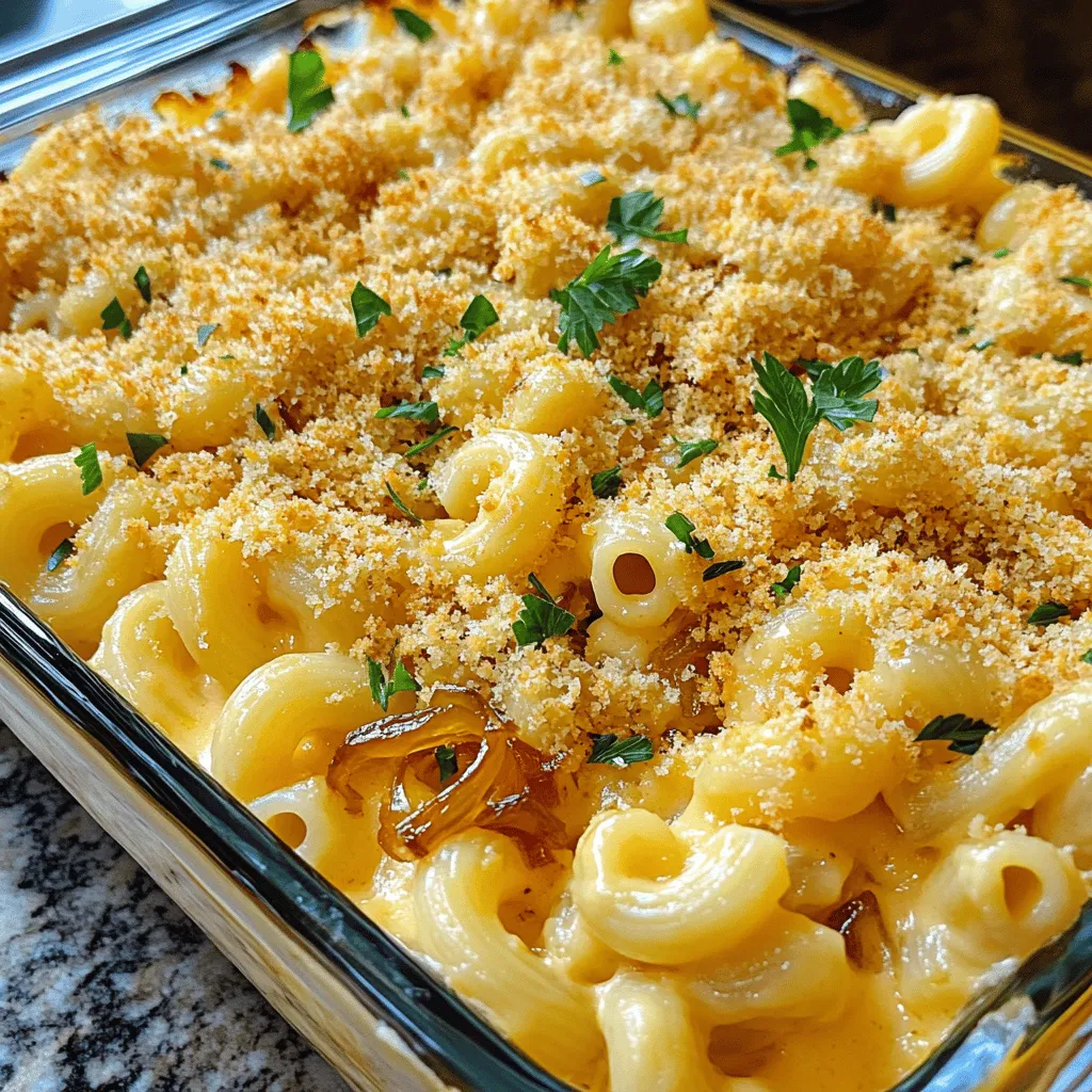 - 8 oz elbow macaroni - 2 large onions, thinly sliced - 3 tablespoons butter - 1 tablespoon olive oil - 2 cups beef or vegetable broth - 1 teaspoon sugar - 1 teaspoon fresh thyme leaves (or ½ teaspoon dried thyme) - 2 cups shredded Gruyère cheese - 1 cup shredded sharp cheddar cheese - ½ cup panko breadcrumbs - Salt and pepper to taste - Chopped fresh parsley for garnish Each ingredient serves a purpose in this dish. The elbow macaroni provides the base and texture. The onions add sweetness and depth when caramelized. Butter and olive oil help to cook the onions perfectly. Broth gives a rich flavor, while sugar enhances the caramelization. Thyme adds a fresh herbal note. Gruyère cheese brings creaminess and nutty flavor. Sharp cheddar adds a tangy kick. Panko breadcrumbs create a crispy topping. Finally, salt and pepper enhance all the flavors. Choosing great ingredients makes a big difference. For onions, look for firm ones with a shiny skin. Choose cheese that is fresh and from a good brand. Check the expiration dates on broth and cheese. Use good quality butter and olive oil for the best taste. Fresh thyme is always better than dried. When selecting macaroni, pick a brand that cooks evenly. Quality ingredients lead to a better French Onion Mac and Cheese. For the full recipe, check out the instructions. To start, boil water in a large pot. Add salt to the water. Once the water boils, add 8 oz of elbow macaroni. Cook it according to the package instructions until it's al dente. This usually takes about 7-9 minutes. Once done, drain the macaroni and set it aside. Next, we need to caramelize the onions. Take 2 large onions and slice them thinly. In a large skillet, heat 3 tablespoons of butter and 1 tablespoon of olive oil over medium heat. Add the sliced onions along with a pinch of salt. Stir them often for about 20-25 minutes. You want them to turn a deep golden brown. Halfway through, add 1 teaspoon of sugar. This helps the onions caramelize better. After they caramelize, pour in 2 cups of beef or vegetable broth and add 1 teaspoon of fresh thyme leaves. Let this simmer for another 5-10 minutes. Season with salt and pepper to taste. Now, it's time to mix everything together. Preheat your oven to 350°F (175°C). In a large bowl, combine the cooked macaroni, the caramelized onion mixture, 2 cups of shredded Gruyère cheese, and half of the 1 cup of sharp cheddar cheese. Stir everything until the pasta is well-coated with the cheese and onion mix. Transfer this mixture to a greased 9x13-inch baking dish. Sprinkle the rest of the cheddar cheese on top. Finish with a layer of ½ cup of panko breadcrumbs for that crunchy topping. Now, you're ready to bake! Caramelizing onions brings out their sweet, rich flavor. Start with medium heat. This helps the onions cook evenly. Stir them often, but don’t rush. Cooking them slowly for about 20-25 minutes gives the best result. Add a pinch of salt early on. This draws out moisture and helps them brown. Halfway through, sprinkle in sugar. This boosts that golden color and adds sweetness. Keep an eye on them. Once they turn deep brown, you’re ready to add your broth. Choosing the right cheese is key. Gruyère cheese offers a nutty taste that works well here. It melts beautifully, giving a creamy texture. Sharp cheddar adds a nice kick and depth. If you’re looking for alternatives, consider Fontina or Monterey Jack. Both melt well and add great flavor. For a twist, try adding a bit of blue cheese. It adds a bold taste that pairs nicely with the sweet onions. Remember to shred your cheese for an even melt. A crunchy topping makes this dish special. Panko breadcrumbs are perfect for this. They are lighter and crispier than regular breadcrumbs. Mix them with a bit of melted butter for added flavor. Before baking, sprinkle the breadcrumbs evenly on top. This helps them crisp up nicely. If you want more texture, add some grated Parmesan cheese to the mix. Bake until the top is bubbly and golden brown. This gives you that perfect crunchy contrast to the creamy mac and cheese. For more details, check the Full Recipe. {{image_2}} You can play with cheese in this dish. Instead of Gruyère, try Swiss cheese. It melts well and adds a nice taste. You can also mix in some mozzarella for extra creaminess. A bit of blue cheese gives a strong flavor. Just blend cheeses you love and see what happens! Want to make this dish vegetarian? Use vegetable broth instead of beef broth. This simple swap keeps the flavor rich. For the cheese, ensure all your choices are vegetarian. If you want a nutty flavor, sprinkle in some nutritional yeast. It’s tasty and adds a cheesy touch without dairy. Add herbs and spices for extra flavor. Fresh parsley gives a bright taste. You can also use rosemary or sage for a warm touch. If you like a kick, sprinkle in some cayenne pepper or red pepper flakes. These small changes can take your dish to a new level! For the full recipe, check out [Full Recipe]. To keep your French Onion Mac and Cheese fresh, store it in an airtight container. Let it cool to room temperature before sealing. This helps avoid sogginess. Place the container in the fridge. It can last for about 3-5 days. If you want to keep it longer, consider freezing. When you're ready to enjoy leftovers, preheat your oven to 350°F (175°C). Transfer the mac and cheese to an oven-safe dish. Add a splash of broth or milk to keep it creamy. Cover the dish with foil to prevent it from drying out. Bake for about 20-25 minutes, or until heated through. You can also microwave it for a quicker option. Just heat it in short bursts, stirring in between. If you plan to freeze your mac and cheese, do so within two days of cooking. Portion it into smaller containers for easy use. Make sure to wrap each portion tightly. You can also use freezer bags. Remove as much air as possible to prevent freezer burn. It can stay in the freezer for up to 2 months. When you're ready to eat, thaw it in the fridge overnight before reheating. Enjoy your creamy comfort dish anytime! For the full recipe, check the earlier sections. You can make French Onion Mac and Cheese ahead by preparing it in advance. After cooking the pasta and caramelizing the onions, combine them with the cheese. Put everything in a baking dish, but do not bake it yet. Cover the dish tightly and store it in the fridge. When you are ready to eat, preheat your oven and bake it straight from the fridge. It may need a few extra minutes to cook. Yes, you can use different types of pasta for this dish. While elbow macaroni is classic, you can try shells, penne, or even fusilli. Just make sure the pasta shape holds the cheese sauce well. Adjust the cooking time based on the pasta you choose, following the package instructions for best results. French Onion Mac and Cheese offers some health benefits. Onions are rich in vitamins and help boost your immune system. They also have antioxidants that fight disease. Cheese provides calcium for strong bones, while pasta gives you energy. By using vegetable broth, you can reduce calories and fat. You can also add veggies like spinach or broccoli for extra nutrients. French Onion Mac and Cheese is a tasty dish that combines rich flavors and creamy textures. We covered all the key ingredients and their roles, shared step-by-step instructions, and provided helpful tips and variations. Remember to select quality ingredients for the best result. Storing leftovers properly can keep your meal fresh longer. Enjoy making this comforting dish, and feel free to experiment with flavors. I hope this guide helps you create a delicious meal every time.