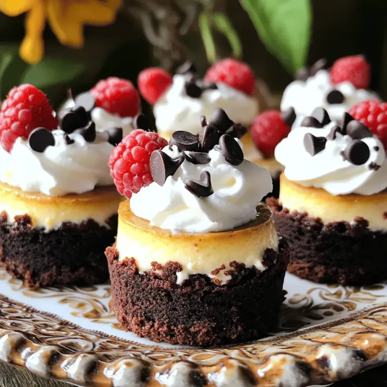 - 1 cup brownie mix - 2 tablespoons water - 1/4 cup vegetable oil - 1 package (8 oz) cream cheese, softened - 1/2 cup granulated sugar - 1 teaspoon vanilla extract - 1 large egg - 1/2 cup sour cream - 1/4 cup miniature chocolate chips (optional) - Whipped cream - Fresh berries I love starting with these simple ingredients for Mini Brownie Bottom Cheesecakes. The brownie mix is easy to use, and it gives a rich flavor. You only need water and oil to make the brownie base. This is perfect for busy days! For the cheesecake filling, cream cheese is key. Make sure it is softened so it blends well. Then, mix in sugar for sweetness and vanilla for flavor. The egg adds a nice texture, and sour cream gives it a creamy taste. If you like chocolate, add miniature chocolate chips. They will melt and blend nicely. Finally, don’t forget the toppings! A swirl of whipped cream on top is a must. Fresh berries not only look great, but they also add a burst of flavor. For the complete recipe, check out the Full Recipe. Each ingredient plays a role in making these mini cheesecakes a delightful treat! - Preheat Oven to 325°F (160°C) - Line a muffin tin with cupcake liners First, set your oven to 325°F (160°C). This temperature is perfect for baking mini cheesecakes. Next, take a muffin tin and place cupcake liners inside each cup. This makes it easy to lift out the mini cheesecakes later. - Combine ingredients and create brownie batter - Fill cupcake liners and bake for 10 minutes In a mixing bowl, combine 1 cup of brownie mix, 2 tablespoons of water, and 1/4 cup of vegetable oil. Stir this mix until it is smooth. Now, scoop about 1 tablespoon of the brownie batter into each cupcake liner. Press it down a bit to form a solid base. Bake these in the oven for 10 minutes. The brownies should be soft but not fully cooked. - Beat cream cheese until smooth - Incorporate sugar, vanilla extract, and egg - Fold in sour cream and chocolate chips (if using) While the brownie base cools, prepare the cheesecake filling. In a bowl, beat 1 package of softened cream cheese until it is smooth. Add in 1/2 cup of granulated sugar and mix well. Then, add 1 teaspoon of vanilla extract and 1 large egg. Beat this mixture until it is just combined. Finally, fold in 1/2 cup of sour cream and 1/4 cup of miniature chocolate chips if you want some extra flavor. - Spoon filling over brownie base - Bake for 15-20 minutes until set - Cool and chill for better texture Now, scoop the cheesecake filling and spoon it over the brownie base in each liner. Fill them all the way to the top. Return the muffin tin to the oven and bake for 15-20 minutes. The cheesecakes are done when they are set but still slightly jiggle in the center. After baking, let them cool in the tin for about 10 minutes. Then, transfer them to a wire rack to cool completely. For the best texture, refrigerate them for at least 2 hours or overnight. For the full recipe, check out the detailed steps above! - Use an oven thermometer for accuracy. This tool helps you know the real temperature. - Check for doneness with a toothpick. Insert it in the center; it should come out clean. - Experiment with different extracts, like almond or lemon. Each adds a unique twist. - Add a pinch of salt to heighten sweetness. It makes the flavors pop even more. - Use decorative serving platters to elevate the look. A nice plate makes any dessert shine. - Dust with powdered sugar or add mint leaves for color. This little touch can impress guests. These tips help you create a delicious and beautiful dessert. Follow these hints for the best results, and don't forget to check the Full Recipe for complete guidance. {{image_2}} You can make these mini cheesecakes even more fun! Start by adding fruit purees to the cheesecake mix. For example, raspberry or strawberry puree adds a fresh taste. You can also try flavored extracts. Orange or coconut extracts can give a nice twist to the flavor. Just be careful not to add too much. A little goes a long way! If you need a gluten-free option, use a gluten-free brownie mix. Many brands offer tasty mixes that work great in this recipe. For a vegan version, you can replace the cream cheese with a plant-based cream cheese. Use a flax egg instead of a regular egg. These swaps keep the flavor while meeting dietary needs. You can change these mini cheesecakes with the seasons. In fall, add pumpkin puree to the cheesecake mix. It gives a cozy flavor that everyone loves. For winter, try peppermint extract. This will add a festive touch to your treats. Each season brings a new way to enjoy these delights! Store your mini brownie bottom cheesecakes in an airtight container. This keeps them fresh and moist. They taste best if eaten within 3-4 days. After that, the texture may change. You can freeze the mini cheesecakes for longer storage. First, let them cool completely. Then, wrap each cheesecake tightly in plastic wrap. Place them in a freezer-safe bag. They can last up to three months in the freezer. To enjoy, move them to the fridge overnight to thaw. This helps keep the flavor intact. If you have leftover mini cheesecakes, you can reheat them. Preheat your oven to 300°F (150°C). Place the cheesecakes on a baking sheet and heat for about 10 minutes. This warms them without drying them out. You can serve them warm with a dollop of whipped cream and fresh berries for a treat. You can tell they are done when you see a slight jiggle in the center. This means they are set but still creamy. If they look too firm, they might be overbaked. To be sure, check them around the 15-minute mark. Yes, you can make these mini cheesecakes ahead of time. Just store them in the fridge for up to three days. They taste great after chilling, and the flavors will blend nicely. This makes them perfect for parties or special events. To remove the cheesecakes, let them cool completely in the tin. Once cool, gently peel off the liners. If they stick a bit, use a small knife to help free them. This way, you keep the lovely shape and presentation. You can easily make these gluten-free. Just use a gluten-free brownie mix in place of the regular mix. This way, everyone can enjoy these sweet treats without worry. Remember to check the labels on ingredients to ensure they are gluten-free. For the complete recipe, check out the [Full Recipe]. You now have a clear guide to make mini brownie cheesecakes. Start with a simple brownie base and layer on a creamy cheesecake filling. Remember to bake the layers together for perfect flavor and texture. Personalize your cheesecakes with fun toppings and flavor twists. This dessert impresses while being easy to prepare. Store leftovers properly to enjoy later. With these steps, you can create a delicious treat any time. I hope you enjoy baking and tasting these mini cheesecakes!