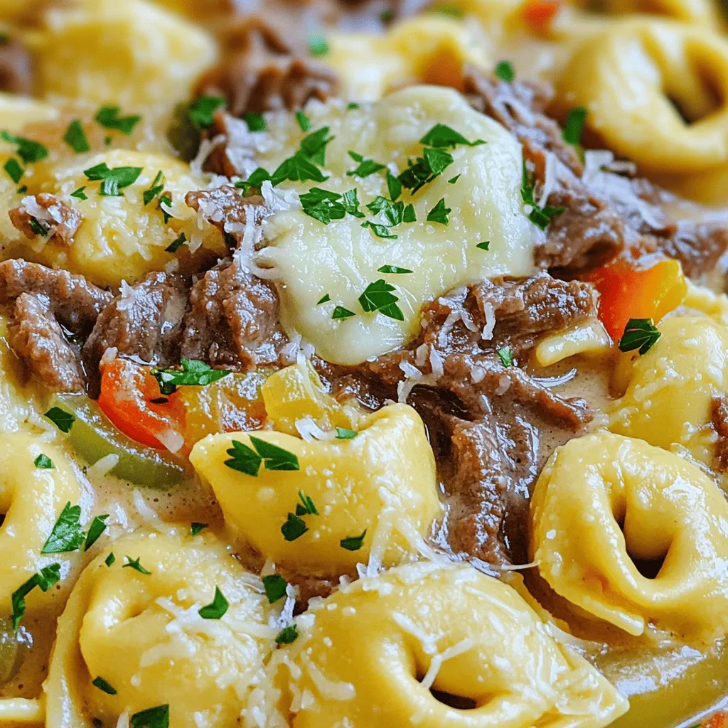 To make this dish, gather these key ingredients: - 1 package (9 ounces) refrigerated cheese tortellini - 1 tablespoon olive oil - 1 medium onion, thinly sliced - 1 bell pepper (red or green), thinly sliced - 8 ounces beef steak, thinly sliced (like flank or sirloin) - 2 cloves garlic, minced - Salt and pepper to taste - 1 cup beef broth - 1 cup heavy cream - 1 cup shredded provolone cheese - ¼ cup grated Parmesan cheese - Fresh parsley, chopped (for garnish) These ingredients create a rich, creamy flavor that makes this dish shine. The cheese tortellini adds a delightful texture. The beef and veggies bring a savory taste that pairs perfectly with the creamy sauce. You can add a few optional ingredients for more depth: - Mushrooms, sliced - Hot sauce for spice - Italian seasonings like oregano or basil - Extra cheese varieties, like mozzarella Adding any of these can elevate your dish. Mushrooms give an earthy taste, while hot sauce adds a kick. To prepare your cheesesteak tortellini, ensure you have the following tools: - Large pot for boiling water - Large skillet for sautéing - Wooden spoon or spatula for stirring - Colander for draining tortellini - Knife and cutting board for chopping These tools make the process easy and efficient. They help you create a delicious meal without any hassle. For the full recipe, check [Full Recipe]. Start by boiling a large pot of salted water. Once the water boils, add 1 package of cheese tortellini. Cook it for about 3 to 5 minutes. Drain the tortellini and set it aside. This step is quick and easy, and it gives a great base for your dish. Next, grab a large skillet and heat 1 tablespoon of olive oil over medium-high heat. Add 1 medium onion and 1 bell pepper, both sliced thin. Sauté these for about 5 minutes. You want them to become soft and fragrant. This step adds great flavor to your meal. Now, push the veggies to one side of the skillet. Add 8 ounces of thinly sliced beef steak to the other side. Cook for about 3 to 4 minutes, stirring occasionally. When the meat is browned, stir in 2 cloves of minced garlic, cooking for one more minute. This step brings out the savory taste. Pour in 1 cup of beef broth and stir well. Bring it to a simmer and let it cook for 2 to 3 minutes. This reduces the liquid slightly. Then, lower the heat and add 1 cup of heavy cream. Let it simmer for another 2 to 3 minutes until it thickens. This creamy sauce is the heart of the dish. Add the drained tortellini to the skillet. Then, mix in 1 cup of shredded provolone cheese and ¼ cup of grated Parmesan cheese. Toss everything gently until the pasta is coated and the cheese melts. Season with salt and pepper to taste. This is where all the flavors come together. Remove the skillet from heat and transfer the cheesesteak tortellini to a serving dish. Garnish with fresh parsley for a pop of color. This dish is best enjoyed warm. You can serve it with a side salad or some crusty bread for a complete meal. To cook tortellini perfectly, use plenty of salted water. Bring it to a rapid boil before adding the pasta. Stir gently to prevent sticking. Cook according to the package instructions, usually 3-5 minutes. Once done, drain the tortellini but save a bit of the pasta water. This starchy water can help thicken your sauce later. Start with good quality beef broth for depth. When you sauté the onions and peppers, let them caramelize a little. This adds sweetness. Don’t rush when cooking the beef; let it brown well. Add minced garlic towards the end to keep its bright flavor. Stir in your heavy cream slowly, and let it simmer for a richer taste. For a kick, consider adding a pinch of red pepper flakes. For sides, garlic bread is a classic choice. It pairs well with the creamy sauce. A simple green salad with vinaigrette balances the richness. You can also serve sautéed vegetables for a fresh touch. If you want something hearty, roasted potatoes are a great match. Enjoy your meal with a light white wine or sparkling water for a refreshing sip. For the full recipe, check out the link above. {{image_2}} To make a vegetarian version, simply swap the beef with mushrooms or eggplant. Both options give a hearty feel. You can also add more veggies like zucchini or spinach to boost nutrition. Just sauté them with onions and peppers for great flavor. This version keeps the creamy sauce, so it remains rich and satisfying. Experimenting with cheeses can take your dish to new heights. Instead of provolone, try mozzarella for a milder taste. For a sharper flavor, use aged cheddar or gouda. Mixing cheeses can create a complex flavor. Just make sure to keep the same amount of cheese for the sauce to remain creamy. If you love heat, add some spice! You can include sliced jalapeños or crushed red pepper flakes. These ingredients will give your dish a kick. Another option is to use spicy sausage instead of beef. This adds both flavor and heat, making your cheesesteak tortellini exciting and bold. For the full recipe, refer to the Cheesesteak Tortellini Delight. To store leftovers, first let the dish cool down. Place the cheesesteak tortellini in an airtight container. Make sure to seal the lid tightly. This helps keep the dish fresh. Store it in the fridge for up to three days. When you're ready to enjoy leftovers, take the tortellini out of the fridge. You can reheat it in the microwave or on the stove. If using the microwave, place it in a bowl and cover it. Heat for one to two minutes, stirring halfway through. On the stove, warm it in a pan over medium heat. Add a splash of beef broth or cream to keep it creamy. Stir often until it is hot. If you want to freeze the dish, follow these steps. First, let it cool completely. Then, place it in a freezer-safe container. You can also use freezer bags for easy storage. Make sure to remove as much air as possible. The dish can last in the freezer for up to three months. When you are ready to eat it, thaw it overnight in the fridge. Reheat as mentioned before. For more details, check out the Full Recipe. You can use other types of pasta. Try using penne or rotini. You can also use fresh or frozen ravioli. For a lighter option, zoodles, or zucchini noodles, work great. One serving of Cheesesteak Tortellini has about 450 calories. This can vary based on the ingredients you choose. To lower calories, use less cheese or leaner beef. Yes, you can make it ahead. Cook the tortellini and sauce, then store them separately. When ready to eat, combine and heat gently. This keeps the tortellini from getting too soft. Absolutely! Use gluten-free tortellini and pasta. Check labels for gluten-free broth and sauces. This way, you can enjoy the dish without gluten. The total time is about 30 minutes. You’ll spend 10 minutes prepping and 20 minutes cooking. This makes it a quick and tasty meal for busy days. For the full recipe, check the detailed instructions above. In this post, we explored how to make Cheesesteak Tortellini. We covered key ingredients, optional add-ons, and the tools you'll need. I provided step-by-step instructions to prep the dish, sauté veggies, cook the steak, and create a creamy sauce. I also shared tips for enhancing flavor and pairing options. Don’t forget about fun variations, like vegetarian or spicy tortellini. Remember to store leftovers properly to enjoy them later. Now you’re ready to create a tasty meal that everyone will love. Enjoy your cooking journey!