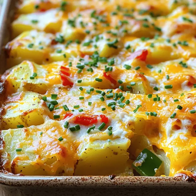 - 4 large russet potatoes, peeled and diced - 1 cup sharp cheddar cheese, shredded - 1 cup mozzarella cheese, shredded - 6 large eggs - 1 cup milk - 1 bell pepper (red or green), diced - 1 small onion, finely chopped - 1 teaspoon garlic powder - 1 teaspoon paprika - 1/2 teaspoon salt - 1/2 teaspoon black pepper - 2 tablespoons olive oil - Fresh chives or parsley, for garnish You need fresh ingredients to make the Cheesy Potato Breakfast Casserole shine. Using large russet potatoes gives a hearty base. I love sharp cheddar and mozzarella cheese for a rich, gooey texture. Eggs and milk create a creamy filling, while bell pepper and onion add flavor and color. - 9x13 inch casserole dish - Large pot - Skillet - Mixing bowl - Whisk Gathering the right tools makes cooking easier. A 9x13 inch casserole dish is perfect for baking this dish. You need a large pot to cook the potatoes, and a skillet to sauté the veggies. A mixing bowl and whisk help blend the egg mixture smoothly. This casserole serves eight. Each serving contains about 300 calories, 15 grams of fat, and 12 grams of protein. It's a comforting meal that fills you up and keeps you satisfied. - Preheat your oven to 350°F (175°C). Grease a 9x13 inch casserole dish with cooking spray or olive oil. - Cook 4 large russet potatoes, peeled and diced, in a large pot of salted water. Bring it to a boil and cook for about 10-12 minutes until tender. Drain and set aside. - In a large skillet, heat 2 tablespoons of olive oil over medium heat. Add 1 small onion, finely chopped, and 1 diced bell pepper. Sauté them for about 5-7 minutes until soft. - In the prepared casserole dish, layer the cooked potatoes evenly at the bottom. Add half of the sautéed onion and bell pepper on top of the potatoes. - Sprinkle half of 1 cup each of sharp cheddar and mozzarella cheese over the veggies. Pour half of the egg mixture over the layers, which you will prepare next. - Mix 6 large eggs, 1 cup of milk, 1 teaspoon of garlic powder, 1 teaspoon of paprika, 1/2 teaspoon of salt, and 1/2 teaspoon of black pepper in a bowl. Whisk until combined. - After layering, repeat the layers with the remaining ingredients, finishing with the cheese on top. - Bake in the preheated oven for 35-40 minutes. Check for doneness when the casserole is puffed up and golden brown on top. Let it sit for about 5 minutes before slicing. Enjoy your Cheesy Potato Breakfast Casserole! For the full recipe, refer to the main section. To ensure potatoes hold their shape, cook them just until tender. Boil them for about 10-12 minutes. This way, they won’t turn mushy in your casserole. When sautéing veggies, use medium heat and add a little olive oil. Stir them until they are soft. This takes about 5-7 minutes. Keep them crunchy for a nice bite in your dish. For a tasty meal, serve this casserole with fresh fruit or a simple salad. You can also add a dollop of sour cream on top for extra flavor. Pair it with breakfast staples like crispy bacon or savory sausage. They complement the cheesy flavors well and make your plate more filling. One common mistake is overcooking the potatoes. This can make them fall apart in the casserole. Keep an eye on them while boiling. Another mistake is not letting the casserole rest before serving. Allow it to sit for about 5 minutes after baking. This helps the layers set, making it easier to slice and serve. {{image_2}} You can make this casserole your own with simple swaps. Try different cheeses to change the flavor. Gouda or pepper jack can add a nice twist. If you want a sweeter taste, use sweet potatoes instead of russet potatoes. Other root veggies, like parsnips or turnips, also work well. Just adjust the cooking time as needed. If you're vegetarian, skip the meat. You can add more veggies like spinach or mushrooms for extra flavor. For a vegan version, replace eggs with a mix of silken tofu and nutritional yeast. Use plant-based milk and dairy-free cheese to keep it creamy. Gluten-free? Make sure to use certified gluten-free products for the best results. To boost the flavor, add herbs and spices. Fresh rosemary or thyme can add depth to your dish. A pinch of cayenne pepper brings a bit of heat. Want some protein? Cooked sausage or crispy bacon can elevate your casserole. Just layer them in between the potatoes and cheese for a hearty bite. Each of these variations can make the Cheesy Potato Breakfast Casserole even more special. For the full recipe, check out the detailed steps above! To keep your cheesy potato breakfast casserole fresh, store leftovers in the fridge. Use an airtight container for best results. The casserole stays good for about 3 to 4 days. Make sure to let it cool before sealing it up. This helps keep the texture nice. If you want to save some for later, freezing is a great option. Cut the casserole into portions and wrap each piece tightly in plastic wrap. Then, place them in a freezer-safe bag. This method helps prevent freezer burn. The casserole can last up to 2 months in the freezer. To reheat, take it out and let it thaw in the fridge overnight. Then, warm it in the oven at 350°F (175°C) until heated through. For busy mornings, you can prep this casserole ahead of time. Assemble it the night before and keep it in the fridge. This way, all you need to do is pop it in the oven in the morning. You can also chop the veggies a day ahead to save time. This makes breakfast quick and easy, while still being delicious. To prepare the casserole ahead of time, follow these steps: 1. Cook the potatoes: Boil and drain the diced potatoes as usual. 2. Sauté the veggies: Cook the bell pepper and onion until soft. 3. Mix the egg mixture: Combine eggs, milk, and spices in a bowl. 4. Layer the dish: Assemble the casserole with potatoes, veggies, and cheese. 5. Cover and chill: Wrap the dish tightly with plastic wrap and store it in the fridge. You can assemble it a day in advance. When ready to bake, remove it from the fridge. Let it sit for 15 minutes, then bake as directed. Yes, you can use other cheeses. Here are some tasty options: - Monterey Jack: This cheese melts well and adds a creamy flavor. - Feta: Adds a tangy kick, perfect for a Mediterranean twist. - Pepper Jack: This cheese brings a spicy note to the dish. - Cream Cheese: Makes the casserole extra rich and creamy. Each cheese will change the taste and texture, so feel free to mix and match! Absolutely! Here are some ways to customize your casserole: - Add meat: Try cooked sausage, bacon, or ham for protein. - Include veggies: Spinach, mushrooms, or zucchini can add color and flavor. - Seasonings: Experiment with herbs like thyme, rosemary, or even hot sauce for heat. These additions can make your casserole unique and fun to eat. Leftovers can last in the fridge for about 3 to 5 days. Make sure to store them in an airtight container. To reheat, simply microwave or bake until heated through. Always check for signs of spoilage before eating. This blog post covered the key ingredients, preparation steps, and storage tips for the Cheesy Potato Breakfast Casserole. You learned how to layer flavors and avoid common mistakes. Remember, making this dish is simple and flexible. You can customize it with your favorite ingredients. With a little prep, this casserole can save you time on busy mornings. Enjoy making this dish and sharing it with friends and family!