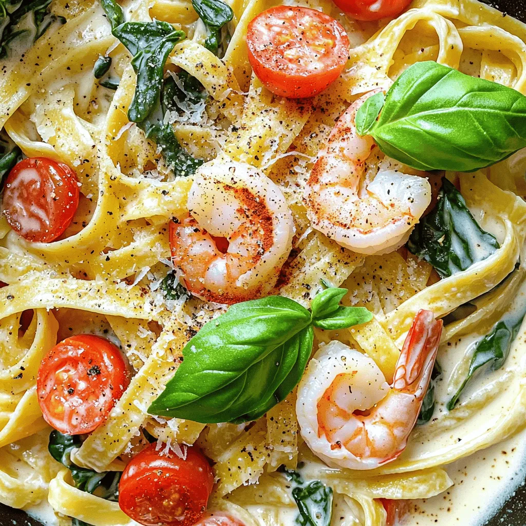 To make this dish, you will need: - 12 oz fettuccine pasta - 1 lb large shrimp, peeled and deveined - 3 tablespoons olive oil - 4 cloves garlic, minced - 1 cup heavy cream - 1 cup cherry tomatoes, halved - 1 cup spinach leaves - 1 teaspoon paprika - 1/2 teaspoon red pepper flakes (optional) - Salt and black pepper to taste - 1/2 cup grated Parmesan cheese - Fresh basil leaves for garnish If you have dietary needs, here are some swaps you can try: - Use gluten-free pasta for a gluten-free option. - Swap heavy cream with coconut milk for a lighter dish. - For a dairy-free version, try nutritional yeast instead of Parmesan cheese. - You can replace shrimp with chicken or tofu if you prefer. Choosing shrimp can make a big difference in taste. Here are some tips: - Look for shrimp that are firm and have a mild scent. - Fresh shrimp should be slightly moist, not slimy. - Choose shrimp that is wild-caught for the best flavor and sustainability. - Avoid shrimp with dark spots on the shell; they may be old. Feel free to explore the [Full Recipe] for more details on making creamy shrimp pasta. To make creamy shrimp pasta, follow these steps closely. First, cook the pasta. Boil a large pot of salted water. Add 12 ounces of fettuccine and cook until al dente. This should take about 8-10 minutes. Drain the pasta, but save ½ cup of the water for later. Next, prepare the shrimp. Heat 3 tablespoons of olive oil in a large skillet over medium heat. Once hot, add 1 pound of peeled and deveined shrimp. Season with salt, black pepper, and 1 teaspoon of paprika. Cook the shrimp for 2-3 minutes on each side until they turn pink. Remove them from the skillet and set aside. Now, make the creamy sauce. In the same skillet, add 4 cloves of minced garlic. Sauté for about 30 seconds until you smell the garlic. Pour in 1 cup of heavy cream and stir well. Add salt, black pepper, and red pepper flakes if you like a bit of heat. Add the veggies next. Bring the cream to a gentle simmer. Toss in 1 cup of halved cherry tomatoes and 1 cup of spinach leaves. Cook for 2-3 minutes until the tomatoes soften and the spinach wilts. Combine everything now. Add the drained fettuccine and shrimp back into the skillet. Toss to coat. If the sauce seems thick, add the reserved pasta water a little at a time until you reach your desired consistency. Finally, stir in ½ cup of grated Parmesan cheese. Mix until the cheese melts and creates a rich, creamy sauce. Plate the creamy shrimp pasta and garnish with fresh basil leaves for a nice touch. Cooking pasta to perfection is key. Start timing your pasta as soon as it hits the boiling water. For fettuccine, aim for 8-10 minutes. Always test it a minute or two before the time is up. It should be tender but still firm to the bite, known as al dente. Remember, do not rinse the pasta after draining. This helps the sauce cling better. If you find your pasta sticky, drizzle a bit of olive oil and toss gently. The cream sauce should be smooth and thick. To get this right, keep an eye on the heat. A gentle simmer works best. If the sauce is too thick, add the reserved pasta water little by little. This helps loosen it without losing creaminess. When you stir in the cheese, let it melt completely. This adds to the creamy texture. Taste and adjust the seasoning to make it just right. Enjoy your creamy shrimp pasta delight! One big mistake is overcooking the shrimp. Shrimp cooks fast, so keep an eye on it. When shrimp turns pink and opaque, it’s done. If you cook it too long, it can become rubbery. Another mistake is using too much cream. While creamy pasta is rich, too much can mask other flavors. Start with one cup and adjust based on taste. Lastly, don’t forget to reserve pasta water. It helps thin the sauce if it gets too thick. To boost flavor, use fresh garlic instead of powdered. Fresh garlic gives a robust taste that enhances the dish. Also, try adding lemon zest or juice. A squeeze of lemon brightens up the creaminess and adds freshness. Using fresh herbs like basil or parsley as a garnish can elevate the dish. They add color and a burst of flavor. Always use large shrimp for a better bite. Smaller shrimp can overcook quickly. Cook shrimp over medium heat. This allows them to cook evenly without burning. Finally, do not crowd the skillet. Cook shrimp in batches if needed. This helps them sear nicely, adding more flavor. For the full recipe, check out the detailed cooking instructions. Enjoy your creamy shrimp pasta! {{image_2}} You can easily switch up the ingredients in creamy shrimp pasta. For a lighter dish, try using zucchini noodles instead of fettuccine. You can also swap heavy cream for half-and-half or coconut milk if you want a dairy-free option. If you love different cheeses, consider using goat cheese or cream cheese to add a unique flavor twist. You can add more protein to this dish. Cooked chicken, scallops, or crab meat make great additions. If you want to include more veggies, bell peppers, mushrooms, or broccoli work well. Simply sauté them with the garlic before adding the cream. This way, you keep the dish colorful and nutritious. You can change the flavor profile to match different cuisines. For a Cajun twist, add Cajun seasoning and a splash of lemon juice. To give it a Mediterranean flair, mix in olives, artichokes, and sun-dried tomatoes. You can also use fresh herbs like oregano or thyme for added freshness. Each variation adds a fun spin to creamy shrimp pasta. For the full recipe, check out the earlier section! Store leftover creamy shrimp pasta in an airtight container. Make sure to cool it down first. Place it in the fridge within two hours of cooking. It stays fresh for up to three days. If you want to keep it longer, freezing is a good option. When reheating, use a skillet for the best results. Add a splash of cream or pasta water to the skillet. This keeps the sauce rich and smooth. Heat on low and stir gently until warm. You can also microwave it, but be cautious. Use short intervals to avoid drying it out. To freeze creamy shrimp pasta, let it cool completely. Portion it into freezer-safe bags or containers. Remove as much air as possible to prevent freezer burn. Label the bags with the date. It can last for up to three months in the freezer. When ready to eat, thaw it overnight in the fridge before reheating. For the complete recipe, check out the Full Recipe link! To make creamy shrimp pasta from scratch, start by cooking your pasta. Use 12 oz of fettuccine and boil it in salted water. While the pasta cooks, heat 3 tablespoons of olive oil in a skillet. Add 1 lb of large shrimp, seasoned with salt and paprika. Cook the shrimp for 2-3 minutes on each side until they are pink. Next, add 4 cloves of minced garlic to the skillet and cook briefly. Pour in 1 cup of heavy cream and stir. Add 1 cup of halved cherry tomatoes and 1 cup of spinach. Combine everything with the pasta and toss in 1/2 cup of grated Parmesan cheese. This simple method brings out all the flavors. Creamy shrimp pasta pairs well with several sides. Consider a fresh green salad for crunch. Garlic bread adds a nice touch to soak up the sauce. Roasted vegetables can be a healthy option too. You might also serve a light wine, like a crisp white, to complement the dish. Each side enhances the meal and balances flavors. Yes, you can make creamy shrimp pasta ahead of time. Cook the pasta and sauce separately. Store them in airtight containers in the fridge. When you're ready to serve, combine them in a skillet. Add a splash of water or cream to keep the sauce creamy. This method saves time and lets you enjoy your meal later. You now have all you need to make creamy shrimp pasta deliciously easy. You've explored ingredients, cooking steps, tips, and great variations. Remember to pick fresh shrimp and adjust flavors to fit your taste. Avoid common mistakes for the best results. With the right storage, leftovers can taste great too. Enjoy your cooking journey! This dish brings joy to the table and is sure to impress.