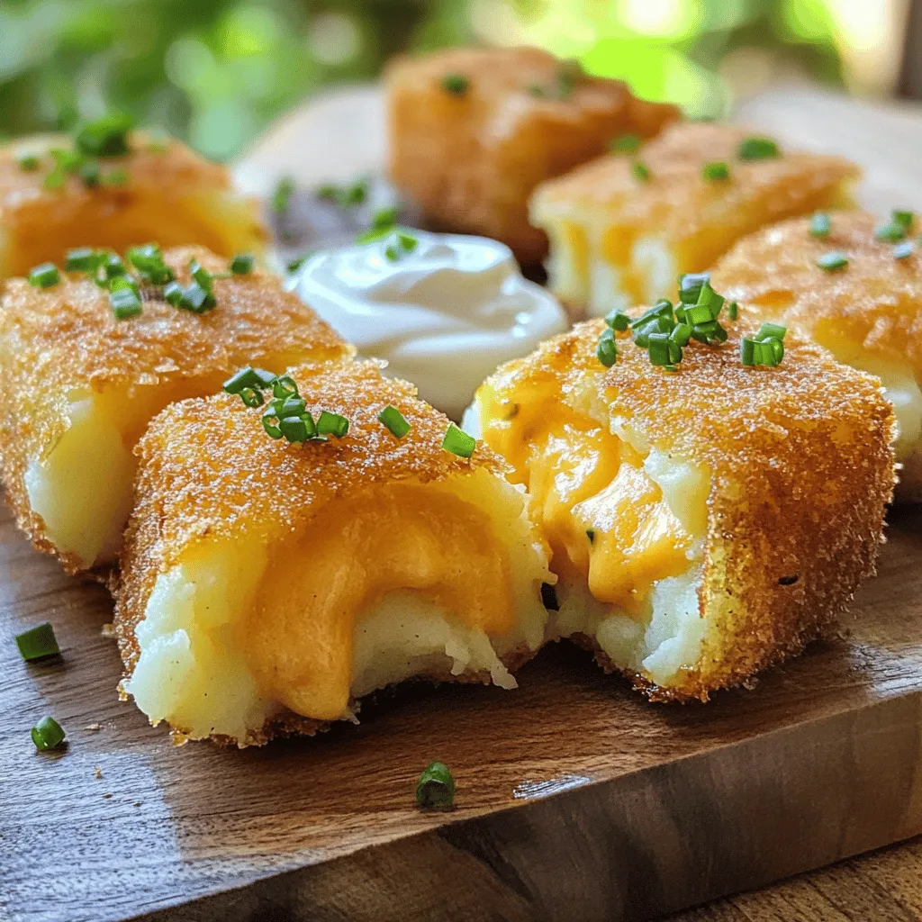 - 4 large russet potatoes - 1 cup shredded cheddar cheese - 1/2 cup cream cheese, softened - 1/4 cup sour cream - 1/4 cup milk - 1/4 cup chives, finely chopped - 1 teaspoon garlic powder - 1 teaspoon onion powder - Salt and pepper to taste - 1 cup breadcrumbs (panko for extra crunch) - Oil for frying - Additional cheeses (e.g., mozzarella, pepper jack) - Herbs and spices for flavor enhancement - Dipping sauces When making crispy mashed potatoes stuffed with cheese, gather your required ingredients first. I love russet potatoes because they mash up creamy and soft. The cheddar cheese adds a nice sharp taste. I always use cream cheese and sour cream for extra creaminess. Chives bring a fresh taste, while garlic and onion powder add depth. Don't forget salt and pepper for flavor. For that crunchy outside, use panko breadcrumbs and some oil for frying. If you want to tweak the recipe, try different cheeses like mozzarella or pepper jack. Adding herbs can give it a fun twist. Dipping sauces are great if you want to add more flavor. You can find the full recipe to get started on this tasty dish. - Boil potatoes until fork-tender. - Drain and allow cooling. Start by peeling and cutting the russet potatoes into quarters. Place them in a pot filled with salted water. Boil for about 15-20 minutes, or until a fork easily pierces them. This step is key for soft, fluffy mashed potatoes. After boiling, drain the potatoes and set them aside to cool slightly. - Mix ingredients until creamy. - Fold in chopped chives. In a large bowl, mash the boiled potatoes until they are smooth. Add in the cream cheese, sour cream, milk, garlic powder, onion powder, salt, and pepper. Mix everything until creamy. This will create a rich base. Next, fold in the finely chopped chives for a fresh pop of flavor. - Cool mixture for easier handling. - Wrap cheese in potato mixture and shape into balls. Let your mashed potato mixture cool in the fridge for about 30 minutes. It makes it easier to handle. Once cooled, take a small amount of the mixture and flatten it in your hand. Place a tablespoon of shredded cheddar cheese in the center. Carefully wrap the potato around the cheese and shape it into a ball. Make sure the cheese is fully sealed inside. Repeat this process until you use up the mixture. - Setup breading station. - Coat potato balls in breadcrumbs. Prepare a breading station by placing breadcrumbs in one bowl. Roll each potato ball in the breadcrumbs until they are fully coated. This coating gives them a wonderful crunch when fried. - Heat oil, fry until golden brown. - Drain excess oil on paper towels. Heat oil in a deep skillet over medium heat. Once the oil is hot, drop in the breaded potato balls in batches. Fry them for about 4-5 minutes, turning occasionally. They should turn a beautiful golden brown. After frying, use a slotted spoon to remove them and place them on a plate lined with paper towels. This helps drain any excess oil. For the full recipe, refer to the instructions provided. To get that perfect crisp on your crispy mashed potatoes stuffed with cheese, I have two key tips: - Use panko breadcrumbs for extra crunch. They are light and airy, giving your potatoes a great texture. - Fry in batches to avoid overcrowding. If you add too many at once, they may steam instead of fry. Mashing your potatoes well is key for a great dish. Here are some tips to help: - Ensure potatoes are fully mashed for a smooth texture. Lumpy potatoes can ruin the experience. - Experiment with a ricer or food mill for fluffiness. These tools can give you a light, airy mashed potato. When it comes to serving your crispy mashed potatoes, I have a few ideas: - Pair with sour cream or your favorite dipping sauce. This adds a nice creamy contrast to the crispiness. - Garnish with extra chives before serving. This adds color and a fresh taste to your dish. For the full recipe, check out the details above! {{image_2}} You can boost the flavor of your crispy mashed potatoes in fun ways. - Add cooked bacon or ham bits for a smoky taste. - Incorporate jalapeños for a spicy kick. These additions will take your dish to the next level. Bacon adds crunch and richness, while jalapeños give it a zesty twist. Experiment with different amounts to find your perfect balance. Want a healthier version? Try these swaps. - Substitute russet potatoes with sweet potatoes for a sweeter flavor. - Use Greek yogurt in place of sour cream for a creamy texture with less fat. Sweet potatoes offer more vitamins, and Greek yogurt adds protein. These changes keep the dish tasty while making it lighter and healthier. You can change how you cook these tasty bites for different results. - Bake instead of frying for a lighter option. - Air fry them for a healthier twist that still gives you crunch. Baking takes longer but cuts down on oil. Air frying gives you that fried texture without the extra fat. Both methods are simple and keep the flavors intact. For the full recipe, check out the detailed instructions above. After you make Crispy Mashed Potatoes Stuffed with Cheese, let them cool. Then, store them in an airtight container. They will stay good for up to 4 days in the fridge. When you want to eat them again, check for any signs of spoilage before reheating. To freeze your crispy mashed potato balls, place them on a tray first. Make sure they are not touching. Freeze them for about 2 hours until hard. After that, transfer them to a freezer bag or container. They can last for up to 3 months. When it's time to reheat, you can bake them directly from frozen. Preheat your oven to 375°F (190°C). Place them on a baking sheet and bake for about 20 to 25 minutes. Alternatively, you can reheat them in an air fryer at 350°F (175°C) for about 10 minutes. Both methods will help keep them crispy! Yes, you can prep these tasty bites ahead of time. To do this, follow these tips: - Make the mashed potato mixture and cool it. - Shape the potato balls and place them on a tray. - Cover and chill in the fridge for up to 24 hours. - Fry them just before serving for the best crisp. For a melty and tasty filling, I recommend: - Shredded cheddar cheese for a classic flavor. - Mozzarella for that gooey, stretchy texture. - Pepper jack adds a nice kick. Mix and match these cheeses for an even better taste! To keep your crispy mashed potatoes crunchy, try these methods: - Serve them immediately after frying. - Place them on a wire rack instead of paper towels. - Avoid stacking them on top of each other. For extra crisp, reheat in the oven at 375°F for a few minutes. You can find the full recipe to make these crispy delights at the beginning of this article. You learned how to make delicious stuffed potato balls from start to finish. We covered the best ingredients, cooking techniques, and even fun variations to try. Whether you’re frying or baking, these snacks are sure to please. Remember, you can adjust flavors to fit your taste. Try different cheeses, or even add bacon for a twist. Enjoy making these tasty bites and sharing them with friends. They will appreciate your effort and love the flavor!