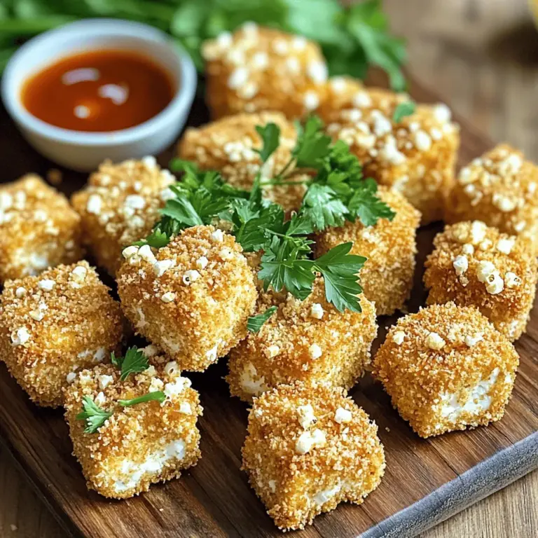 - 1 block (14 oz) firm tofu - 1 cup popcorn kernels - 1 tablespoon cornstarch - 1 teaspoon paprika - 1 teaspoon garlic powder - 1 teaspoon onion powder - 1 teaspoon cayenne pepper - 1 teaspoon salt - 1 tablespoon soy sauce - 1 teaspoon sesame oil - 1 cup breadcrumbs (panko recommended) - Oil for frying - Kitchen tools needed (heavy object for pressing, mixing bowls, frying pan) Gather these fresh ingredients first. You want firm tofu for the best texture. I like to use panko breadcrumbs for extra crunch. The spices pack a punch, so feel free to adjust the cayenne pepper for your taste. Make sure you have oil ready for frying. A deep skillet or frying pan works well. You will need a heavy object to press the tofu. This step helps remove moisture and makes the tofu crispy. Check the Full Recipe for detailed steps and cooking times. It's all about getting that perfect crunch while keeping the inside soft and flavorful. Enjoy the process! Start by pressing the tofu. Wrap the tofu block in a clean towel. Place a heavy object on top. This helps remove excess moisture for about 30 minutes. After pressing, cut the tofu into bite-sized cubes. Aim for pieces that are uniform in size. This ensures even cooking. Next, combine the dry ingredients for seasoning. In a large mixing bowl, mix cornstarch, paprika, garlic powder, onion powder, cayenne pepper, and salt. Stir well to create a spice mix. Now, marinate the tofu cubes. Drizzle soy sauce and sesame oil over the cubes. Toss gently to coat evenly. Add the spice mix and ensure each cube is well-seasoned. Let it marinate for about 15 minutes. While the tofu marinates, it’s time to pop the popcorn. You can use an air popper or stovetop method. Both work well. Once popped, let the popcorn cool for a bit. Place it in a large mixing bowl. This will be mixed with the tofu nuggets later. Now, preheat oil in a deep skillet or frying pan over medium heat. You need about an inch of oil for frying. Take each marinated tofu cube. Roll it in breadcrumbs to coat fully. Carefully place the coated cubes into the hot oil. Fry in batches to avoid overcrowding. Cook until golden brown and crispy, about 4-5 minutes per batch. Use a slotted spoon to transfer them to a paper towel-lined plate. This absorbs excess oil. Finally, take the lightly crushed popcorn and mix it with the fried tofu nuggets in a bowl. The popcorn adds great texture and flavor! For the complete process, refer to the Full Recipe. To boost the flavor of your spicy popcorn tofu nuggets, try adding smoked paprika. This spice gives a deep, smoky taste. You can also mix in other spices like cumin or chili powder. If you want a healthier frying option, consider using an air fryer. You can achieve a crispy texture with less oil. It’s a win-win for your taste buds and health! Proper breading is key for the best texture. Make sure each tofu cube is fully coated in breadcrumbs. This will give you that nice crunch. The oil temperature matters too. Heat the oil to about 350°F. This prevents the nuggets from soaking up too much oil and becoming soggy. Fry in small batches to keep the temperature steady and ensure even cooking. Garnish your nuggets with fresh herbs like parsley or cilantro. This adds a pop of color and freshness! For dipping, serve them with sauces like sriracha or sweet chili. These sauces enhance the flavor and add a spicy kick. You can also try mixing your popcorn with some of the dipping sauce for an extra treat. For the complete recipe, check out the [Full Recipe]. {{image_2}} You can switch up your coating for a new texture. Try using crushed nuts or seeds instead of breadcrumbs. This adds a nice crunch and flavor. Almonds or sunflower seeds work well. You can also use vegan cheese for added taste. Sprinkle some shredded cheese on the tofu before frying for a cheesy twist. Adjust the spice levels to suit your taste. If you want milder nuggets, use less cayenne pepper. This makes it friendly for kids or those who dislike heat. You can also play with different marinades or sauces. Try teriyaki or barbecue sauce instead of soy sauce. Each choice will change the flavor and excitement of the dish. You don't have to fry these nuggets. Baking is a healthy option that still gives a tasty result. To bake, preheat your oven to 400°F (200°C). Place the coated nuggets on a baking sheet and bake for 20-25 minutes, flipping halfway through. You can also use an air fryer. This method gives a crispy texture without much oil. Just set your air fryer to 375°F (190°C) and cook for about 15 minutes. Enjoy your crispy nuggets with less guilt! To keep your spicy popcorn tofu nuggets fresh, place them in an airtight container. This method prevents moisture from making them soggy. Store them in the fridge for up to three days. After three days, they may lose their crispiness and flavor. For reheating, the oven works best. Preheat it to 350°F (175°C). Place the nuggets on a baking sheet and heat for about 10-15 minutes. This method helps them stay crispy. If you use a microwave, the nuggets may become soft. If you must use a microwave, heat them in short bursts. This will help keep some of their crunch. Enjoy them warm, and they will taste great! You can use softer tofu, but it changes the texture. Firm tofu holds its shape well during cooking. Soft tofu can break apart easily. It may also absorb more sauce. This might make your nuggets less crispy. For best results, stick with firm tofu. Yes, you can easily make this recipe gluten-free. Use tamari instead of soy sauce. For breadcrumbs, look for gluten-free varieties. You can also crush gluten-free crackers as a substitute. These swaps keep the flavor while making it safe for gluten-free diets. To add more heat, try using different spices. Add chili powder or crushed red pepper flakes. You can also mix in hot sauce with the marinade. If you like it really spicy, add more cayenne pepper. Just taste as you go to find your perfect heat level. Yes, you can prep ahead! Marinate the tofu and coat it with breadcrumbs. Store them in the fridge for up to a day. When you're ready to cook, just fry them. This way, you save time without losing flavor or crunch. These nuggets pair well with many sides. Try serving them with a fresh salad. A side of rice or quinoa also works nicely. You can even add some dipping sauces like sriracha or sweet chili sauce. These add extra flavor and fun to your meal. This blog post covered making Spicy Popcorn Tofu Nuggets from start to finish. We discussed the main ingredients, techniques for prepping tofu, and ways to achieve a great texture. I also shared tips for flavor and storage, plus ways to modify the recipe to suit your tastes. Try these fun nuggets for a tasty snack or meal. You can mix up flavors and cooking methods to keep it exciting. Enjoy your cooking adventure!