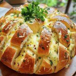 - 1 large round loaf of bread (sourdough or boule) - 1/2 cup unsalted butter, melted - 4 cloves garlic, minced - 1 tablespoon fresh parsley, finely chopped - 1 teaspoon dried oregano - 1/2 teaspoon red pepper flakes (optional) - 2 cups shredded mozzarella cheese - 1/2 cup grated Parmesan cheese - Salt to taste - Fresh parsley for garnish You can swap cheeses for a fun twist. Try cheddar or gouda for a richer taste. If you want a lighter option, use low-fat mozzarella or a vegan cheese. These changes keep the dish tasty while fitting your needs. Using fresh herbs makes a big difference. Fresh parsley adds bright flavor. Good-quality garlic is key too. It gives that punchy taste we all love. Fresh garlic has more oils and aroma than dried. Always choose fresh when you can for the best results. Start by getting your garlic ready. Mince four cloves of garlic into tiny pieces. This will make sure the garlic flavor spreads well in the bread. Next, chop one tablespoon of fresh parsley. This adds a nice touch and color to your dish. Now, let’s melt the butter. You need half a cup of unsalted butter. Melt it slowly in a small pot on low heat. Stir it often to keep it smooth and warm. Grab a large round loaf of bread. A sourdough or boule works best. Use a serrated knife to cut the bread. Make deep cuts in a crisscross pattern. Aim for about one inch apart. Be careful! You don’t want to cut all the way through the bottom crust. This keeps the bread together. Now comes the fun part! Drizzle the garlic butter into the cuts of the bread. Use a pastry brush or a spoon for this. Make sure the butter seeps deep into the cuts. After that, sprinkle the shredded mozzarella and grated Parmesan cheese all over the bread. Try to get cheese in every cut for maximum flavor. Wrap the bread tightly in aluminum foil. This helps the cheese melt perfectly. Place it in a preheated oven at 375°F (190°C). Bake for 15 to 20 minutes. After that, remove the foil and bake for another 5 to 10 minutes. This will make the cheese bubbly and golden. Be sure to watch it closely! Follow these steps, and you will have a delicious Cheesy Garlic Pull-Apart Bread to enjoy. For more details, check the Full Recipe. Overbaking can ruin your Cheesy Garlic Pull-Apart Bread. It can dry out the bread and burn the cheese. Keep a close eye on the baking time. Remove it from the oven as soon as the cheese bubbles and turns golden. Another mistake is not preparing a deep enough cut in the bread. If your cuts are too shallow, the butter and cheese won’t soak in well. Aim for about one-inch deep cuts. This allows all the flavors to infuse into the bread. Cheesy Garlic Pull-Apart Bread pairs well with many dips and spreads. You can serve it with marinara sauce, pesto, or a creamy ranch dip. These add another layer of flavor and make it even more enjoyable. For side dishes, consider a fresh salad or some roasted veggies. A simple green salad with vinaigrette complements the bread nicely. Roasted vegetables add a tasty contrast to the cheesy goodness. Adding different herbs or spices can elevate your bread. Try mixing in some thyme or basil for a fresh taste. You can also sprinkle in some Italian seasoning to boost the flavor profile. Balancing the garlic flavor is key. If you love garlic, feel free to add more than the recipe suggests. For a milder taste, use less garlic or add some cream cheese to tone it down. This gives a nice creamy texture while keeping the garlic flavor. For the full recipe, check out the complete guide to making Cheesy Garlic Pull-Apart Bread. {{image_2}} You can take cheesy garlic pull-apart bread to new heights. Adding sun-dried tomatoes or olives gives a burst of flavor. These ingredients bring a sweet and tangy touch. You can also use different types of bread. Try a fluffy brioche or a rustic ciabatta. Each choice offers a unique texture and taste. Mixing cheeses can create a richer taste. Use cheddar, gouda, or even blue cheese for bold flavors. If you want a lighter option, consider vegan cheese. Many brands offer great alternatives that melt well. This way, everyone can enjoy this treat. Think about holiday variations, like adding cranberry for Christmas. This adds a festive touch. For game day, spice it up with jalapeños or pepper jack cheese. These changes make the bread exciting and perfect for any occasion. You can find a full recipe to explore these ideas further. To keep your cheesy garlic pull-apart bread fresh, store it in the fridge. Wrap it tightly in plastic wrap or place it in an airtight container. This helps prevent it from drying out. The bread stays good in the fridge for about three days. If you want to save it for longer, freezing works well too. Wrap it in foil and then in plastic wrap. It can last up to three months in the freezer. To enjoy your bread again, reheating is key. The best way is to use the oven. Preheat it to 350°F (175°C). Place the bread on a baking sheet and cover it with foil. Heat for about 10 to 15 minutes. This keeps the cheese melty and the crust crispy. If you're in a hurry, the microwave is a quick option. Heat it in short bursts. Just be careful, as it can make the crust chewy. In the fridge, your cheesy garlic pull-apart bread lasts about three days. If you notice a sour smell or mold, it’s time to toss it. Fresh bread has a soft texture and a strong garlic aroma. If it feels hard or dry, it may be past its prime. Always check for any signs of spoilage before eating. Enjoy your bread while it’s fresh! For the full recipe, you can refer to the earlier section. Making this bread takes about 35 minutes. You spend 15 minutes prepping. The cooking time is around 20 minutes. This quick time makes it perfect for gatherings or snack cravings. Yes, you can use pre-made bread. Store-bought bread saves time. It also ensures a consistent texture. However, it may lack that fresh-baked flavor. Fresh bread gives a better taste and aroma. This bread pairs well with many dishes. You can serve it with soup or salad. It also goes great with dips like marinara or garlic aioli. For drinks, try a light white wine or sparkling water. You can prep the bread ahead. Cut and assemble it, then wrap it tightly. Store it in the fridge for up to 24 hours. Just bake it when you're ready to enjoy. To add more cheese, use different types. Mix mozzarella with cheddar or gouda. You can also increase the amount of cheese in between the cuts. This ensures each pull is extra cheesy. Yes, you can use gluten-free bread. Look for gluten-free sourdough or boules. Ensure the bread is soft so it pulls apart easily. This way, everyone can enjoy this tasty treat! Making Cheesy Garlic Pull-Apart Bread is simple and fun. We covered the key ingredients, tips for prep, and baking techniques. Try variations using different cheeses or herbs for unique flavors. Remember to watch your baking time to avoid common mistakes. Serve it fresh, paired with your favorite dips or sides for the best experience. This recipe is not just tasty; it's also adaptable and perfect for sharing with friends or family. Enjoy your bread-making journey and impress everyone with this tasty treat!