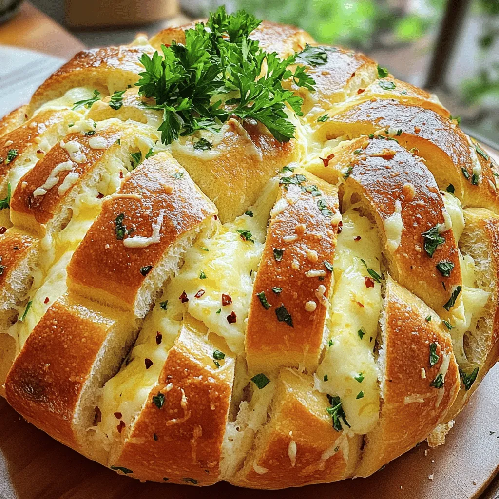 - 1 large round loaf of bread (sourdough or boule) - 1/2 cup unsalted butter, melted - 4 cloves garlic, minced - 1 tablespoon fresh parsley, finely chopped - 1 teaspoon dried oregano - 1/2 teaspoon red pepper flakes (optional) - 2 cups shredded mozzarella cheese - 1/2 cup grated Parmesan cheese - Salt to taste - Fresh parsley for garnish You can swap cheeses for a fun twist. Try cheddar or gouda for a richer taste. If you want a lighter option, use low-fat mozzarella or a vegan cheese. These changes keep the dish tasty while fitting your needs. Using fresh herbs makes a big difference. Fresh parsley adds bright flavor. Good-quality garlic is key too. It gives that punchy taste we all love. Fresh garlic has more oils and aroma than dried. Always choose fresh when you can for the best results. Start by getting your garlic ready. Mince four cloves of garlic into tiny pieces. This will make sure the garlic flavor spreads well in the bread. Next, chop one tablespoon of fresh parsley. This adds a nice touch and color to your dish. Now, let’s melt the butter. You need half a cup of unsalted butter. Melt it slowly in a small pot on low heat. Stir it often to keep it smooth and warm. Grab a large round loaf of bread. A sourdough or boule works best. Use a serrated knife to cut the bread. Make deep cuts in a crisscross pattern. Aim for about one inch apart. Be careful! You don’t want to cut all the way through the bottom crust. This keeps the bread together. Now comes the fun part! Drizzle the garlic butter into the cuts of the bread. Use a pastry brush or a spoon for this. Make sure the butter seeps deep into the cuts. After that, sprinkle the shredded mozzarella and grated Parmesan cheese all over the bread. Try to get cheese in every cut for maximum flavor. Wrap the bread tightly in aluminum foil. This helps the cheese melt perfectly. Place it in a preheated oven at 375°F (190°C). Bake for 15 to 20 minutes. After that, remove the foil and bake for another 5 to 10 minutes. This will make the cheese bubbly and golden. Be sure to watch it closely! Follow these steps, and you will have a delicious Cheesy Garlic Pull-Apart Bread to enjoy. For more details, check the Full Recipe. Overbaking can ruin your Cheesy Garlic Pull-Apart Bread. It can dry out the bread and burn the cheese. Keep a close eye on the baking time. Remove it from the oven as soon as the cheese bubbles and turns golden. Another mistake is not preparing a deep enough cut in the bread. If your cuts are too shallow, the butter and cheese won’t soak in well. Aim for about one-inch deep cuts. This allows all the flavors to infuse into the bread. Cheesy Garlic Pull-Apart Bread pairs well with many dips and spreads. You can serve it with marinara sauce, pesto, or a creamy ranch dip. These add another layer of flavor and make it even more enjoyable. For side dishes, consider a fresh salad or some roasted veggies. A simple green salad with vinaigrette complements the bread nicely. Roasted vegetables add a tasty contrast to the cheesy goodness. Adding different herbs or spices can elevate your bread. Try mixing in some thyme or basil for a fresh taste. You can also sprinkle in some Italian seasoning to boost the flavor profile. Balancing the garlic flavor is key. If you love garlic, feel free to add more than the recipe suggests. For a milder taste, use less garlic or add some cream cheese to tone it down. This gives a nice creamy texture while keeping the garlic flavor. For the full recipe, check out the complete guide to making Cheesy Garlic Pull-Apart Bread. {{image_2}} You can take cheesy garlic pull-apart bread to new heights. Adding sun-dried tomatoes or olives gives a burst of flavor. These ingredients bring a sweet and tangy touch. You can also use different types of bread. Try a fluffy brioche or a rustic ciabatta. Each choice offers a unique texture and taste. Mixing cheeses can create a richer taste. Use cheddar, gouda, or even blue cheese for bold flavors. If you want a lighter option, consider vegan cheese. Many brands offer great alternatives that melt well. This way, everyone can enjoy this treat. Think about holiday variations, like adding cranberry for Christmas. This adds a festive touch. For game day, spice it up with jalapeños or pepper jack cheese. These changes make the bread exciting and perfect for any occasion. You can find a full recipe to explore these ideas further. To keep your cheesy garlic pull-apart bread fresh, store it in the fridge. Wrap it tightly in plastic wrap or place it in an airtight container. This helps prevent it from drying out. The bread stays good in the fridge for about three days. If you want to save it for longer, freezing works well too. Wrap it in foil and then in plastic wrap. It can last up to three months in the freezer. To enjoy your bread again, reheating is key. The best way is to use the oven. Preheat it to 350°F (175°C). Place the bread on a baking sheet and cover it with foil. Heat for about 10 to 15 minutes. This keeps the cheese melty and the crust crispy. If you're in a hurry, the microwave is a quick option. Heat it in short bursts. Just be careful, as it can make the crust chewy. In the fridge, your cheesy garlic pull-apart bread lasts about three days. If you notice a sour smell or mold, it’s time to toss it. Fresh bread has a soft texture and a strong garlic aroma. If it feels hard or dry, it may be past its prime. Always check for any signs of spoilage before eating. Enjoy your bread while it’s fresh! For the full recipe, you can refer to the earlier section. Making this bread takes about 35 minutes. You spend 15 minutes prepping. The cooking time is around 20 minutes. This quick time makes it perfect for gatherings or snack cravings. Yes, you can use pre-made bread. Store-bought bread saves time. It also ensures a consistent texture. However, it may lack that fresh-baked flavor. Fresh bread gives a better taste and aroma. This bread pairs well with many dishes. You can serve it with soup or salad. It also goes great with dips like marinara or garlic aioli. For drinks, try a light white wine or sparkling water. You can prep the bread ahead. Cut and assemble it, then wrap it tightly. Store it in the fridge for up to 24 hours. Just bake it when you're ready to enjoy. To add more cheese, use different types. Mix mozzarella with cheddar or gouda. You can also increase the amount of cheese in between the cuts. This ensures each pull is extra cheesy. Yes, you can use gluten-free bread. Look for gluten-free sourdough or boules. Ensure the bread is soft so it pulls apart easily. This way, everyone can enjoy this tasty treat! Making Cheesy Garlic Pull-Apart Bread is simple and fun. We covered the key ingredients, tips for prep, and baking techniques. Try variations using different cheeses or herbs for unique flavors. Remember to watch your baking time to avoid common mistakes. Serve it fresh, paired with your favorite dips or sides for the best experience. This recipe is not just tasty; it's also adaptable and perfect for sharing with friends or family. Enjoy your bread-making journey and impress everyone with this tasty treat!