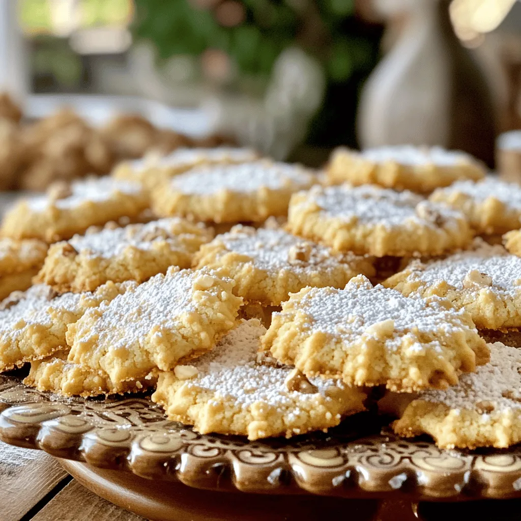 To make Grandma's Lace Cookies, you need the following ingredients: - 1 cup unsalted butter, softened - 1 cup packed brown sugar - 2 cups rolled oats - 1 ½ cups all-purpose flour - 1 teaspoon baking soda - ½ teaspoon salt - 1 teaspoon vanilla extract - 1 cup chopped nuts (walnuts or pecans) - 1 cup shredded coconut (unsweetened) - ½ cup chocolate chips (optional) If you need to convert measurements, here are some quick tips: - 1 cup = 16 tablespoons - 1 teaspoon = 5 milliliters - 1 tablespoon = 15 milliliters - ½ cup = 4 ounces These conversions help you adjust your recipe as needed. You can swap some ingredients for different flavors or diets: - Use coconut oil instead of butter for a dairy-free option. - Substitute maple syrup for brown sugar for a unique taste. - Almond flour works well if you prefer gluten-free cookies. - If you dislike nuts, leave them out or add more coconut. These swaps keep the spirit of Grandma's Lace Cookies while making them your own. For the full recipe, refer to the earlier section. First, gather all your ingredients. You will need butter, sugar, oats, flour, baking soda, salt, vanilla, nuts, coconut, and chocolate chips if you like. Start by preheating your oven to 350°F (175°C). Line a baking sheet with parchment paper. This will help the cookies not stick. In a large bowl, cream the softened butter and brown sugar together. Mix until it looks light and fluffy. It should take about two minutes. Next, add the vanilla extract and mix again. In another bowl, whisk together the flour, baking soda, and salt. Slowly add this dry mix to the butter-sugar mix. Stir until it all combines well. Then, fold in the rolled oats, chopped nuts, and shredded coconut. If you want, add the chocolate chips too. Your dough should look thick and chewy. Now, take spoonfuls of the cookie dough and drop them onto the prepared baking sheet. Make sure to leave space between each cookie. They will spread as they bake. Place the baking sheet in the oven and set a timer for 10-12 minutes. Keep an eye on them. You want the edges to turn golden brown but the centers should still look soft. Once they are done baking, take the sheet out of the oven. Let the cookies cool on the sheet for about five minutes. This helps them firm up a bit. After that, carefully transfer them to a wire rack. Let them cool completely there. For a nice touch, serve the cookies on a pretty platter. You can sprinkle some powdered sugar on top. They go great with a glass of milk or a warm cup of tea. Enjoy your homemade Grandma's Lace Cookies! For the full recipe, check the details above. Making lace cookies can be tricky. Here are some common mistakes to avoid: - Butter: Use softened butter. Cold butter can make the dough hard to mix. - Measuring Flour: Spoon flour into the measuring cup, then level it off. Don't pack it down. - Spacing: Leave enough room on the baking sheet. These cookies spread a lot while baking. - Baking Time: Watch the edges. If they brown too much, your cookies can get hard. To make perfect lace cookies, follow these steps: 1. Mixing: Cream butter and sugar well. The mixture should be fluffy and light. 2. Add Ingredients Gradually: Mix dry ingredients into the wet slowly. This helps combine everything evenly. 3. Fold, Don’t Stir: When adding oats and nuts, fold them in gently. This keeps the cookies light. 4. Scoop Properly: Use a cookie scoop for uniform sizes. This helps them bake evenly. 5. Cool on Wire Rack: Let cookies cool completely on a wire rack. This keeps them crisp. Using the right tools helps ensure success. Here are my top recommendations: - Mixing Bowls: Use large, sturdy bowls for mixing. - Baking Sheets: Choose heavy-duty sheets. They help cookies bake evenly. - Parchment Paper: Line your sheets with parchment for easy cleanup. - Cookie Scoop: A medium-sized scoop works great for even cookies. - Wire Rack: This allows air to circulate and cool cookies properly. For the complete recipe, check out the Full Recipe section. {{image_2}} You can change the flavor of Grandma's lace cookies easily. For a chocolate twist, add cocoa powder to the dough. Use half a cup for a rich taste. If you want a nut-free version, just skip the nuts. The cookies will still be delicious without them. Think about adding dried fruits or seeds. Dried cranberries or raisins bring extra sweetness. Try sunflower seeds or pumpkin seeds for a crunchy bite. You can also use different nuts. Pecans or almonds can replace walnuts for a new flavor. Want gluten-free cookies? You can swap all-purpose flour for gluten-free flour. This change keeps the cookies light and tasty. To make them dairy-free, use coconut oil instead of butter. These swaps help everyone enjoy Grandma's lace cookies! For the full recipe, check above. To keep Grandma's Lace Cookies fresh, store them in an airtight container. This helps them stay soft and chewy. Place parchment paper between layers to avoid sticking. You can keep them at room temperature for up to a week. If you want to save some cookies for later, freezing is a great option. First, let the cookies cool completely. Next, place them in a single layer on a baking sheet. Freeze for about one hour. Once frozen, transfer them to a freezer-safe bag. They can last up to three months in the freezer. Grandma's Lace Cookies taste best within the first week. After that, they may lose some flavor and texture. If you notice them getting dry, a slice of bread in the container can help keep them moist. Always check for any off smells before eating. For the best flavor, enjoy them while they’re fresh! You can find the Full Recipe for these delicious cookies above. Grandma's Lace Cookies are thin, crispy treats made with oats, nuts, and coconut. They are sweet and have a lovely crunch. The mix of ingredients gives them a unique lace-like appearance. You can enjoy them with a glass of milk or tea. They are perfect for sharing with friends and family. Yes, you can make Lace Cookies ahead of time! You can bake them and store them for a few days. They stay fresh in an airtight container. If you want to keep them longer, you can freeze them. Just thaw them before serving, and they will taste great. The lace-like texture comes from the way the dough spreads while baking. The butter and sugar mix creates a thin, crispy cookie. The rolled oats and nuts add to the texture. This combination gives them their unique lace appearance. When they are done, you get a treat that is both delicious and beautiful. This article covered key points about making and enjoying Grandma's Lace Cookies. You learned about ingredient lists, measurement conversions, and substitutions. The step-by-step instructions guide you through preparation, baking, and serving. I shared tips for perfect cookies and common mistakes to avoid. Flavor variations and dietary options expand your choices. Finally, you have storage tips to keep these treats fresh. With this knowledge, you’re ready to bake delicious lace cookies that everyone will love. Enjoy the process and happy baking!