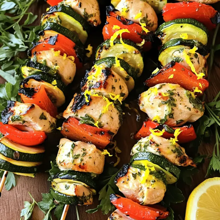 - 1 lb boneless, skinless chicken breasts, cut into 1-inch cubes - 2 tablespoons olive oil - Juice and zest of 1 large lemon - 3 cloves garlic, minced - 2 teaspoons dried oregano - 2 teaspoons dried thyme - 1 teaspoon smoked paprika - Salt and pepper to taste - 1 red bell pepper, cut into chunks - 1 zucchini, sliced into thick rounds - Wooden or metal skewers To make Lemon Herb Grilled Chicken Skewers, you need fresh and bright ingredients. The chicken forms the base of this dish. I prefer boneless, skinless chicken breasts. They cook evenly and stay juicy. Cutting them into 1-inch cubes helps them marinate and grill well. Next, I use olive oil for a smooth flavor. It binds the spices and helps the chicken get golden on the grill. The juice and zest of a large lemon add a bright kick. The zest gives a strong lemony scent, while the juice adds tang. For the seasonings, I choose garlic, oregano, thyme, and smoked paprika. Garlic brings warmth, while oregano and thyme add a savory touch. Smoked paprika gives a gentle smokiness that pairs well with grilled food. I always season with salt and pepper to enhance the flavors. I love adding veggies to my skewers. Red bell pepper adds sweetness and color. Zucchini brings a mild taste and a nice crunch. You can use wooden or metal skewers. If using wooden skewers, soak them in water first. This prevents them from burning on the grill. You can find the full recipe to guide you through the steps for these delicious skewers. First, grab a large mixing bowl. In it, combine these ingredients: - 2 tablespoons olive oil - Juice and zest of 1 large lemon - 3 cloves garlic, minced - 2 teaspoons dried oregano - 2 teaspoons dried thyme - 1 teaspoon smoked paprika - Salt and pepper to taste Mix everything well. This blend of flavors will give your chicken a bright and zesty taste. The lemon juice adds freshness, while the herbs bring depth. Next, take your boneless, skinless chicken breasts. Cut them into 1-inch cubes. Add these cubes to the marinade. Coat each piece well. This helps the chicken absorb all those tasty flavors. Cover the bowl with plastic wrap. Place it in the fridge for at least 30 minutes. If you have time, letting it marinate for up to 2 hours will boost the flavor even more. If you use wooden skewers, soak them in water for about 30 minutes. This stops them from burning on the grill. Preheat your grill to medium-high heat. Now, it's time to assemble the skewers. Thread the marinated chicken cubes onto the skewers. Alternate with chunks of red bell pepper and slices of zucchini. This adds color and nutrition. Place the skewers on the grill. Cook for about 12-15 minutes. Turn them occasionally so they cook evenly. The chicken should reach an internal temperature of 165°F. When done, remove the skewers from the grill. Let them rest for a couple of minutes before serving. Enjoy your Lemon Herb Grilled Chicken Skewers with friends and family. For the complete recipe, refer to the Full Recipe section. To get the best flavor, marinate your chicken for at least 30 minutes. This allows the chicken to soak up all that yummy lemon and herb goodness. If you have time, go for 2 hours. This extra time makes a big difference. Use a bowl that has a lid or cover it with plastic wrap to keep the flavors in. Always make sure each piece of chicken is well coated in the marinade. This way, every bite bursts with flavor. For perfect grill marks, heat your grill to medium-high. Wait until it's nice and hot before adding the skewers. Place the skewers on the grill and avoid moving them too much. Let them cook for about 4-5 minutes on each side. This helps create the beautiful char marks and keeps the chicken juicy. Always check the internal temperature. It should reach 165°F to ensure it's safe to eat. Serve your lemon herb grilled chicken skewers with fresh sides. A light salad or grilled veggies works well. You can also add a creamy dip like tzatziki or a tangy yogurt sauce. This adds more fun and flavor to your meal. If you're feeling bold, try some warm pita bread on the side. It’s perfect for dipping! For a complete meal, consider roasted potatoes or a rice pilaf. These sides balance the bright flavors of the chicken. If you want to see the full recipe, you can find it in the previous section. {{image_2}} You can easily swap chicken for other proteins. Shrimp adds a sweet, delicate touch. Just marinate and grill for a quick meal. Beef gives a hearty bite. Use tender cuts like sirloin, cut into cubes. Tofu is great for a vegan option. Press it to remove water, then marinate. Each protein takes on the flavors well, making it fun to try. Mix up the herbs for new tastes. Basil and parsley can brighten up the dish. For a spicy kick, consider using cilantro or mint. You can also try dill for a unique twist. Each herb brings a different flavor, so feel free to experiment. Adjust the amounts to suit your taste. Adding veggies can make your skewers more colorful and tasty. Try mushrooms for an earthy flavor. Cherry tomatoes add sweetness and juiciness. Bell peppers come in many colors and add crunch. You could also use onion chunks for a bit of sharpness. Just cut them to a similar size for even cooking. These additions make your skewers more exciting and nutritious. For the full recipe, check the details above. After enjoying your Lemon Herb Grilled Chicken Skewers, store any leftovers properly. Allow the skewers to cool to room temperature. Then, place them in an airtight container. This helps keep them fresh in the fridge. You can also freeze the skewers. Wrap them tightly in plastic wrap, then put them in a freezer bag. This way, you can enjoy them later. To reheat your skewers, first, take them out of the fridge. You can use an oven or a grill. If you choose the oven, preheat it to 350°F. Place the skewers on a baking sheet and cover them with foil. Heat for about 10-15 minutes. For the grill, set it to medium heat. Grill the skewers for about 5-7 minutes, turning them often. This keeps the chicken juicy and flavorful. Marinated chicken can last in the fridge for up to two days. Make sure to keep it in a sealed container. If you freeze the chicken, it can last up to three months. Just remember to label your container with the date. This helps you track how long it has been stored. For best taste, try to use it sooner rather than later. I recommend marinating the chicken for at least 30 minutes. This time helps the chicken soak up all the flavors. For best results, marinate for up to 2 hours. Longer marination gives a deeper flavor. Just be careful not to marinate too long, as the lemon juice can start to cook the chicken. Yes, you can bake these skewers! Preheat your oven to 400°F. Place the skewers on a baking sheet lined with foil. Bake for about 20-25 minutes, turning halfway through. Check to ensure the chicken is cooked through. The internal temperature should be 165°F for safety. These skewers pair well with many sides. Consider serving them with a fresh salad or grilled vegetables. Rice or quinoa also makes a great base. You can add a tangy yogurt sauce for dipping. For a fun twist, serve with warm pita bread. Try these ideas to create a complete meal! This blog post covered key ingredients for lemon herb grilled chicken skewers. We detailed the marination process, grilling steps, and added helpful tips. You learned about different proteins, herbs, and vegetables you can try. It’s important to store and reheat leftovers correctly to keep them tasty. By following these steps, you can make delicious meals easily. Enjoy experimenting with flavors and have fun grilling! Your kitchen adventures start now.
