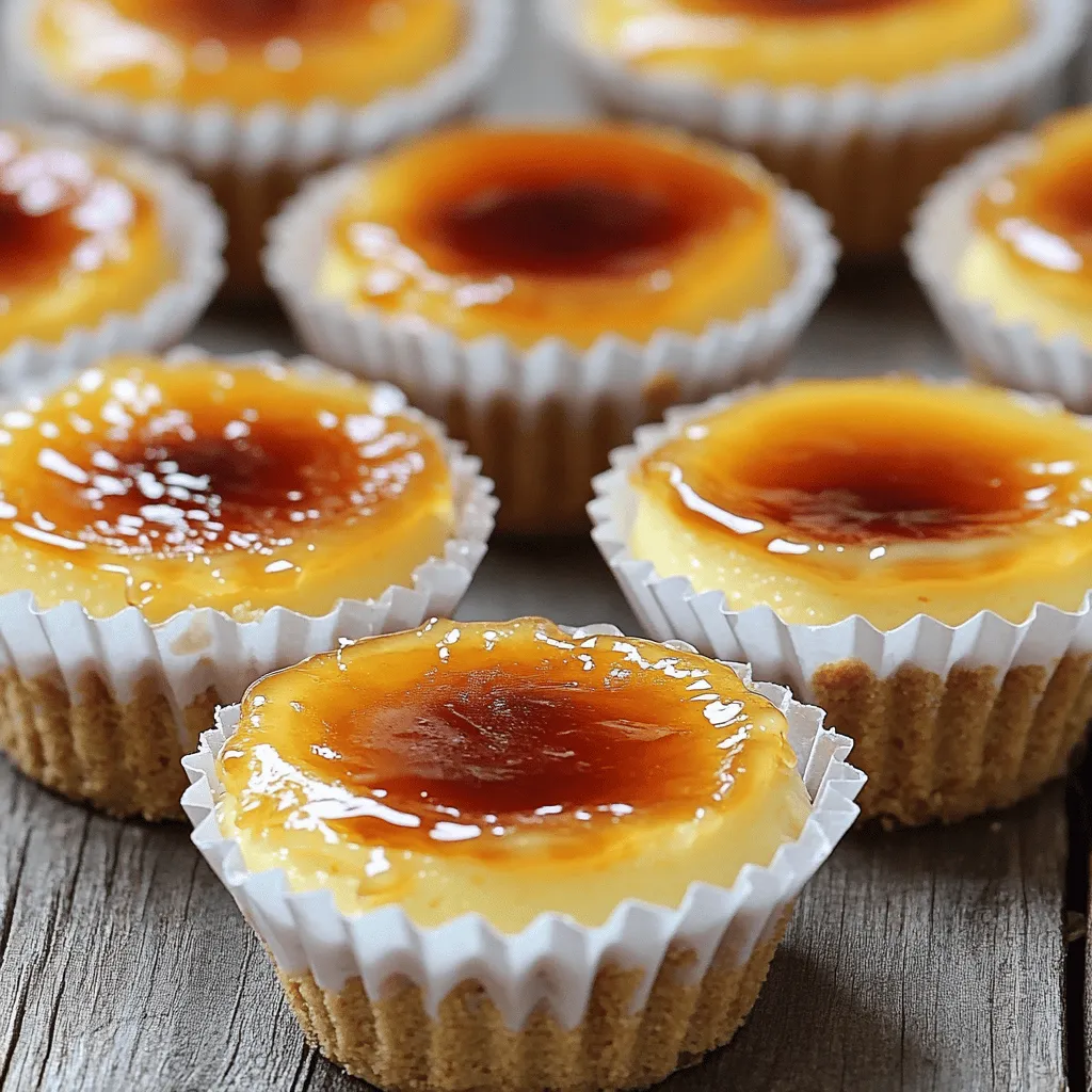 To make Mini Crème Brûlée Cheesecakes, you'll need a few simple ingredients. Here’s the breakdown of what you need: - For the crust: - 1 cup graham cracker crumbs - 3 tablespoons unsalted butter, melted - For the cheesecake filling: - 2 cups cream cheese, softened - ¾ cup granulated sugar - 1 teaspoon vanilla extract - 2 large eggs - 1 cup heavy cream - 1 tablespoon cornstarch - Sugar for caramelizing: - Extra granulated sugar for the topping These ingredients create a rich and creamy cheesecake with a crispy crust. Each part plays a key role in the final taste and texture. The graham cracker crust provides a sweet and crunchy base. The cream cheese filling is smooth and rich, while the caramelized sugar adds a delightful crunch on top. You can find the full recipe details [here](Link to Full Recipe). Begin by preheating your oven to 325°F (160°C). This step is crucial for even baking. In a medium bowl, combine one cup of graham cracker crumbs with three tablespoons of melted unsalted butter. Stir until mixed well. Press this mixture firmly into the bottom of twelve muffin cups lined with paper liners. Bake for five minutes, then let them cool. In a large mixing bowl, beat two cups of softened cream cheese with an electric mixer on medium speed. Add three-quarters cup of granulated sugar gradually. Mix until smooth. Then, add one teaspoon of vanilla extract and one tablespoon of cornstarch. Mix well. Add two large eggs one at a time, mixing on low speed after each egg. Finally, pour in one cup of heavy cream and mix until smooth. Carefully pour the cheesecake mixture over the cooled graham cracker crusts. Fill each muffin cup about three-quarters full. This helps give them a nice rise. Place the muffin tin in the oven, baking for 20 to 25 minutes. The edges should be set, and the centers slightly jiggly. Turn off the oven, leaving the cheesecakes inside for an extra ten minutes. This step helps prevent cracks. Once baked, remove the cheesecakes from the oven. Let them cool at room temperature for 30 minutes. Then, transfer them to the refrigerator. Chill for at least four hours, or overnight for the best results. Before serving, sprinkle a thin layer of granulated sugar over each cheesecake. Use a kitchen torch to caramelize the sugar until it forms a golden crust. If you don’t have a torch, place them under the broiler for a few minutes. Watch closely to avoid burning! Allow the caramel to cool for a couple of minutes before serving. These mini crème brûlée cheesecakes are great on their own but can also pair well with fresh berries or a drizzle of chocolate sauce. For the full recipe, check out the details! To make your cheesecakes rich and creamy, start with softened cream cheese. Cold cream cheese can cause lumps. Use an electric mixer to beat it until smooth. Add the sugar slowly, mixing well. This helps to blend everything evenly. When you add the eggs, do it one at a time. Mix on low speed after each egg. This keeps the texture light and fluffy. Finally, add the heavy cream and mix just until combined. Cracks in your cheesecakes can be a bummer. To prevent this, do not overmix your batter. Overmixing adds too much air, leading to cracks. Bake your cheesecakes at a lower temperature, around 325°F. After baking, turn off the oven and leave the cheesecakes inside. This gradual cooling helps them set without cracking. Be patient and let them cool for at least 30 minutes at room temp before chilling them in the fridge. Caramelizing sugar gives your cheesecakes a beautiful top. Before you caramelize, sprinkle a thin, even layer of sugar over each cheesecake. Use a kitchen torch for the best results. Hold the torch a few inches above the sugar and move it in small circles. Watch closely to avoid burning. If you don’t have a torch, you can use a broiler. Place the cheesecakes under the broiler for a few minutes, but stay nearby. Burnt sugar is a no-go! For a full recipe, check out the full recipe section. {{image_2}} You can easily change the flavor of your mini cheesecakes. I love adding a bit of lemon zest. It gives a fresh taste. You can also use almond extract instead of vanilla for a unique twist. Another option is to mix in chocolate chips or swirl in fruit puree. Each change makes the cheesecakes special. If you want to try a different crust, go for crushed cookies. Oreos work great for a chocolatey flavor. You can also use crushed nuts for a gluten-free option. Just mix them with melted butter, like with the graham cracker crumbs. Each crust adds its own charm to the cheesecake. Caramel is classic, but you can explore other toppings. Fresh berries, like raspberries or strawberries, add color and flavor. You can also use whipped cream for a light touch. How about drizzling chocolate or a fruit sauce on top? Each topping lets you customize your dessert, making it fun for every occasion. For the full recipe, check out Mini Crème Brûlée Cheesecakes. To keep your mini crème brûlée cheesecakes fresh, store them in the fridge. Place each cheesecake in an airtight container. If you don’t have one, use plastic wrap. This helps keep moisture in and prevents them from drying out. Make sure to keep them away from strong-smelling foods. The cheesecake can absorb those odors. You can also freeze these mini cheesecakes for later use. To freeze, wrap each cheesecake tightly in plastic wrap. Then, place them in a freezer-safe bag or container. This protects them from freezer burn. When you’re ready to enjoy them, just take them out and let them thaw in the fridge for several hours. These cheesecakes can last up to 5 days in the fridge. If you freeze them, they can last up to 2 months. Just remember, the sooner you eat them, the better they taste! For the best flavor and texture, enjoy them fresh. For the full recipe, check out the earlier sections. Yes, you can make these cheesecakes ahead of time. They taste even better after chilling. I suggest making them the day before. Just let them cool, then chill them for at least four hours. This gives the flavors time to blend. You can use half-and-half or whole milk as a substitute. These options will change the texture a bit. The cheesecakes may not be as rich, but they will still be tasty. If you want a non-dairy option, try coconut cream. It adds a unique flavor while keeping it creamy. Look for the edges to be set and the center to jiggle slightly. A good test is to gently shake the muffin pan. If the center moves but the edges are firm, they are ready. Remember, they will continue to cook after you take them out. Yes, you can use different sweeteners. For a lower-calorie option, try stevia or erythritol. Just check the conversion rates, as they differ from sugar. Keep in mind that these sweeteners might change the taste a bit, but they can work well. You can find Mini Crème Brûlée Cheesecakes at many bakeries or specialty dessert shops. Some grocery stores may also carry them. If you want a homemade version, check my Full Recipe for a simple guide to making your own. You now have a clear guide to making delicious Mini Crème Brûlée Cheesecakes. We covered everything from the ingredients to baking tips. I shared how to get creamy cheesecakes and avoid cracks. You also learned about tasty variations and proper storage. With these steps, you can create these treats at home. Enjoy experimenting and impressing your friends with your baking skills!