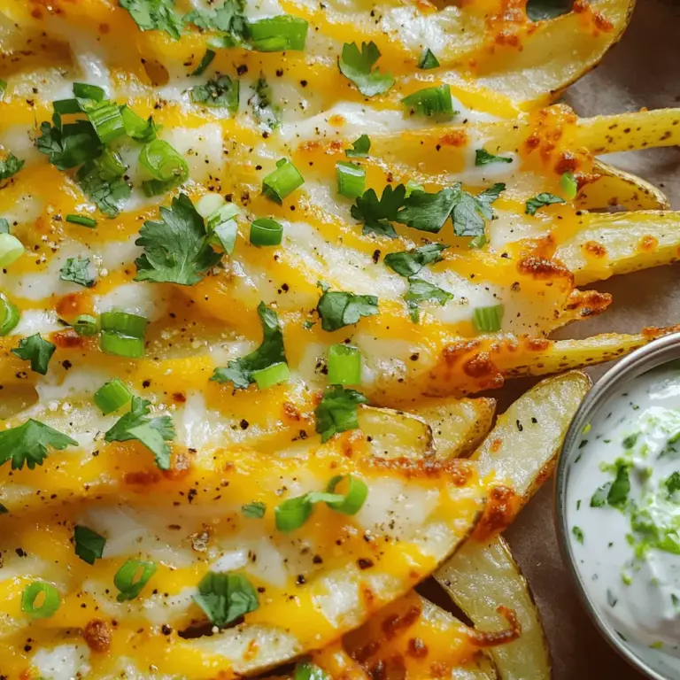 - 2 large russet potatoes - 1 cup shredded pepper jack cheese - 1 teaspoon smoked paprika - 1 teaspoon garlic powder - 1/2 teaspoon cayenne pepper - 1/4 cup sour cream - 2 tablespoons freshly chopped cilantro - 1 teaspoon lime juice When I make Voodoo Fries, I start with two large russet potatoes. They are perfect for making crispy fries. I cut them into thin strips for even cooking. Next, I reach for my favorite cheese, which is pepper jack. One cup of this cheese adds the spicy and cheesy flavor that makes the dish pop. Now, let’s talk about the spices. I use smoked paprika for a touch of warmth. One teaspoon is enough to give the fries depth. Garlic powder also goes in, adding that savory note we all love. For an extra kick, I add 1/2 teaspoon of cayenne pepper. You can adjust this to your taste. Finally, I prepare the garnishes. I mix 1/4 cup of sour cream, two tablespoons of fresh cilantro, and a teaspoon of lime juice. This zesty sauce pairs well with the fries and adds freshness. These ingredients come together to make a flavor explosion. Trust me, once you try these Voodoo Fries, you’ll want to make them again and again. Check out the Full Recipe for all the details! 1. Preheat the oven to 425°F (220°C). 2. Wash and scrub the large russet potatoes. Make sure they are clean. 3. Slice the potatoes into thin fries, about 1/4 inch thick. 1. In a large bowl, toss the sliced potatoes with 3 tablespoons of vegetable oil. Make sure all fries get coated. 2. In a small bowl, mix together: - 1 teaspoon smoked paprika - 1 teaspoon garlic powder - 1/2 teaspoon cayenne pepper - 1/2 teaspoon onion powder - Salt to taste 3. Sprinkle this spice mix over the fries. Toss well to coat each fry with flavor. 1. Spread the seasoned fries evenly on a baking sheet lined with parchment paper. 2. Bake in the preheated oven for 30 minutes. Flip the fries halfway through for even cooking. 3. Once golden and crispy, remove the fries from the oven. 4. Immediately sprinkle 1 cup of shredded pepper jack cheese over the hot fries. 5. Return to the oven for an additional 5 minutes, until the cheese melts and bubbles. 6. While the cheese melts, mix 1/4 cup sour cream, 2 tablespoons chopped cilantro, and 1 teaspoon lime juice in a bowl. Add a pinch of salt if you like. 7. Once the cheese is melted, remove the fries again. Garnish with 1/4 cup chopped green onions. 8. Your Voodoo Fries are now ready! Serve them hot with your zesty dipping sauce on the side. For the complete recipe, check [Full Recipe]. - Adjust spice levels to your preference: Start with the cayenne pepper. If you like it hot, add more! For a milder version, cut back. You can also swap spices. Try chili powder or even a dash of hot sauce for a kick. - Techniques for extra crispiness: To get your fries super crispy, soak the cut potatoes in cold water for 30 minutes. This removes some starch. After soaking, dry them well before tossing in oil. For an even crispier finish, use a mix of cornstarch and flour. Lightly coat the fries before baking. - Best sauces to pair with Voodoo Fries: The zesty sauce from the recipe is great. You can also try ranch dressing or a spicy aioli. A smoky BBQ sauce adds a nice touch too. - Complementary dishes to serve alongside: Voodoo fries work well with burgers or grilled chicken. They also pair nicely with a fresh salad. If you're feeling adventurous, serve them with tacos for a fun twist. Try making Voodoo Fries at home for a tasty treat! Check out the Full Recipe for all the steps. {{image_2}} You can make Voodoo Fries suitable for vegetarians and vegans. Start by swapping out the cheese and sour cream. Use vegan cheese that melts well. Brands like Daiya or Violife work great. For the sour cream, try cashew cream or coconut yogurt. They add a creamy texture without dairy. This way, everyone can enjoy these flavorful fries! To boost the taste of your Voodoo Fries, experiment with different cheese types. Cheddar or mozzarella can add a rich twist. You can even mix cheeses for a fun flavor blend. In addition, try unique spice blends. For example, add chili powder or cumin for a smoky kick. You can also sprinkle on some ranch or taco seasoning. These small tweaks can create exciting new tastes. Get creative, and let your taste buds guide you! To keep your leftover Voodoo Fries fresh, place them in an airtight container. Make sure the fries cool to room temperature first. This helps prevent sogginess. Store them in the fridge for up to three days. After that, their taste and texture may fade. When it's time to enjoy your leftovers, reheating them can be tricky. You want to keep that crispiness. The best methods are using an air fryer or an oven. - Air Fryer: Set it to 350°F (175°C). Place the fries in the basket for about 5-7 minutes. This helps them regain their crunch. - Oven: Preheat to 400°F (200°C). Spread the fries on a baking sheet. Heat for about 10-15 minutes. Check often to avoid burning. With these tips, your Voodoo Fries will taste almost as good as fresh! For the full recipe, check out the earlier section. Voodoo Fries are deliciously spicy and cheesy. They are made from crispy fries topped with pepper jack cheese and spices. This dish is popular in many places, especially at fairs and food trucks. People love them for their bold flavors and fun presentation. You can enjoy them as a snack or a side dish. To adjust the spice level, change the amount of cayenne pepper. You can add more for heat or reduce it for mildness. Other options include using different hot sauces or spices. If you want a sweeter taste, add a touch of honey or brown sugar. Always taste as you go to find your perfect balance. Yes, you can prepare Voodoo Fries ahead of time! Cut the potatoes and season them. Store them in the fridge for up to 24 hours. When you’re ready, bake them straight from the fridge. This keeps them fresh and tasty. You can also freeze the fries after baking. Just reheat them in the oven for a quick snack. For the full recipe, check the details above. Voodoo fries are fun and tasty. You start with russet potatoes and add spicy seasonings. Bake them to get crispy, then melt pepper jack cheese on top. Garnish with sour cream, cilantro, and lime juice for a fresh touch. Remember, you can change spices and add different toppings to suit your taste. Voodoo fries are versatile and easy to enjoy as a snack or side dish. Make them your own, and don't hesitate to experiment!