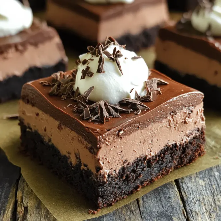 To make the brownie base, gather these items: - 1 cup unsalted butter, melted - 2 cups granulated sugar - 4 large eggs - 1 teaspoon vanilla extract - 1 cup all-purpose flour - 1 cup unsweetened cocoa powder - ½ teaspoon salt These ingredients combine to create a rich and fudgy base. The melted butter and sugar make it sweet and moist. The cocoa powder gives it that deep chocolate flavor we all love. Next, let's focus on the chocolate mousse. You will need: - 1 cup heavy cream - 8 ounces bittersweet chocolate, chopped - 3 large eggs, room temperature - ½ cup granulated sugar - 1 teaspoon vanilla extract This mousse is light and creamy. The bittersweet chocolate adds a nice balance to the sweetness. Be sure to use room temperature eggs for a smooth texture. For the finishing touch, gather these garnishes: - Whipped cream - Chocolate shavings or cocoa powder These add a lovely look and taste. The whipped cream makes it extra fluffy. Chocolate shavings or cocoa powder give it a fancy touch. For the complete recipe, check the [Full Recipe]. To start, preheat your oven to 350°F (175°C). Grease a 9x13 inch baking pan or line it with parchment paper. This makes it easy to lift the brownies out later. In a bowl, mix 1 cup of melted butter with 2 cups of granulated sugar. Whisk until creamy. Next, add 4 large eggs one at a time. After each egg, whisk well to combine. Then, stir in 1 teaspoon of vanilla extract. In a separate bowl, sift together 1 cup of all-purpose flour, 1 cup of unsweetened cocoa powder, and ½ teaspoon of salt. Gradually fold this dry mix into the wet ingredients until just combined. Pour the brownie batter into your prepared pan. Smooth the top with a spatula. Bake for 25-30 minutes. To check if they are done, insert a toothpick into the center. It should come out with a few moist crumbs. Let the brownies cool completely in the pan before moving on to the mousse. For the mousse, place 8 ounces of chopped bittersweet chocolate in a heatproof bowl. Put this bowl over simmering water, stirring until the chocolate melts and is smooth. Set it aside to cool a bit. Next, in a new bowl, beat 1 cup of heavy cream on high speed until stiff peaks form. In another bowl, whisk together 3 large eggs and ½ cup of sugar until light and fluffy. Now, stir in the cooled melted chocolate and 1 teaspoon of vanilla extract. Mix until everything is well combined. Gently fold the whipped cream into the chocolate mixture. Do this carefully to keep the mousse light and airy. Now that both layers are ready, it's time to assemble. Pour the chocolate mousse over the cooled brownie layer. Use a spatula to smooth the top. Cover the pan and refrigerate for at least 4 hours, or until the mousse sets. When the mousse is firm, lift the brownies out of the pan using the parchment paper. Cut them into squares. For a special touch, serve each square with whipped cream and a sprinkle of chocolate shavings or cocoa powder. Find the Full Recipe for more details. Enjoy your delicious treat! To make the best brownies, start with fresh ingredients. Use unsalted butter for a rich taste. Make sure you measure your flour and cocoa powder correctly. Too much can lead to dry brownies. Mix the melted butter and sugar until creamy. This adds air and helps the brownies rise. Bake them for 25-30 minutes. Check with a toothpick; it should have a few moist crumbs. Let them cool fully before adding the mousse. For a light mousse, use cold heavy cream. Beat it until stiff peaks form. This will give your mousse a fluffy texture. When you mix in the melted chocolate, do it gently. Folding keeps the air in the cream. This step is key for a smooth finish. Let the mousse set in the fridge for at least 4 hours. This helps it firm up and makes it easier to slice. Presentation makes a big difference! Cut the brownies into squares for serving. Top each square with a dollop of whipped cream. Add chocolate shavings or a dusting of cocoa powder. You can also use fresh berries for color. Arrange the squares on a nice platter. This will impress your guests. Try these ideas to make your dessert stand out. For the full recipe, check out the complete instructions above. {{image_2}} You can change up the chocolate in your brownies and mousse. Use milk chocolate for a sweeter taste. Dark chocolate gives a rich flavor. If you want a twist, try white chocolate. Just remember, each type of chocolate has a different sweetness level. Adjust the sugar in your recipe if needed. Want to amp up the mousse flavor? Add some flavor extracts to the mix. A splash of coffee extract can enhance the chocolate taste. For a minty twist, use peppermint extract. You can also fold in some orange zest for a fresh taste. These small changes can make your mousse layer even more exciting. If you need a gluten-free option, swap the all-purpose flour with a gluten-free blend. Many blends work well for baking. Just make sure to check the packaging for the right amount to use. You could also use almond flour for a nutty flavor. This way, everyone can enjoy these tasty layered chocolate mousse brownies! Check out the Full Recipe for more details. To keep your layered chocolate mousse brownies fresh, store them in an airtight container. Place a piece of parchment paper between the layers to prevent sticking. This method helps keep each brownie intact and delicious. You can freeze these brownies for up to three months. First, cut them into squares. Wrap each square tightly in plastic wrap. Then, place them in a freezer-safe bag or container. Thaw them in the fridge overnight when you want to enjoy them. To maintain the best taste and texture, eat the brownies within one week if stored in the fridge. Keep them away from direct sunlight or heat. If you notice any signs of moisture, that means they are no longer fresh. For the best enjoyment, serve them cold or at room temperature. You can check the full recipe for more details on preparation. Yes, you can use milk chocolate or white chocolate for the mousse. Each type will give a unique taste. Milk chocolate will make it sweeter, while white chocolate adds a creamy texture. Choose a chocolate you love! Just remember to adjust the sugar if you use sweeter chocolate. You can use applesauce, banana, or silken tofu as substitutes for eggs. Each option will help bind the ingredients. Use ¼ cup of applesauce or mashed banana for each egg. For silken tofu, blend it until smooth and use ¼ cup per egg. These options work well in brownies and mousse. You can store the brownies in the fridge for up to one week. Keep them in an airtight container to maintain freshness. If you want to enjoy them longer, you can freeze them for up to three months. Just thaw them in the fridge before serving. Enjoy the deliciousness later! In this post, we explored how to make delicious layered chocolate mousse brownies. We covered the key ingredients, including those for the brownie base and mousse layer. You learned step-by-step instructions and helpful tips for baking and presentation. We also shared fun variations and storage tips so you can enjoy these treats longer. With these insights, you can impress friends and family. Enjoy creating your own tasty, layered brownies!