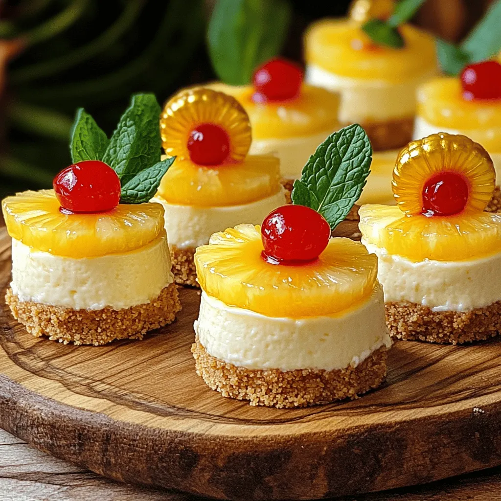 To make these mini pineapple upside-down cheesecakes, gather the following items: - 1 cup crushed graham crackers - 1/4 cup unsalted butter, melted - 1/2 cup cream cheese, softened - 1/4 cup granulated sugar - 1/4 cup sour cream - 1 teaspoon vanilla extract - 1/2 cup crushed pineapple, drained - 12 pineapple rings (canned or fresh) - Maraschino cherries for topping - A pinch of salt You can swap ingredients based on what you have at home. Here are some ideas: - Use digestive biscuits instead of graham crackers for a different crust. - Swap unsalted butter with coconut oil for a dairy-free option. - Neufchâtel cheese can replace cream cheese for a lighter option. - Greek yogurt works well in place of sour cream. - You can add a dash of coconut extract if you want a tropical twist. Prepare your kitchen with these tools: - Muffin tin for baking the cheesecakes - Mixing bowls for combining ingredients - A whisk or electric mixer for beating the cream cheese - Measuring cups for precise measurements - Spatula for folding ingredients together - Cooking spray to grease the muffin tin These ingredients and tools will help you create delightful mini cheesecakes. Check the Full Recipe for steps to make this sweet treat! Start by preheating your oven to 325°F (160°C). In a bowl, mix 1 cup of crushed graham crackers with 1/4 cup of melted unsalted butter. Stir until it looks crumbly. Next, lightly grease a muffin tin with cooking spray. Press this mixture into each muffin cup to form a crust. Bake the crusts for 8-10 minutes. You want them slightly golden. Once they are done, take them out and let them cool. In another bowl, beat 1/2 cup of softened cream cheese with 1/4 cup of granulated sugar. Mix until it’s smooth and creamy. Now add 1/4 cup of sour cream, 1 teaspoon of vanilla extract, and a pinch of salt. Mix everything together well. Next, gently fold in 1/2 cup of drained crushed pineapple. Make sure it’s evenly mixed but don’t overdo it. Spoon the cream cheese mixture into your cooled crusts. Fill each cup almost to the top. Place a pineapple ring on each cheesecake, pressing it in a bit. Now, bake in your preheated oven for 18-20 minutes. You want them to be set around the edges but still jiggly in the center. Turn off the oven and let the cheesecakes cool in there for 10 more minutes. After that, take them out and let them cool on a wire rack for at least 30 minutes. Chill in the fridge for at least 2 hours. When ready, carefully remove from the muffin tin. Top with a maraschino cherry for a sweet touch. Enjoy your mini pineapple upside-down cheesecakes! For the full recipe, check the detailed instructions above. To get the best texture for your mini cheesecakes, use room temperature cream cheese. Cold cream cheese makes it hard to mix smoothly. Mix the cream cheese and sugar well until it is creamy and light. This method helps make your filling airy. Don't overmix after adding the pineapple. Gently fold it in to keep that nice texture. This way, your cheesecakes will be smooth and fluffy. These mini cheesecakes are perfect for any event. You can serve them at parties, picnics, or family dinners. They look cute on a platter. Place them on a large tray, and add some fresh mint leaves around them for color. You can also serve them with a scoop of vanilla ice cream for added fun. Guests will love the sweet and tart flavor combo. Garnishing adds a beautiful touch. After chilling, top each cheesecake with a maraschino cherry. You can also drizzle some melted chocolate or caramel sauce on top. For a tropical twist, sprinkle some toasted coconut flakes around the edges. This not only enhances the look but also adds extra flavor. Try different toppings to find your favorite! {{image_2}} You can switch up the fruit in these cheesecakes. Try mango, kiwi, or coconut. Each fruit brings its own taste and color. For example, use diced mango on top. It adds a sweet twist. You can also mix fruits into the filling. Just fold in small pieces before baking. This makes each cheesecake unique and fun. Why not try different cheesecake flavors? You can add cocoa powder for chocolate cheesecakes. Just mix in two tablespoons with the cream cheese. Or try lemon zest for a fresh taste. This adds brightness and zing. If you love coffee, blend in espresso powder. Each flavor makes these cheesecakes special and exciting. If you need a gluten-free option, use gluten-free graham crackers. They work just like regular ones. You will still get that crunchy crust. Ensure that your cream cheese and other ingredients are gluten-free too. This way, everyone can enjoy these tasty treats without worry. For more great ideas, check out the full recipe! To keep your mini pineapple upside-down cheesecakes fresh, store them in the fridge. Use an airtight container to prevent them from absorbing odors. Place parchment paper between layers if you stack them. This will help keep the toppings intact. You can freeze these cheesecakes for later enjoyment. First, let them cool completely. Wrap each one tightly in plastic wrap. Then, place them in a freezer-safe bag or container. They can last up to three months in the freezer. When you’re ready to eat, just thaw them in the fridge overnight. These mini cheesecakes last about five days in the fridge. If you have leftovers, reheat them gently. Use a microwave for about 15-20 seconds on low power. This warms them up without cooking them further. Enjoy the same delicious flavor as when they were fresh! For the full recipe, be sure to check out the detailed instructions above. Yes, you can use fresh pineapple. Fresh pineapple adds a bright flavor and texture. Just make sure to slice it thinly. Drain any extra juice before using. This will keep your cheesecakes from getting too wet. To prevent a soggy crust, bake it first. I recommend baking for 8-10 minutes until golden. This helps it firm up. Also, let the crust cool before adding the cream cheese mix. If you want, you can brush the crust with melted chocolate or a bit of butter. This adds a barrier and helps keep it crisp. I love serving these mini cheesecakes chilled. They look great on a platter. You can add fresh mint leaves around them for color. A drizzle of caramel or melted butter with brown sugar is also nice. Each cheesecake gets topped with a maraschino cherry. It adds a fun touch and a pop of color. Yes, you can make these mini cheesecakes ahead of time! They store well in the fridge for up to 5 days. Just keep them in an airtight container. You can also freeze them for up to a month. Allow them to thaw in the fridge overnight before serving. This makes them perfect for parties or gatherings. For the full recipe, check out the section above. You learned about making mini cheesecakes, from the ingredients to serving ideas. We covered necessary equipment, how to prepare a crust, and how to make the filling. You discovered tips for texture and garnishing, plus tasty variations and storage advice. Mini cheesecakes are fun and easy to customize. Try new flavors or toppings to impress your friends. Enjoy your baking adventure!