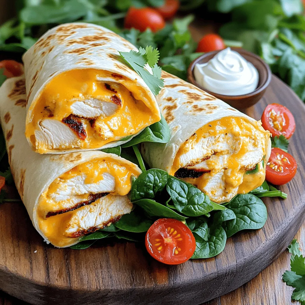 For Cheesy Garlic Chicken Wraps, gather these key items: - 2 large chicken breasts, grilled and sliced - 1 cup shredded cheddar cheese - 1 cup cream cheese, softened - 2 cloves garlic, minced - 1 tablespoon olive oil - 1 teaspoon paprika - Salt and pepper to taste - 4 large flour tortillas - 1 cup fresh spinach leaves - 1/2 cup diced tomatoes - 1/4 cup fresh cilantro, chopped (optional) - Sour cream or Greek yogurt (for serving) These ingredients create a delightful mix of flavors and textures. The chicken brings protein, while the cheeses add creaminess. Garlic gives a nice punch, and the spinach and tomatoes add freshness. You likely have some of these items in your pantry that work well with the wraps: - Olive oil - Salt - Pepper - Paprika These staples enhance the flavor of the wraps. They are easy to find and make the dish even better. Want to add some flair? Consider these suggestions: - Sliced jalapeños for heat - Avocado slices for creaminess - Black beans for extra protein - Corn for sweetness These add-ins can make your wraps even more delicious. Feel free to mix and match to suit your taste. For the full recipe, check out the detailed instructions to create your Cheesy Garlic Chicken Wraps. To start, gather all your ingredients. You need two large grilled chicken breasts, cream cheese, and cheddar cheese. Mince two cloves of garlic. In a skillet, heat one tablespoon of olive oil. Add the minced garlic and sauté for one to two minutes until it smells great. Next, mix the grilled chicken, cream cheese, cheddar cheese, paprika, salt, and pepper in a bowl. Ensure the chicken is well-coated with the cheesy mix. Now, lay out your four large flour tortillas on a clean surface. Take a generous scoop of the cheesy chicken mixture and place it in the center of each tortilla. Add a handful of fresh spinach leaves and some diced tomatoes on top. If you like, sprinkle a bit of chopped cilantro for extra flavor. To wrap, fold the sides in and roll from the bottom up tightly. This helps keep all the tasty filling inside. Preheat a skillet or grill pan over medium-high heat. Place the wraps seam side down in the skillet. Cook for about two to three minutes on each side until they are golden and crispy. This step adds a nice crunch to your wraps. Once cooked, take them out and let them cool for a minute. Cut each wrap in half and serve. Enjoy with sour cream or Greek yogurt for dipping. For a full recipe, you can check the instructions provided earlier. To make your cheesy garlic chicken wraps shine, focus on flavor. Start by heating the olive oil in your skillet. Add the minced garlic and sauté it for just 1-2 minutes. This step brings out the garlic’s rich taste. Next, coat the grilled chicken slices in the cream cheese and cheddar mix. This will help the flavors meld together. Use fresh chicken for the best results. To serve your wraps nicely, use a large platter. Place your wraps in a neat row. Add a small bowl of sour cream or Greek yogurt on the side for dipping. For a splash of color, sprinkle extra diced tomatoes and chopped cilantro on top. This makes your dish look inviting and tasty. If your wraps turn out soggy, it could be the tortillas. Always toast them right after wrapping. This keeps them crisp. For uneven melting cheese, let your pan heat up before adding the wraps. This helps the cheese melt smoothly. If your wraps are hard to roll, warm the tortillas slightly in the microwave. This makes them more pliable. Follow these tips for perfect wraps every time. For the full recipe, check out the detailed instructions above. {{image_2}} To make Cheesy Garlic Chicken Wraps gluten-free, use corn tortillas instead of flour tortillas. This simple swap keeps the wraps tasty and safe for gluten-sensitive eaters. For a dairy-free option, substitute cream cheese and cheddar cheese with vegan versions. There are many brands that offer delicious dairy-free cheese that melts well. You can change the flavor profile by adding spices. For a spicy kick, mix in some cayenne pepper or diced jalapeños. If you enjoy fresh herbs, consider adding chopped basil or parsley to the mix. This small change can transform the dish into something exciting and new. Feel free to experiment with proteins. Instead of chicken, use turkey or even cooked shrimp. For a vegetarian option, try black beans or chickpeas. You can also add more veggies, like bell peppers or zucchini, for extra flavor and nutrition. These swaps keep the dish fresh and fun every time you make it. For the full recipe, check out the instructions above. To keep your Cheesy Garlic Chicken Wraps fresh, store them in the fridge. Place the wraps in an airtight container. You can also wrap them in plastic wrap or aluminum foil. They will stay good for up to three days. Make sure to let them cool down before storing. This helps to prevent moisture buildup. If you want to save some for later, freezing works great. Wrap each Cheesy Garlic Chicken Wrap tightly in plastic wrap. Then, place the wrapped wraps in a freezer bag. Squeeze out as much air as you can to avoid freezer burn. They can last up to three months in the freezer. When you are ready to eat, just thaw them in the fridge overnight. To reheat your wraps, use an oven for the best texture. Preheat your oven to 350°F (175°C). Place the wraps on a baking sheet. Heat them for about 10-15 minutes, or until warm. You can also use a microwave for a quicker option. Just heat them for 1-2 minutes. However, the oven keeps them crispy, while the microwave may make them soft. Enjoy your tasty wraps again! You can add heat by using spicy ingredients. Try adding sliced jalapeños or sprinkle crushed red pepper flakes into the chicken mixture. You could also mix in a bit of hot sauce or sriracha for extra kick. Another great idea is to use pepper jack cheese instead of cheddar for a flavorful twist. Yes, you can use various cheeses to change the flavor. Mozzarella gives a nice stretch, while gouda adds a smoky taste. If you're looking for something sharp, try using sharp cheddar or even feta for a tangy kick. Each cheese will bring its own unique flavor to the wraps, making them fun to customize. To create a balanced meal, serve these wraps with fresh sides. A simple salad with mixed greens and vinaigrette pairs well. You could also try serving them with a side of crispy tortilla chips and salsa. For something warm, consider a bowl of vegetable soup or a side of roasted veggies. Each side will complement the cheesy garlic chicken wraps perfectly. You’ve learned how to make Cheesy Garlic Chicken Wraps from scratch. We covered key ingredients, preparation, assembly, and cooking techniques. You also got tips for serving and storage, plus variations to fit dietary needs. I hope you feel ready to try this recipe at home. Enjoying your creation is the best part. Happy cooking!