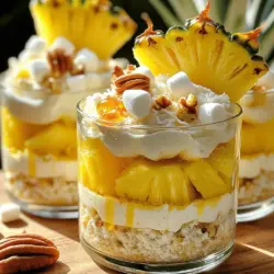 To make Pineapple Dream Dessert, gather these simple ingredients: - 1 cup crushed pineapple, drained - 1 cup cottage cheese - 1 cup whipped cream - 1/2 cup shredded coconut - 1/2 cup mini marshmallows - 1/4 cup chopped pecans (or walnuts) - 2 tablespoons honey or maple syrup - 1 teaspoon vanilla extract - Fresh pineapple slices for garnish These ingredients create a fun mix of flavors and textures. The crushed pineapple brings sweetness and moisture. The cottage cheese adds creaminess, while the whipped cream gives a light, fluffy feel. Coconut and marshmallows add a delightful chew, and pecans provide a nice crunch. You can swap some ingredients if needed. Here are a few ideas: - Instead of cottage cheese, use Greek yogurt for a tangy twist. - For whipped cream, you can use a non-dairy alternative like coconut cream. - If you want less sweetness, omit the honey or maple syrup. - For nuts, use sunflower seeds if allergies are a concern. These substitutions keep the dessert tasty while catering to different diets and preferences. Choosing the right pineapple makes a big difference. Here are some tips: - Look for pineapples with a sweet smell at the base. - Choose firm pineapples with a golden color. - Avoid any with soft spots or dark marks. - If possible, select a pineapple with green, healthy-looking leaves. Using fresh, ripe pineapple enhances the dessert's flavor, making it even more enjoyable. First, gather all your ingredients. You need crushed pineapple, cottage cheese, whipped cream, shredded coconut, mini marshmallows, chopped pecans, honey or maple syrup, and vanilla extract. The prep time for this dessert is just 15 minutes. This is quick and easy, and perfect for any occasion! In a large bowl, mix the crushed pineapple and cottage cheese. Stir them well until they blend nicely. In another bowl, whip the cream until it forms soft peaks. This step is key for a light texture. Next, gently fold the whipped cream into the pineapple mixture. Use a spatula to combine them slowly. You want to keep the air in the whipped cream. After that, add the shredded coconut, mini marshmallows, and chopped pecans. Drizzle in honey or maple syrup and add the vanilla extract. Mix it all together gently. Now, spoon the mixture into dessert cups or a large bowl. Chill the dessert in the refrigerator for at least one hour. This helps the flavors mix well and the dessert to firm up. When you are ready to serve, garnish with fresh pineapple slices and a sprinkle of coconut. For a fun touch, use clear glass cups to show off the colorful layers. You can find the full recipe at the beginning of this article! To make great whipped cream, start with cold cream. Use a chilled bowl for best results. Whip the cream until you see soft peaks. Do not overwhip, or it will turn into butter. Soft peaks mean the cream holds its shape but still flows. You want it light and fluffy. This cream adds a nice texture to the dessert. Taste is key when making Pineapple Dream Dessert. If you like it sweeter, add more honey or maple syrup. Start with a small amount, then mix and taste. You can always add more, but it’s hard to take it out. Remember, the pineapple also brings natural sweetness. So, adjust based on your taste buds. Want to make your dessert even more fun? Try adding a splash of lime juice. It brightens the flavors nicely. You can also mix in a little almond extract for depth. If you love nuts, consider adding chopped almonds or walnuts. For a tropical twist, add diced mango or banana. These flavors can make your dessert really pop! For the complete steps, be sure to check the Full Recipe. {{image_2}} You can make Pineapple Dream Dessert even more fun by adding other fruits. Try diced mango or kiwi for a sweet touch. Berries like strawberries or blueberries can add a pop of color. Mixing fruits gives layers of flavor and makes the dessert even fresher. If you want a lighter treat, swap the cottage cheese for low-fat options. Use Greek yogurt instead of whipped cream for a healthy twist. You can also lower the sugar by using fresh fruit for sweetness. These changes keep the taste great while cutting some calories. To make a vegan version, use coconut yogurt or almond yogurt instead of dairy. You can replace whipped cream with whipped coconut cream. Use maple syrup or agave instead of honey. This way, everyone can enjoy this delicious dessert, no matter their diet. For the complete recipe, check the Full Recipe. To keep your Pineapple Dream Dessert fresh, store it in the fridge. Use an airtight container to prevent any smell transfer from other foods. Make sure it is completely cool before covering it to avoid condensation. If you use glass cups, cover them with plastic wrap. This keeps your dessert creamy and delightful. You can freeze Pineapple Dream Dessert, but it may change slightly. The whipped cream can become grainy after thawing. If you want to freeze it, use a freezer-safe container. Allow it to chill in the fridge first, then cover and freeze. To enjoy, thaw it overnight in the fridge before serving. In the fridge, your Pineapple Dream Dessert stays fresh for about 3 to 4 days. After that, the texture may change, and it might lose some flavor. Always check for any signs of spoilage, like off smells or unusual textures. If you want it to last longer, consider freezing it. You can find the full recipe for this delightful treat in the earlier sections. Yes, you can make Pineapple Dream Dessert ahead of time. I often prepare it a day in advance. Just mix all the ingredients and chill it in the fridge. This allows the flavors to blend well. It tastes even better the next day! Pineapple Dream Dessert pairs well with many treats. Here are some ideas: - Grilled chicken or shrimp for a savory touch - Coconut macaroons for a sweet crunch - Fresh fruit salad to keep it light These options add variety and balance to your meal. Absolutely! Pineapple Dream Dessert is a hit at parties. It looks lovely in clear cups or bowls. The bright colors catch the eye. Plus, it’s easy to serve and requires no baking! Guests love its light, refreshing taste. You can make it in big batches, too. This dessert will impress your friends and family. For the complete recipe, check out the Full Recipe section. We explored how to make Pineapple Dream Dessert with a detailed ingredient list, smart substitutions, and tips for choosing the best pineapple. I shared step-by-step instructions and key techniques for mixing and serving. You also learned how to make it even better with tips and tricks. Variations can fit any taste, and storage advice helps keep it fresh. Now you can create this delight with confidence. Enjoy every bite and share it at your next gathering!