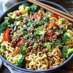 - 1 lb ground beef - 8 oz egg noodles - 2 cups broccoli florets - 1 red bell pepper, sliced - 4 green onions, sliced (white and green parts separated) - 3 tablespoons soy sauce - 2 tablespoons oyster sauce - 1 tablespoon hoisin sauce - 1 tablespoon sesame oil - Sesame seeds - Additional green onions When you make Mongolian Ground Beef Noodles, fresh ingredients shine. You need high-quality ground beef for that rich flavor. Egg noodles add a hearty touch. Fresh veggies like broccoli and bell pepper give crunch and color. Green onions add a nice zing. For sauces, soy sauce is key. It brings saltiness and depth. Oyster sauce adds a hint of sweetness and umami. Hoisin sauce gives a nice balance with its sweet and savory notes. Finally, sesame oil adds a lovely nutty aroma. Feel free to sprinkle sesame seeds and extra green onions as garnishes. They not only look good but also add more flavor. For the full recipe, check the detailed cooking instructions. To start, bring a large pot of salted water to a boil. Make sure to use enough salt; this adds flavor to the noodles. Once the water is boiling, add 8 ounces of egg noodles. Cook them according to the package instructions until they are al dente. This usually takes about 5-7 minutes. Once done, drain the noodles and set them aside. Next, heat 1 tablespoon of vegetable oil in a large skillet over medium-high heat. Add 1 pound of ground beef to the skillet. Cook until the beef is browned, which takes about 5-7 minutes. Use a spatula to break it up as it cooks. If there is excess fat, drain it off. This step is key to keeping your dish from being greasy. Now, it’s time to add some flavor. Toss in 1 small chopped onion, 3 minced garlic cloves, and 1 inch of grated ginger into the skillet with the beef. Sauté for about 2-3 minutes. You want the onion to become translucent and fragrant. After that, add 2 cups of broccoli florets and 1 sliced red bell pepper. Stir-fry these for 3-4 minutes until they are tender-crisp. This keeps them vibrant and crunchy. In a small bowl, whisk together the sauces. You need 3 tablespoons of soy sauce, 2 tablespoons of oyster sauce, 1 tablespoon of hoisin sauce, and 1 tablespoon of sesame oil. Pour this sauce mixture over the beef and veggies in the skillet. Toss everything well to coat. Finally, add the drained noodles to the skillet. Gently mix everything for 1-2 minutes. This helps the noodles soak up all that tasty sauce. For the complete recipe, check out the Full Recipe. To keep your noodles from sticking, follow these tips: - Use plenty of water: Fill a large pot with at least four quarts of water. - Salt the water: Add a generous amount of salt. This helps flavor the noodles. - Stir regularly: As soon as you add the noodles, stir them often for the first few minutes. For proper sautéing techniques: - Preheat the skillet: Heat your skillet or wok until hot before adding oil. - Use high heat: This helps sear the beef quickly, sealing in its flavors. - Don’t overcrowd: Cook in batches if needed. This helps the beef brown nicely. Adjusting the sauce mix can change the flavor: - More soy sauce: Add an extra splash for saltiness. - Add chili paste: A spoonful can spice things up if you like heat. - Sweetness balance: If too salty, add a touch of sugar or honey. For best practices in seasoning: - Taste as you go: Always sample your dish while cooking. - Fresh herbs: Add chopped cilantro or basil at the end for fresh flavor. For serving suggestions: - Use large bowls: Serve the noodles in deep bowls for a hearty look. - Garnish generously: Top with sliced green onions and sesame seeds. Recommended serving utensils: - Chopsticks: These add a fun, authentic touch to your meal. - Forks: For those who prefer a more familiar tool. For more detailed steps on making this dish, check out the Full Recipe. {{image_2}} You can switch proteins easily. Try chicken or tofu instead of ground beef. This keeps the dish light and tasty. If you want more color, use carrots or snap peas. They add crunch and flavor to your meal. For gluten-free noodles, use rice noodles or zucchini noodles. Both options work well and taste great. You can also lower the sodium in this dish. Look for low-sodium soy sauce or make your own sauce mix. Want to spice it up? Add chili flakes or sriracha for some heat. This gives your dish a new kick. Garnishes can change the game, too. Try adding cilantro or crushed peanuts for a local touch. These small changes can make a big difference in taste. To store leftovers, let them cool first. Place them in an airtight container. This keeps your meal fresh. You can keep cooked noodles in the fridge for about 3 to 4 days. Make sure they're stored separately from the sauce to avoid mushiness. If you want to freeze portions, divide them into single servings. Use freezer-safe containers or bags. Make sure to remove as much air as possible. To reheat frozen meals, thaw them in the fridge overnight. Then, warm them in a skillet over low heat or in the microwave until hot. Get creative with your leftovers! You can turn them into a stir-fry with extra veggies. Another idea is to mix them into a soup for added flavor. You can also toss them in a salad for a quick meal. Combine the noodles with a different protein or sauce to keep things exciting. You can use ground turkey, chicken, or even tofu. Each option brings a unique taste. If you want a beefy flavor, try using beef alternatives made from plants. They can mimic the texture and taste very well. Yes, you can prepare the beef and sauce a day before. Just store them in the fridge. Cook the noodles right before serving to keep them fresh. This also helps the flavors blend well. To avoid mushy noodles, cook them just until al dente. Drain them immediately and rinse with cold water. This stops the cooking process. Toss them with a bit of oil if you’re not mixing them right away. Steamed vegetables, like green beans or bok choy, work great. A light salad adds a nice crunch. You can also serve it with egg rolls for a fun twist. Absolutely! This recipe uses simple steps and common ingredients. It’s perfect for those new to cooking. Follow the [Full Recipe], and you’ll have a tasty meal in no time. Store leftovers in an airtight container in the fridge. They last about three days. For longer storage, freeze the noodles and beef separately. This way, they maintain their texture. This blog post covered everything you need to make Mongolian Ground Beef Noodles. You learned about key ingredients like ground beef, egg noodles, and fresh veggies. I shared step-by-step instructions to help you cook perfectly. Tips on flavor and presentation will make your dish shine. You can even switch up ingredients for dietary needs or personal taste. Store leftovers properly, so nothing goes to waste. Now, you have all you need to create a delicious meal. Enjoy cooking and make it your own!
