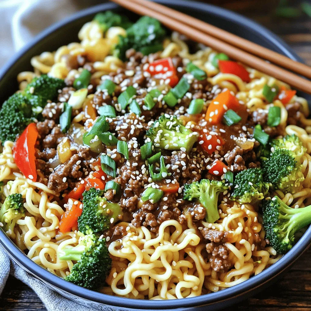 - 1 lb ground beef - 8 oz egg noodles - 2 cups broccoli florets - 1 red bell pepper, sliced - 4 green onions, sliced (white and green parts separated) - 3 tablespoons soy sauce - 2 tablespoons oyster sauce - 1 tablespoon hoisin sauce - 1 tablespoon sesame oil - Sesame seeds - Additional green onions When you make Mongolian Ground Beef Noodles, fresh ingredients shine. You need high-quality ground beef for that rich flavor. Egg noodles add a hearty touch. Fresh veggies like broccoli and bell pepper give crunch and color. Green onions add a nice zing. For sauces, soy sauce is key. It brings saltiness and depth. Oyster sauce adds a hint of sweetness and umami. Hoisin sauce gives a nice balance with its sweet and savory notes. Finally, sesame oil adds a lovely nutty aroma. Feel free to sprinkle sesame seeds and extra green onions as garnishes. They not only look good but also add more flavor. For the full recipe, check the detailed cooking instructions. To start, bring a large pot of salted water to a boil. Make sure to use enough salt; this adds flavor to the noodles. Once the water is boiling, add 8 ounces of egg noodles. Cook them according to the package instructions until they are al dente. This usually takes about 5-7 minutes. Once done, drain the noodles and set them aside. Next, heat 1 tablespoon of vegetable oil in a large skillet over medium-high heat. Add 1 pound of ground beef to the skillet. Cook until the beef is browned, which takes about 5-7 minutes. Use a spatula to break it up as it cooks. If there is excess fat, drain it off. This step is key to keeping your dish from being greasy. Now, it’s time to add some flavor. Toss in 1 small chopped onion, 3 minced garlic cloves, and 1 inch of grated ginger into the skillet with the beef. Sauté for about 2-3 minutes. You want the onion to become translucent and fragrant. After that, add 2 cups of broccoli florets and 1 sliced red bell pepper. Stir-fry these for 3-4 minutes until they are tender-crisp. This keeps them vibrant and crunchy. In a small bowl, whisk together the sauces. You need 3 tablespoons of soy sauce, 2 tablespoons of oyster sauce, 1 tablespoon of hoisin sauce, and 1 tablespoon of sesame oil. Pour this sauce mixture over the beef and veggies in the skillet. Toss everything well to coat. Finally, add the drained noodles to the skillet. Gently mix everything for 1-2 minutes. This helps the noodles soak up all that tasty sauce. For the complete recipe, check out the Full Recipe. To keep your noodles from sticking, follow these tips: - Use plenty of water: Fill a large pot with at least four quarts of water. - Salt the water: Add a generous amount of salt. This helps flavor the noodles. - Stir regularly: As soon as you add the noodles, stir them often for the first few minutes. For proper sautéing techniques: - Preheat the skillet: Heat your skillet or wok until hot before adding oil. - Use high heat: This helps sear the beef quickly, sealing in its flavors. - Don’t overcrowd: Cook in batches if needed. This helps the beef brown nicely. Adjusting the sauce mix can change the flavor: - More soy sauce: Add an extra splash for saltiness. - Add chili paste: A spoonful can spice things up if you like heat. - Sweetness balance: If too salty, add a touch of sugar or honey. For best practices in seasoning: - Taste as you go: Always sample your dish while cooking. - Fresh herbs: Add chopped cilantro or basil at the end for fresh flavor. For serving suggestions: - Use large bowls: Serve the noodles in deep bowls for a hearty look. - Garnish generously: Top with sliced green onions and sesame seeds. Recommended serving utensils: - Chopsticks: These add a fun, authentic touch to your meal. - Forks: For those who prefer a more familiar tool. For more detailed steps on making this dish, check out the Full Recipe. {{image_2}} You can switch proteins easily. Try chicken or tofu instead of ground beef. This keeps the dish light and tasty. If you want more color, use carrots or snap peas. They add crunch and flavor to your meal. For gluten-free noodles, use rice noodles or zucchini noodles. Both options work well and taste great. You can also lower the sodium in this dish. Look for low-sodium soy sauce or make your own sauce mix. Want to spice it up? Add chili flakes or sriracha for some heat. This gives your dish a new kick. Garnishes can change the game, too. Try adding cilantro or crushed peanuts for a local touch. These small changes can make a big difference in taste. To store leftovers, let them cool first. Place them in an airtight container. This keeps your meal fresh. You can keep cooked noodles in the fridge for about 3 to 4 days. Make sure they're stored separately from the sauce to avoid mushiness. If you want to freeze portions, divide them into single servings. Use freezer-safe containers or bags. Make sure to remove as much air as possible. To reheat frozen meals, thaw them in the fridge overnight. Then, warm them in a skillet over low heat or in the microwave until hot. Get creative with your leftovers! You can turn them into a stir-fry with extra veggies. Another idea is to mix them into a soup for added flavor. You can also toss them in a salad for a quick meal. Combine the noodles with a different protein or sauce to keep things exciting. You can use ground turkey, chicken, or even tofu. Each option brings a unique taste. If you want a beefy flavor, try using beef alternatives made from plants. They can mimic the texture and taste very well. Yes, you can prepare the beef and sauce a day before. Just store them in the fridge. Cook the noodles right before serving to keep them fresh. This also helps the flavors blend well. To avoid mushy noodles, cook them just until al dente. Drain them immediately and rinse with cold water. This stops the cooking process. Toss them with a bit of oil if you’re not mixing them right away. Steamed vegetables, like green beans or bok choy, work great. A light salad adds a nice crunch. You can also serve it with egg rolls for a fun twist. Absolutely! This recipe uses simple steps and common ingredients. It’s perfect for those new to cooking. Follow the [Full Recipe], and you’ll have a tasty meal in no time. Store leftovers in an airtight container in the fridge. They last about three days. For longer storage, freeze the noodles and beef separately. This way, they maintain their texture. This blog post covered everything you need to make Mongolian Ground Beef Noodles. You learned about key ingredients like ground beef, egg noodles, and fresh veggies. I shared step-by-step instructions to help you cook perfectly. Tips on flavor and presentation will make your dish shine. You can even switch up ingredients for dietary needs or personal taste. Store leftovers properly, so nothing goes to waste. Now, you have all you need to create a delicious meal. Enjoy cooking and make it your own!