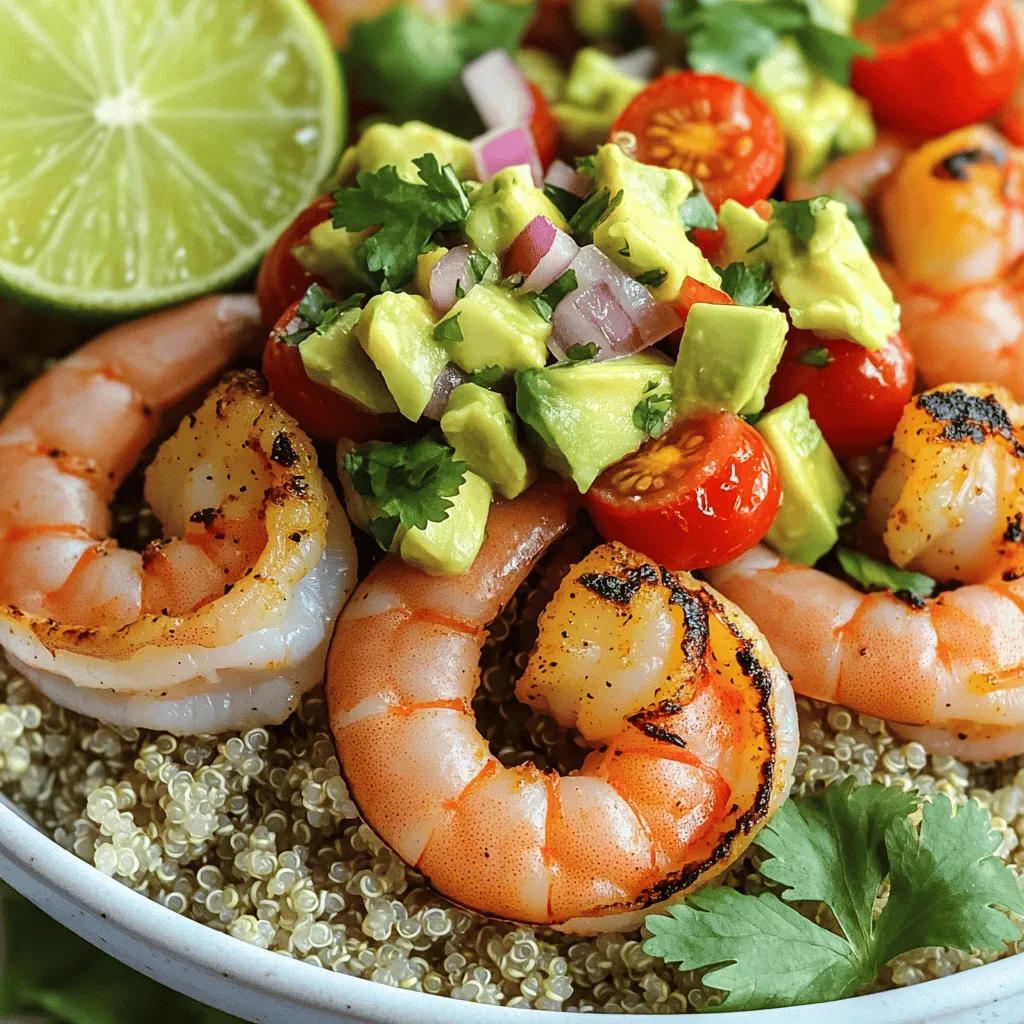 - 1 pound large shrimp, peeled and deveined - 2 tablespoons olive oil - 2 cloves garlic, minced - 1 teaspoon smoked paprika - 1 teaspoon cumin - Salt and pepper to taste - 1 cup cooked quinoa - 1 cup cherry tomatoes, halved - 1 red onion, finely diced - 1 ripe avocado, diced - 1 lime, juiced - Fresh cilantro, chopped - Lime wedges - Extra cilantro To make a great Grilled Shrimp Bowl with Avocado Salsa, gather your main ingredients first. Start with fresh shrimp. Peel and devein them for the best taste. Use large shrimp for a hearty bite. You also need olive oil, garlic, smoked paprika, cumin, salt, and pepper. These flavors blend well and make the shrimp pop. Next, cook your quinoa. It adds a nice base to the bowl. You’ll need cherry tomatoes and red onion to give it a colorful touch. The avocado brings creaminess, and lime juice adds zing. Lastly, fresh cilantro gives a burst of flavor. For a garnish, you can add lime wedges and extra cilantro. These add a nice touch to your dish. This combination is not just tasty; it looks great too. You can find the full recipe to guide you through every step, ensuring you create this delightful dish with ease. - In a large bowl, combine 2 tablespoons olive oil, 2 minced garlic cloves, 1 teaspoon smoked paprika, 1 teaspoon cumin, salt, and pepper. - Add 1 pound of peeled and deveined shrimp. Toss them well in the marinade. - Let the shrimp marinate for 15-20 minutes. This time allows the flavors to soak in. - Preheat your grill or grill pan over medium-high heat. - Once hot, place the shrimp on the grill. Grill for 2-3 minutes on each side. - The shrimp should turn pink and opaque. Remove them from the grill and set aside. - In a bowl, combine 1 diced avocado, 1 cup halved cherry tomatoes, 1 finely diced red onion, and juice from 1 lime. - Add a pinch of salt to taste. Gently mix the ingredients together. - Be careful not to mash the avocado. You want nice chunks for texture. - Spoon 1 cup of cooked quinoa into each serving bowl. - Top the quinoa with the grilled shrimp and a generous scoop of avocado salsa. - For a final touch, garnish with fresh cilantro and a lime wedge. You can find the full recipe above! To make the best grilled shrimp, avoid overcooking. Shrimp cook quickly. They turn pink and opaque in just 2-3 minutes per side. If you cook them too long, they become tough. Use skewers for easier handling on the grill. Skewers keep the shrimp together and make flipping them simple. Soak wooden skewers in water first to stop them from burning. You can change up your avocado salsa for extra flavor. Try adding corn for a sweet crunch. Jalapeños give a spicy kick if you like heat. You can also swap lime juice for lemon juice for a bright twist. Each variation adds a new layer to the dish. Feel free to mix and match to suit your taste! {{image_2}} You can switch shrimp for chicken or tofu. Both options taste great and add variety. If you want a lighter meal, think about skipping the protein. A bowl with just grains and veggies can be refreshing and filling. If you want a change from quinoa, brown rice or couscous works well. They both add unique textures and flavors. You can also try using salad greens. This gives you a fresh base and is perfect for warm days. With these variations, you can customize your bowl to suit your taste. Try different combos to find your favorite mix. For the full recipe, check out the detailed instructions above. To keep your grilled shrimp and avocado salsa fresh, store them separately in the fridge. This method helps maintain their flavors and textures. Use airtight containers for best results. Shrimp can last for about 2-3 days, while the salsa stays good for up to 2 days. If you have extra quinoa, store that too! When it's time to enjoy your leftovers, reheat the shrimp in a skillet over low heat. This method keeps the shrimp juicy and tasty. Avoid microwaving the avocado salsa to prevent it from turning brown. Instead, serve it fresh to keep that vibrant color and flavor. Enjoy your delightful bowl again! It takes 20 minutes to prep and 30 minutes to cook. You can have this meal ready in under an hour. Yes, you can prep it ahead of time. However, it tastes best when fresh. The shrimp and salsa stay vibrant and flavorful when made just before serving. This bowl pairs well with a fresh side salad or grilled vegetables. You can add some lime wedges for extra zest. Enjoy your meal with a refreshing drink to complement the flavors. For more ideas, check the Full Recipe for ways to mix and match sides. This Grilled Shrimp Bowl is easy and packed with flavor. You learned how to marinate shrimp, grill it, and make a fresh avocado salsa. The tips can help you cook perfect shrimp and enhance the salsa. Remember, you can mix and match ingredients to create your own twist. Store leftovers smartly, and enjoy them later. This dish is not just tasty; it's also full of nutrition. Try making it your own and share it with others. You'll impress everyone at your next meal!