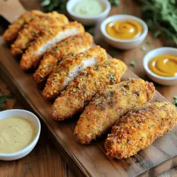 To make tasty chicken tenders, you will need a few main items: - 1 pound chicken breast, cut into strips - 1 cup buttermilk - 1 cup all-purpose flour - 1/2 cup breadcrumbs (panko for extra crunch) These basic ingredients give your chicken tenders a juicy center and a crispy outside. The chicken breast is the star here. It cooks quickly and stays tender. The right seasonings make your tenders pop. Here’s what you’ll need: - 1 teaspoon garlic powder - 1 teaspoon onion powder - 1 teaspoon dried oregano - 1 teaspoon smoked paprika - Salt and pepper to taste - 1/2 teaspoon cayenne pepper (optional for heat) Mix these spices with the flour and breadcrumbs. They add great flavor to your tenders. The cayenne pepper gives a nice kick if you like some heat. You need oil to fry your chicken tenders. I suggest using vegetable oil. Pour enough oil to cover the bottom of your frying pan, about 1/4 inch deep. Heat the oil to 350°F (175°C). This temperature helps your tenders get that golden brown color and stay crispy. For the full recipe, check out the [Full Recipe]. To begin, take your chicken breast strips and place them in a bowl. Pour in the buttermilk, making sure all the pieces are covered. This step is key. It helps the chicken stay juicy and adds flavor. Cover the bowl and put it in the fridge. Let it marinate for at least one hour. For the best taste, leave it overnight. The longer it sits, the more tender it becomes. While the chicken marinates, it’s time to prepare the coating. Grab a separate shallow dish for this. In the dish, mix the all-purpose flour, breadcrumbs, garlic powder, onion powder, dried oregano, smoked paprika, salt, and pepper. If you like some heat, add cayenne pepper. This mixture will give your chicken the perfect crunchy crust. Make sure it’s well combined. Now, let’s fry those tenders! Start by heating vegetable oil in a large skillet. Pour enough oil to cover the bottom, about a quarter inch deep. Heat it over medium-high heat until it reaches about 350°F. This is important for getting that crispy texture. Take the marinated chicken out of the fridge. Let the excess buttermilk drip off. Dredge each strip in the coating mixture, making sure every piece is coated. Shake off any extra flour. Carefully place the chicken strips into the hot oil in batches. Fry them for about 4 to 5 minutes on each side. You want them golden brown and cooked through. The inside should reach 165°F. Once done, move the chicken tenders to a paper towel-lined plate. This drains excess oil. Sprinkle a pinch of salt on top while they’re hot. Enjoy your crispy chicken tenders with your favorite dipping sauces! To get your chicken tenders crispy, follow a few key steps. First, use panko breadcrumbs for extra crunch. They make a big difference. Make sure to coat the chicken evenly. Shake off excess coating to avoid clumps. Fry in small batches to keep the oil hot. This helps them cook evenly and stay crispy. Marinating your chicken is vital for great taste. I recommend at least one hour in buttermilk. This step adds moisture and flavor. If you can, let it marinate overnight. The longer it sits, the better the flavor. The buttermilk tenderizes the meat and adds a tangy taste. Keeping the oil at the right temperature is crucial. Use a thermometer to check if it’s about 350°F. If the oil is too cool, the tenders will absorb excess oil and become soggy. If it’s too hot, they will burn. Frying in batches helps maintain that perfect temperature. Adjust the heat as needed to keep it steady. For the full recipe, check the details above. {{image_2}} You can easily change the flavor of your chicken tenders. For a spicy kick, add cayenne pepper to the coating. Use one teaspoon for mild heat or more for extra spice. You can also mix in some chili powder or hot sauce into the buttermilk. If you prefer herbs, try adding fresh or dried herbs. Rosemary, thyme, or basil can bring a fresh taste. Blend them into the coating for a tasty twist. If you want a lighter option, try oven-baking your chicken tenders. Preheat your oven to 425°F (220°C). After coating the chicken strips, place them on a baking sheet lined with parchment paper. Spray them lightly with cooking spray for crispiness. Bake for about 20-25 minutes, flipping halfway through. You'll get a crunchy result without frying. This method is great for a quick meal with less mess. You can enjoy chicken tenders even if you need a gluten-free recipe. Substitute the all-purpose flour with a gluten-free flour blend. You can also use crushed cornflakes or almond flour for the coating. Make sure to check the labels on your breadcrumbs. Many brands offer gluten-free options. These changes keep the taste delicious while catering to dietary needs. Enjoy your tenders without worry! For more details, check the Full Recipe. To keep leftover chicken tenders fresh, place them in an airtight container. Make sure they cool down to room temperature before sealing. If you leave them out too long, they can spoil. Store the container in the fridge. They should stay good for 3 to 4 days. If you want to keep chicken tenders longer, freezing is a great option. Wrap each tender in plastic wrap or aluminum foil. Then, place them in a freezer bag. This helps prevent freezer burn. When you want to eat them, let them thaw in the fridge overnight. Reheat in the oven for about 10 to 15 minutes at 375°F (190°C). This keeps them crispy. Use these tips to keep your chicken tenders fresh: - Store them in a single layer if possible. - Avoid stacking them, as this can make them soggy. - Use parchment paper between layers if necessary. - Keep the tenders away from strong-smelling foods. This helps maintain their flavor. For more details, check the Full Recipe. Enjoy your crispy chicken tenders! You can skip buttermilk by using milk or yogurt. Mix one cup of milk with a tablespoon of vinegar. Let it sit for five minutes. This mix works well for marinating chicken. It adds flavor and tenderizes the meat. Yes, chicken thighs work great for tender strips. They have more flavor and stay juicy. Cut the thighs into strips, just like the breasts. You can follow the same steps for marination and coating. Many sauces go well with chicken tenders. Some favorites include: - Honey mustard - Ranch dressing - Barbecue sauce - Buffalo sauce - Sweet and sour sauce These sauces add fun flavors and keep meals exciting. Homemade chicken tenders last about three to four days in the fridge. Store them in an airtight container. To keep them fresh, let them cool before sealing. To reheat chicken tenders, use the oven or air fryer. Preheat the oven to 375°F (190°C). Place tenders on a baking sheet. Heat for about 10-15 minutes until hot and crispy. The air fryer also works well for reheating. Enjoy your crispy chicken tenders again! For the full recipe, check out the crispy herb-infused chicken tenders. In this post, we explored how to make chicken tenders. First, we covered the ingredients, like the main components and spices needed. Next, I shared step-by-step instructions for marinating and frying. Then, I offered tips for crispy results and ideas for flavor variations. We also discussed how to store leftovers properly. Remember, you can easily adapt this recipe to suit your tastes. Enjoy making and sharing your homemade chicken tenders with family and friends!