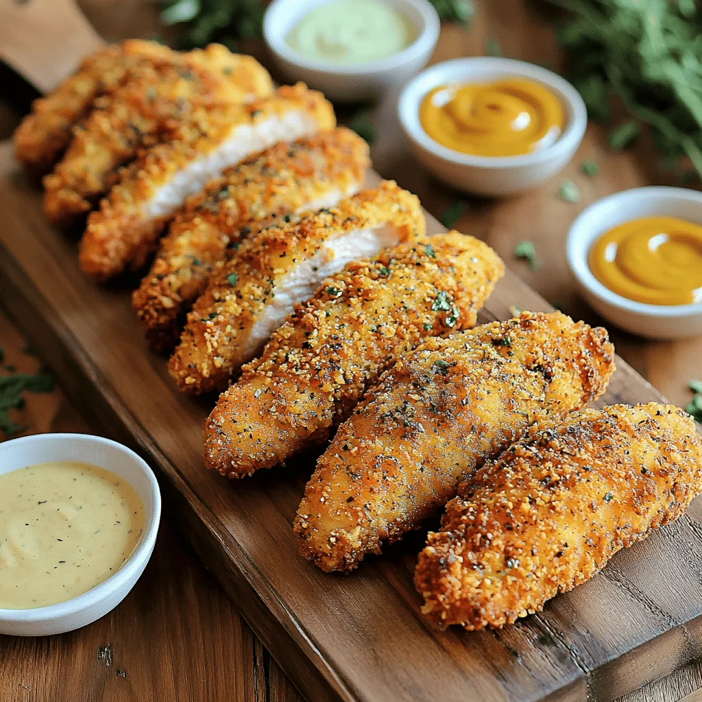 To make tasty chicken tenders, you will need a few main items: - 1 pound chicken breast, cut into strips - 1 cup buttermilk - 1 cup all-purpose flour - 1/2 cup breadcrumbs (panko for extra crunch) These basic ingredients give your chicken tenders a juicy center and a crispy outside. The chicken breast is the star here. It cooks quickly and stays tender. The right seasonings make your tenders pop. Here’s what you’ll need: - 1 teaspoon garlic powder - 1 teaspoon onion powder - 1 teaspoon dried oregano - 1 teaspoon smoked paprika - Salt and pepper to taste - 1/2 teaspoon cayenne pepper (optional for heat) Mix these spices with the flour and breadcrumbs. They add great flavor to your tenders. The cayenne pepper gives a nice kick if you like some heat. You need oil to fry your chicken tenders. I suggest using vegetable oil. Pour enough oil to cover the bottom of your frying pan, about 1/4 inch deep. Heat the oil to 350°F (175°C). This temperature helps your tenders get that golden brown color and stay crispy. For the full recipe, check out the [Full Recipe]. To begin, take your chicken breast strips and place them in a bowl. Pour in the buttermilk, making sure all the pieces are covered. This step is key. It helps the chicken stay juicy and adds flavor. Cover the bowl and put it in the fridge. Let it marinate for at least one hour. For the best taste, leave it overnight. The longer it sits, the more tender it becomes. While the chicken marinates, it’s time to prepare the coating. Grab a separate shallow dish for this. In the dish, mix the all-purpose flour, breadcrumbs, garlic powder, onion powder, dried oregano, smoked paprika, salt, and pepper. If you like some heat, add cayenne pepper. This mixture will give your chicken the perfect crunchy crust. Make sure it’s well combined. Now, let’s fry those tenders! Start by heating vegetable oil in a large skillet. Pour enough oil to cover the bottom, about a quarter inch deep. Heat it over medium-high heat until it reaches about 350°F. This is important for getting that crispy texture. Take the marinated chicken out of the fridge. Let the excess buttermilk drip off. Dredge each strip in the coating mixture, making sure every piece is coated. Shake off any extra flour. Carefully place the chicken strips into the hot oil in batches. Fry them for about 4 to 5 minutes on each side. You want them golden brown and cooked through. The inside should reach 165°F. Once done, move the chicken tenders to a paper towel-lined plate. This drains excess oil. Sprinkle a pinch of salt on top while they’re hot. Enjoy your crispy chicken tenders with your favorite dipping sauces! To get your chicken tenders crispy, follow a few key steps. First, use panko breadcrumbs for extra crunch. They make a big difference. Make sure to coat the chicken evenly. Shake off excess coating to avoid clumps. Fry in small batches to keep the oil hot. This helps them cook evenly and stay crispy. Marinating your chicken is vital for great taste. I recommend at least one hour in buttermilk. This step adds moisture and flavor. If you can, let it marinate overnight. The longer it sits, the better the flavor. The buttermilk tenderizes the meat and adds a tangy taste. Keeping the oil at the right temperature is crucial. Use a thermometer to check if it’s about 350°F. If the oil is too cool, the tenders will absorb excess oil and become soggy. If it’s too hot, they will burn. Frying in batches helps maintain that perfect temperature. Adjust the heat as needed to keep it steady. For the full recipe, check the details above. {{image_2}} You can easily change the flavor of your chicken tenders. For a spicy kick, add cayenne pepper to the coating. Use one teaspoon for mild heat or more for extra spice. You can also mix in some chili powder or hot sauce into the buttermilk. If you prefer herbs, try adding fresh or dried herbs. Rosemary, thyme, or basil can bring a fresh taste. Blend them into the coating for a tasty twist. If you want a lighter option, try oven-baking your chicken tenders. Preheat your oven to 425°F (220°C). After coating the chicken strips, place them on a baking sheet lined with parchment paper. Spray them lightly with cooking spray for crispiness. Bake for about 20-25 minutes, flipping halfway through. You'll get a crunchy result without frying. This method is great for a quick meal with less mess. You can enjoy chicken tenders even if you need a gluten-free recipe. Substitute the all-purpose flour with a gluten-free flour blend. You can also use crushed cornflakes or almond flour for the coating. Make sure to check the labels on your breadcrumbs. Many brands offer gluten-free options. These changes keep the taste delicious while catering to dietary needs. Enjoy your tenders without worry! For more details, check the Full Recipe. To keep leftover chicken tenders fresh, place them in an airtight container. Make sure they cool down to room temperature before sealing. If you leave them out too long, they can spoil. Store the container in the fridge. They should stay good for 3 to 4 days. If you want to keep chicken tenders longer, freezing is a great option. Wrap each tender in plastic wrap or aluminum foil. Then, place them in a freezer bag. This helps prevent freezer burn. When you want to eat them, let them thaw in the fridge overnight. Reheat in the oven for about 10 to 15 minutes at 375°F (190°C). This keeps them crispy. Use these tips to keep your chicken tenders fresh: - Store them in a single layer if possible. - Avoid stacking them, as this can make them soggy. - Use parchment paper between layers if necessary. - Keep the tenders away from strong-smelling foods. This helps maintain their flavor. For more details, check the Full Recipe. Enjoy your crispy chicken tenders! You can skip buttermilk by using milk or yogurt. Mix one cup of milk with a tablespoon of vinegar. Let it sit for five minutes. This mix works well for marinating chicken. It adds flavor and tenderizes the meat. Yes, chicken thighs work great for tender strips. They have more flavor and stay juicy. Cut the thighs into strips, just like the breasts. You can follow the same steps for marination and coating. Many sauces go well with chicken tenders. Some favorites include: - Honey mustard - Ranch dressing - Barbecue sauce - Buffalo sauce - Sweet and sour sauce These sauces add fun flavors and keep meals exciting. Homemade chicken tenders last about three to four days in the fridge. Store them in an airtight container. To keep them fresh, let them cool before sealing. To reheat chicken tenders, use the oven or air fryer. Preheat the oven to 375°F (190°C). Place tenders on a baking sheet. Heat for about 10-15 minutes until hot and crispy. The air fryer also works well for reheating. Enjoy your crispy chicken tenders again! For the full recipe, check out the crispy herb-infused chicken tenders. In this post, we explored how to make chicken tenders. First, we covered the ingredients, like the main components and spices needed. Next, I shared step-by-step instructions for marinating and frying. Then, I offered tips for crispy results and ideas for flavor variations. We also discussed how to store leftovers properly. Remember, you can easily adapt this recipe to suit your tastes. Enjoy making and sharing your homemade chicken tenders with family and friends!