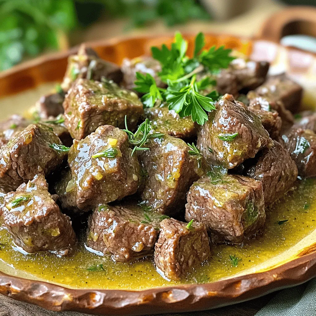To make these tasty bites, gather these ingredients: - 1.5 lbs beef sirloin, cut into bite-sized cubes - 1/2 cup unsalted butter - 5 cloves garlic, minced - 1 tablespoon fresh rosemary, chopped - 1 tablespoon fresh thyme, chopped - 1 teaspoon black pepper - 1 teaspoon salt - 1 tablespoon Worcestershire sauce - 1 tablespoon soy sauce - 1/2 cup beef broth - Fresh parsley, chopped (for garnish) You can swap the beef sirloin for other cuts. Chuck roast works well. It has great flavor and tenderness when cooked low and slow. If you want a leaner option, use tenderloin. Just remember, it cooks faster. You can also replace unsalted butter with olive oil for a healthier fat choice. When you choose beef, look for bright red color and firm texture. Avoid meat with brown spots or a dull appearance. Fat marbling is key, too. It adds flavor and keeps the meat juicy. Ask your butcher for grass-fed beef for a richer taste and better quality. Always check the sell-by date for freshness. To start, gather all your ingredients. You need: - 1.5 lbs beef sirloin, cut into bite-sized cubes - 1/2 cup unsalted butter - 5 cloves garlic, minced - 1 tablespoon fresh rosemary, chopped - 1 tablespoon fresh thyme, chopped - 1 teaspoon black pepper - 1 teaspoon salt - 1 tablespoon Worcestershire sauce - 1 tablespoon soy sauce - 1/2 cup beef broth - Fresh parsley, chopped (for garnish) Next, cut the beef into small pieces. This helps the meat cook evenly. Mince the garlic and chop the herbs. Fresh ingredients boost the flavor. In a large skillet, melt the butter over medium heat. Once melted, add the minced garlic. Stir for 1-2 minutes until fragrant. You want it to smell great but not brown. Now, move to the slow cooker. Combine the beef cubes, garlic butter, rosemary, thyme, black pepper, salt, Worcestershire sauce, soy sauce, and beef broth. Stir gently to coat the beef well. Cover the slow cooker. Cook on low for 6-8 hours or high for 3-4 hours. The beef should be tender when done. When it’s ready, give it a gentle stir. This mixes the butter sauce with the beef bites. For serving, place the beef on a platter. Drizzle the garlicky butter sauce over it. Sprinkle with chopped parsley for a fresh look. Try pairing it with crusty bread or creamy mashed potatoes. These sides soak up the delicious sauce. This recipe will impress your friends and family. Don't forget to check out the Full Recipe for more details! To make your Slow Cooker Garlic Butter Beef Bites even better, add herbs. Fresh rosemary and thyme work great here. They add a nice touch of earthiness. You can also try dried herbs like oregano or basil if fresh ones aren’t available. Adding a pinch of red pepper flakes gives a little heat. Don’t be afraid to experiment with spices. Try cumin for a warm flavor or smoked paprika for a smoky twist. Slow cooking beef requires a few simple steps. First, always use good quality meat. Beef sirloin is a great choice because it gets tender with long cooking. Cut the beef into even cubes so they cook evenly. Sear the beef in a skillet before adding it to the slow cooker. This step brings out extra flavor. Lastly, don’t rush the cooking time. For tender bites, stick to low heat for 6-8 hours or high heat for 3-4 hours. One common mistake is adding too much liquid. The beef releases juices as it cooks, so use the right amount of broth. Another mistake is opening the lid too often. Each time you lift the lid, heat escapes. This can make cooking times longer. Lastly, don’t skip on the seasoning. Salt and pepper are key to bringing out the beef’s flavor. For more tips, check the Full Recipe for guidance on perfecting your dish. {{image_2}} You can use many cuts of beef for this dish. The most popular choice is beef sirloin, but other cuts work great too. Try using chuck roast for a richer flavor. It becomes very tender when slow-cooked. Flank steak is another option. It is lean and cooks well in the slow cooker. Always look for well-marbled meat. This means you will get more flavor and juiciness in your bites. You can easily make this recipe vegetarian or vegan. Instead of beef, use mushrooms. Portobello or shiitake mushrooms are great choices. They have a meaty texture and absorb flavors well. For a vegan version, swap the butter for olive oil or vegan butter. Use vegetable broth instead of beef broth. This keeps the dish full of flavor while making it suitable for everyone. Adding vegetables can enhance your dish. Try carrots or bell peppers, cut into bite-sized pieces. They add color and nutrition. You can also include potatoes for a heartier meal. For sauces, consider adding barbecue sauce or a splash of balsamic vinegar. These can give a sweet and tangy twist. Feel free to get creative! Mixing in different herbs, like basil or oregano, can change the flavor profile. The full recipe will guide you through the basics, but don’t hesitate to experiment. To keep your Slow Cooker Garlic Butter Beef Bites fresh, store them in airtight containers. Allow the beef to cool down before sealing. This helps prevent extra moisture from making the meat soggy. You can keep leftovers in the fridge for up to three days. Make sure to label your containers with the date. When you’re ready to enjoy your leftovers, reheating is key. Use the microwave for quick meals, but I recommend the stove for the best taste. Heat a skillet over low heat and add a splash of beef broth. This keeps the beef moist and flavorful. Stir gently until warmed through. You can also cover the skillet to trap steam and heat evenly. Freezing is a great option for meal prep. After cooking, let the beef bites cool completely. Place them in freezer bags or containers, removing as much air as possible. Label with the date. You can freeze them for up to three months. To reheat, thaw overnight in the fridge. Then follow the reheating tips to bring back that delicious flavor. For the full recipe, check out the main article. You can keep Slow Cooker Garlic Butter Beef Bites in the fridge for about 3-4 days. Make sure to store them in an airtight container. This keeps the beef fresh and tasty. If you want to enjoy them later, consider freezing some. Just follow the freezing instructions after cooking. Yes, you can cook this dish on the stovetop. To do this, start by melting the butter in a large pot over medium heat. Add the minced garlic and sauté it for about 1-2 minutes. Next, add the beef cubes and brown them on all sides. Then, add the rosemary, thyme, black pepper, salt, Worcestershire sauce, soy sauce, and beef broth. Bring it to a boil, then reduce the heat to low. Cover and simmer for 1-2 hours until the beef is tender. Several sides pair well with Slow Cooker Garlic Butter Beef Bites. Here are some great options: - Mashed potatoes - Crusty bread - Steamed vegetables - Rice - A fresh salad These sides balance the richness of the beef bites and add freshness to your meal. For a full meal, combine a couple of these sides. Enjoy the mix of flavors! For the complete recipe, check the Full Recipe. In this post, we explored how to make Slow Cooker Garlic Butter Beef Bites. We discussed key ingredients, tips for picking quality beef, and step-by-step cooking instructions. I shared ways to enhance the flavor and avoid common mistakes. You can also discover variations like vegetarian options. Lastly, I covered how to store leftovers and reheat them. Cooking can be fun and easy with the right steps. Enjoy making this dish!