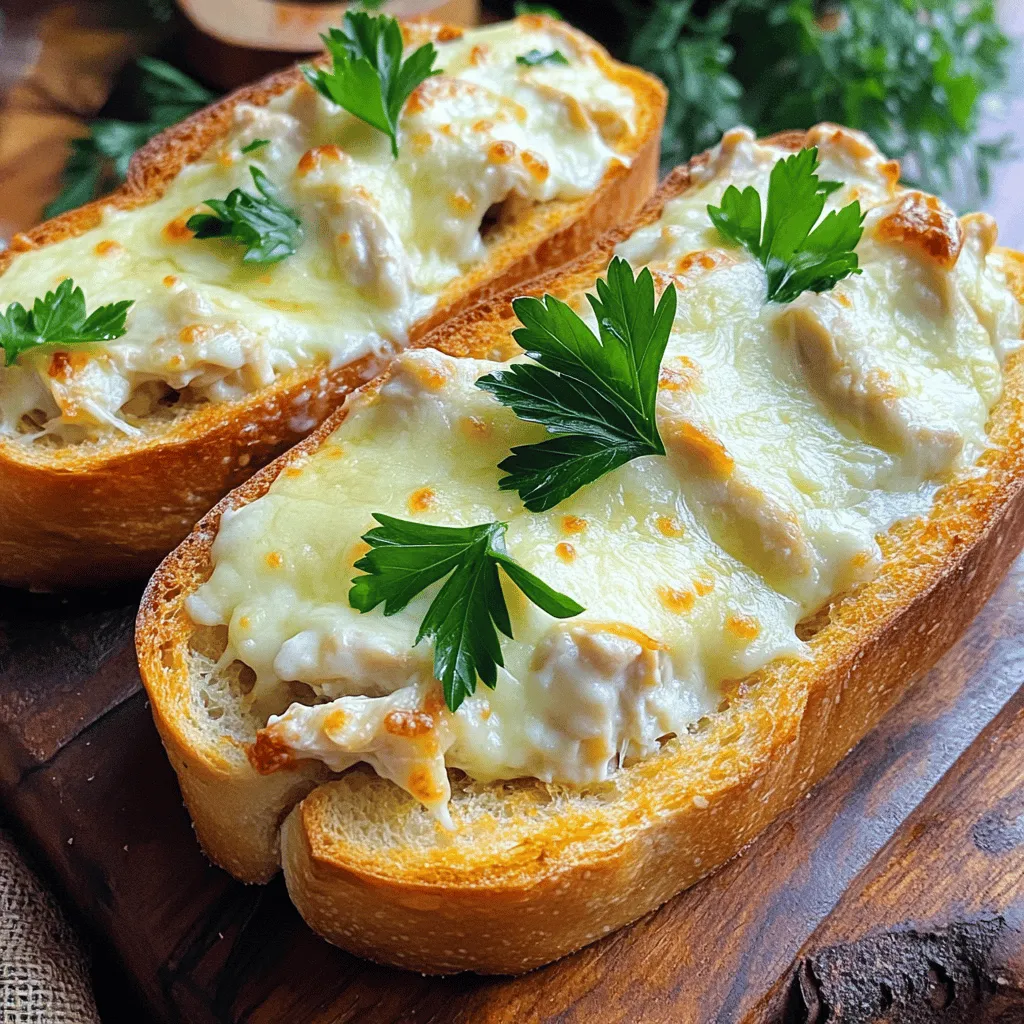 - 1 large loaf of Italian bread - 2 cups cooked chicken breast, shredded - 1 cup Alfredo sauce (store-bought or homemade) - 1 cup mozzarella cheese, shredded - 1/2 cup Parmesan cheese, grated - 4 cloves garlic, minced - 1/2 cup unsalted butter, softened - 1 tablespoon fresh parsley, chopped (for garnish) - Salt and pepper to taste When making Chicken Alfredo Stuffed Garlic Bread, the right ingredients are key. Start with a large loaf of Italian bread. This bread gives a nice crust and a soft inside. Next, you need cooked chicken breast. Shred it for easy mixing. You can use store-bought Alfredo sauce for speed or make your own for more flavor. Cheeses play a big role in this dish. I use mozzarella cheese for its meltiness and Parmesan cheese for a sharp bite. Both add creamy goodness to every bite. Garlic and butter create a rich base. Mix them well for the best flavor. Season with salt and pepper to enhance all the tastes. Finally, don’t forget fresh parsley. It adds a pop of color and freshness to the dish. Gather these ingredients, and you’re ready to create something delicious. For the full recipe, check the details above. 1. Preheating the oven Start by preheating your oven to 375°F (190°C). This step is key for even cooking and melting the cheese perfectly. 2. Mixing the chicken and sauce In a mixing bowl, combine 2 cups of shredded chicken with 1 cup of Alfredo sauce. You can use store-bought or homemade sauce, whichever you prefer. Add 1 cup of shredded mozzarella and 1/2 cup of grated Parmesan cheese. Don’t forget to season with salt and pepper. Mix everything well until it’s smooth and creamy. 3. Preparing the garlic butter In a small bowl, mix 1/2 cup of softened unsalted butter with 4 minced garlic cloves. Blend them until well combined. This garlic butter will add great flavor to your bread. 1. Slicing the bread Take your large loaf of Italian bread and slice it in half lengthwise. You now have two long pieces of bread ready to fill. 2. Spreading the garlic butter Spread the garlic butter mixture generously on the cut sides of both bread halves. Make sure to cover every nook and cranny for maximum flavor. 3. Distributing the filling Place the bread halves on a baking sheet, cut side up. Evenly distribute the chicken and Alfredo mixture on the garlic buttered sides. Use a spatula to smooth it out if needed. 1. Baking time and temperature Place the baking sheet in your preheated oven. Bake for 15-20 minutes. You want the cheese to melt and bubble, while the edges of the bread turn golden brown. 2. Checking for doneness Keep an eye on your bread as it bakes. Once the cheese is melted and the edges are golden, it’s time to take it out. Let it cool for a minute before slicing it into individual pieces. Enjoy your Chicken Alfredo Stuffed Garlic Bread as a tasty meal or snack! For the full recipe, check out the recipe section. To get the best cheese melt, choose the right cheese blend. I suggest using mozzarella for that gooey stretch and Parmesan for a sharp kick. Mixing these two creates a creamy, tasty filling. To prevent sogginess, do not overfill the bread. Make sure the bread is sturdy enough to hold the filling. Also, bake it long enough to crisp the edges. This way, you enjoy a crunchy bite with every taste. Adding spices or herbs can brighten up your dish. A sprinkle of garlic powder or Italian seasoning works wonders. You can also toss in some fresh basil or oregano for added zest. For the chicken, marinating it in lemon juice or garlic gives it a deeper flavor. You can even grill the chicken for a smoky touch. Customizing the chicken preparation adds a personal flair to your dish. Pair your Chicken Alfredo Stuffed Garlic Bread with a fresh salad. A simple mixed green salad with vinaigrette is perfect. You can also serve it with some crispy roasted veggies for a colorful plate. For gatherings, slice the bread into smaller pieces. Arrange it on a large platter. Drizzle with extra Alfredo sauce for a tasty touch. Consider garnishing with chopped parsley for a pop of color. Serving it this way makes your dish look as great as it tastes. {{image_2}} You can change the filling to suit your taste. For a vegetarian option, try using spinach, mushrooms, and ricotta cheese. You can add roasted red peppers for more flavor. If you want a different sauce, consider using pesto or a creamy white sauce. These choices can make your dish unique and tasty. You can use many types of bread for this recipe. Ciabatta adds a nice crusty texture. French bread is also great for a classic flavor. If you need gluten-free options, look for gluten-free baguettes or rolls. These can work well and still hold the filling. For a kick of spice, add jalapeños to your chicken mix. These will give a nice heat. You can also mix in vegetables like bell peppers, onions, or zucchini. This adds color and nutrition to your meal. Feel free to get creative! To keep your Chicken Alfredo stuffed garlic bread fresh, wrap it well. Use plastic wrap or aluminum foil. Store it in the fridge. This helps prevent drying out. If you want to save it for later, freezing is great too. Slice it first for easy portions. Place the slices in freezer-safe bags. Remove as much air as possible. This will keep them fresh for up to three months. When it's time to enjoy your leftovers, you have options. The oven is best for reheating. Preheat it to 350°F (175°C). Place the bread on a baking sheet. Cover it with foil to keep it moist. Bake for about 10-15 minutes. If you're short on time, the microwave works too. Just place a slice on a microwave-safe plate. Heat it for 30 seconds to 1 minute. It won’t be as crispy, but it will still taste good. In the fridge, your Chicken Alfredo stuffed garlic bread can last for 3-4 days. Make sure to check it for any signs of spoilage. If it smells off or looks strange, don’t eat it. Always trust your senses when it comes to food safety. Enjoy your meal, and remember, good storage keeps your dish delicious! Chicken Alfredo stuffed garlic bread is a tasty dish that combines two favorites: garlic bread and chicken Alfredo. You get soft, warm bread filled with creamy chicken and cheese. The garlic butter gives it an extra burst of flavor. This dish is perfect for a cozy dinner or a fun party. Everyone loves the gooey cheese and savory chicken inside. Yes, you can prepare this dish ahead of time. Make the filling and fill the bread, then wrap it tightly in plastic wrap. Store it in the fridge for up to 24 hours. When you're ready to bake, just remove the wrap and pop it in the oven. It’s a great way to save time on busy nights. You can easily make this recipe your own! Here are some ideas: - Add cooked veggies like spinach or mushrooms for more flavor. - Use different cheeses, like cheddar or gouda, for a twist. - Swap the chicken for cooked shrimp or a meat alternative. - Try different sauces, like pesto or marinara, for a new taste. Pair this dish with simple sides for a complete meal. Here are some great options: - A fresh green salad with a light vinaigrette. - Steamed or roasted vegetables for some crunch. - Garlic knots or cheesy breadsticks for extra fun. - A nice glass of white wine or sparkling water to drink. For the complete recipe, check out the Full Recipe. This blog post covered the delicious Chicken Alfredo Stuffed Garlic Bread. You learned about the key ingredients, preparation steps, and baking tips. We also explored variations for different tastes and provided storage advice. Overall, this dish is easy to make and fun to customize. You can impress your family or friends with your cooking skills. Enjoy this tasty treat, and remember to share your creations!