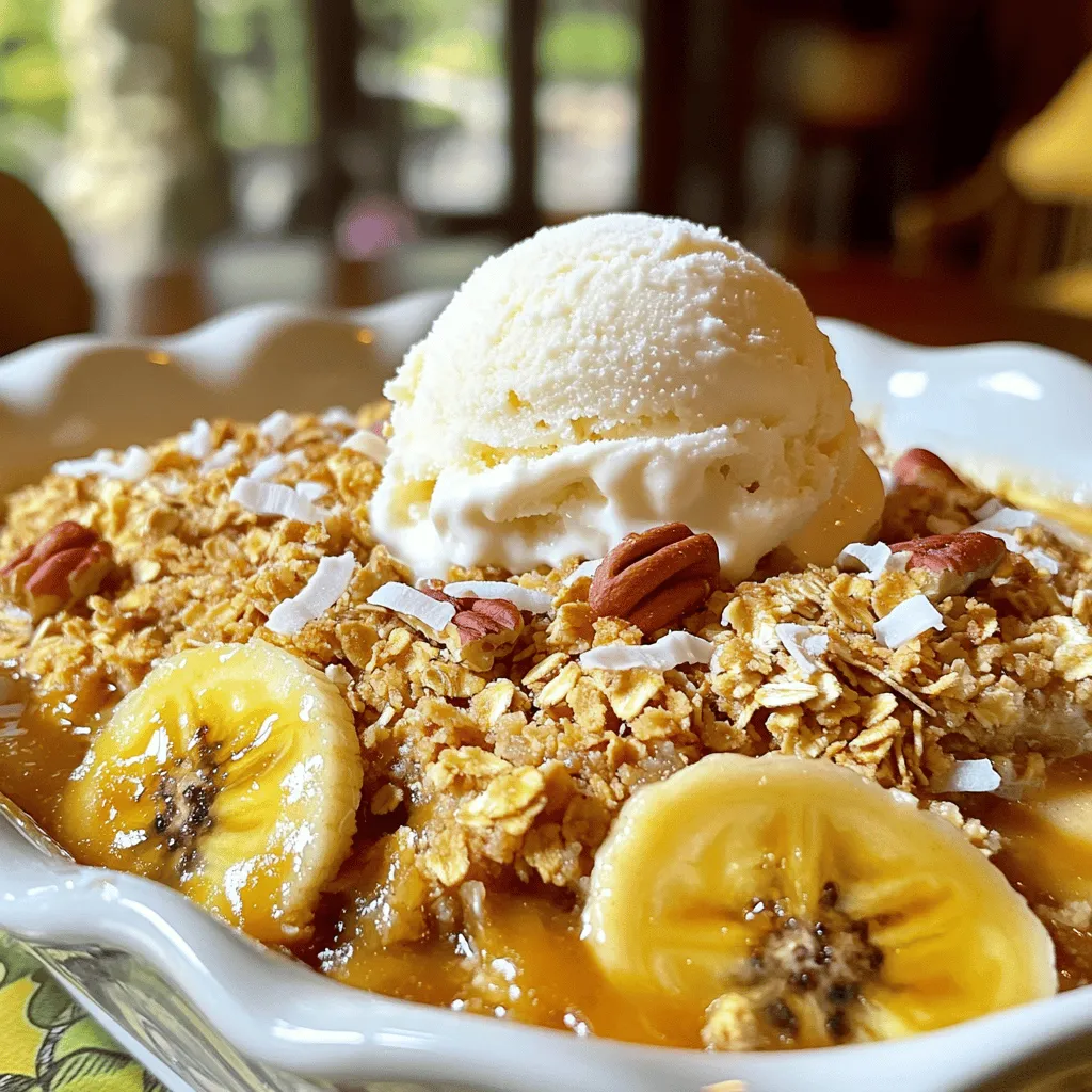 - 4 ripe bananas, sliced - 1 cup rolled oats - 1/2 cup brown sugar - 1/4 cup all-purpose flour The main ingredients for Bananas Foster Crisp bring the best flavors together. Bananas add sweetness and a soft texture. Rolled oats give a hearty crunch. Brown sugar provides rich caramel notes, while flour helps bind everything. - 1/2 teaspoon cinnamon - 1/4 teaspoon nutmeg Cinnamon and nutmeg add warmth and depth. They enhance the banana flavor and create a cozy aroma. Using these spices transforms this dessert into a comforting treat. - 1/2 cup unsalted butter, melted - 1/2 cup chopped pecans or walnuts - 1/2 cup shredded coconut (optional) - Vanilla ice cream for serving Melted butter creates a golden, crispy topping. Chopped nuts add crunch and flavor. Shredded coconut gives a tropical twist, but it's optional. Serve warm with a scoop of vanilla ice cream for the best experience. This dessert is a true crowd-pleaser! For the full recipe, check the details above. - Preheat your oven to 350°F (175°C) and grease a 9x9-inch baking dish. - In a medium bowl, mix the sliced bananas with half of the brown sugar and a sprinkle of cinnamon. Gently toss the bananas. Set them aside. This lets the bananas get nice and soft. - In another large bowl, combine the rolled oats, the rest of the brown sugar, flour, cinnamon, nutmeg, and melted butter. Mix until everything is well-combined and crumbly. The topping should feel like wet sand. - Spread the banana mixture evenly on the bottom of the prepared baking dish. - Next, top the bananas with the oat mixture. Spread it out evenly across the top. - Bake in the preheated oven for 25-30 minutes. Look for a golden brown color on top. It should smell amazing! For the complete recipe, check out the Full Recipe. Enjoy your cooking! To get the best flavor from your Bananas Foster Crisp, pick ripe bananas. Look for bananas with brown spots. They will be sweet and soft, perfect for this dish. If you want a different sweetness, try maple syrup or honey instead of brown sugar. Both will bring a nice flavor twist. This dessert shines with a scoop of vanilla ice cream. The cold ice cream balances the warm crisp. Whipped cream also works great. You can add a sprinkle of cinnamon on top for extra flavor. Serve it in a bowl for a cozy treat or on a plate for a fancy look. One mistake is overbaking the dish. If you bake too long, the topping may burn instead of crisp. Keep an eye on it as it bakes. Another mistake is layering the bananas wrong. Always spread the bananas first, then top with the oat mix evenly. This helps the flavors mix well. {{image_2}} If you want a nut-free Bananas Foster Crisp, it’s easy! You can simply leave out the nuts. Your dessert will still taste great without them. If you want some crunch, try adding seeds. Sunflower seeds or pumpkin seeds work well as substitutes. They add a nice texture without the nuts. Bananas are delicious, but you can mix in other fruits too. Consider adding apples, berries, or peaches. These fruits bring new flavors and colors to your dish. They also make it more fun! Chop them up and layer them with the bananas. This makes your dessert even richer and more enjoyable. Want to jazz up your Bananas Foster Crisp? Think about chocolate or caramel. Drizzle some melted chocolate over the top before baking. You can also add caramel sauce to the banana mixture. These flavors make your crisp taste even better. Try to use a good quality chocolate or homemade caramel for the best taste. For the full recipe, check out the section above! After making Bananas Foster Crisp, let it cool fully. Then, cover it tightly with plastic wrap or foil. You can also place it in an airtight container. This helps keep it fresh. Store it in the fridge if you plan to eat it within a few days. If you want to save it for longer, freeze it. Just cut it into portions, wrap each piece well, and place them in a freezer bag. This way, it stays tasty for up to three months. To reheat, take out what you want to eat. Place it in a baking dish. Preheat your oven to 350°F (175°C). Cover the dish with foil to keep it moist. Heat for about 15-20 minutes. If you like it crispy, remove the foil during the last 5 minutes. You can also reheat in the microwave. Just warm it for about 30-45 seconds. Keep an eye on it so it doesn’t get too hot. Bananas Foster Crisp lasts up to four days in the fridge. If you freeze it, it can last for three months. However, the texture may change slightly after freezing. When you thaw it, it may not be as crunchy. Always check for any off smells or signs of spoilage before eating. Enjoy your delicious dessert! Yes, you can make Bananas Foster Crisp ahead of time. Prepare the dish up to the baking step. Cover it tightly with foil or plastic wrap and store it in the fridge. When you're ready to bake, just pop it in the oven. Add a few extra minutes to the baking time if it is cold from the fridge. You can use frozen bananas in this recipe. However, they may be mushier than fresh bananas. This can affect the texture of your crisp. To use frozen bananas, thaw them first. Drain any excess liquid before mixing them with sugar and cinnamon. You can substitute brown sugar with coconut sugar or maple syrup. Both provide a similar sweetness but will change the flavor slightly. Coconut sugar adds a caramel note, while maple syrup is more floral. Use the same amount, but for liquid sweeteners, reduce the other liquids slightly. Yes, you can make this recipe vegan-friendly. Simply swap the unsalted butter for coconut oil or vegan butter. Also, use a plant-based ice cream for serving. The rest of the ingredients are already vegan, so it’s easy to adapt. Serve the Bananas Foster Crisp warm. A scoop of vanilla ice cream on top adds a nice creamy balance. You can also drizzle with caramel sauce for extra sweetness. Fresh mint leaves can add a pop of color and flavor. Enjoy this delightful dessert with family and friends! This article covers everything you need to make a delicious Bananas Foster Crisp. From the main ingredients and spices to step-by-step instructions, you have all the tools to succeed. Remember to layer the bananas and crisp topping correctly for the best outcome. You can also experiment with nut-free options or add other fruits for variety. With a few tips, you’ll avoid common mistakes and serve the dish with confidence. Enjoy your warm dessert with a scoop of ice cream, and savor every bite of your creation!