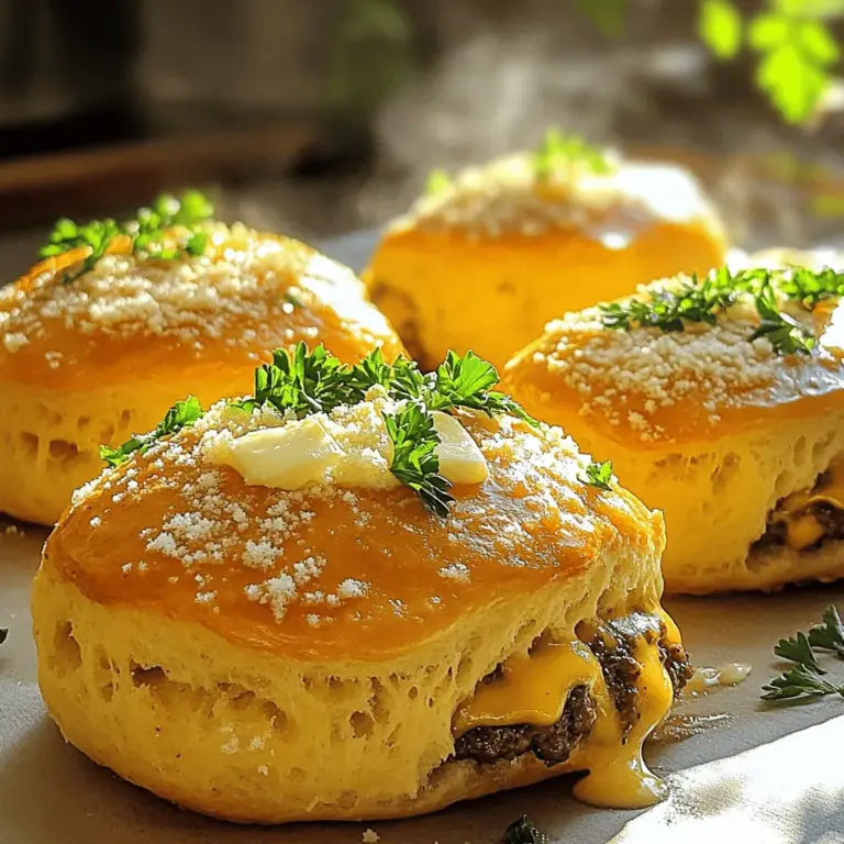 To make these tasty Garlic Parmesan Cheeseburger Bombs, you need a few key ingredients. Here’s what you will need: - 1 lb ground beef - 1 cup shredded cheddar cheese - 1/2 cup grated Parmesan cheese - 1 teaspoon garlic powder - 1 teaspoon onion powder - 1 teaspoon black pepper - 1/2 teaspoon salt - 1 package of refrigerated biscuit dough (8 biscuits) - 1/4 cup melted butter - 1 tablespoon fresh parsley, chopped (for garnish) These ingredients come together to create a rich, cheesy filling that bursts with flavor. The ground beef serves as the hearty base, while the cheeses add creaminess. Garlic and onion powders enhance the taste, and the biscuit dough acts as a perfect shell. Want to spice things up? You can add some fun flavors. Here are a few options: - Diced jalapeños for heat - Cooked bacon bits for crunch - Sautéed mushrooms for earthiness - Chopped green onions for freshness Feel free to mix and match these add-ins. Each choice will add a unique twist to your Garlic Parmesan Cheeseburger Bombs. Using the right tools makes cooking easier. Here’s what you’ll need: - Mixing bowl for blending ingredients - Baking sheet lined with parchment paper - Spoon or cookie scoop for filling biscuits - Pastry brush for buttering tops With these tools, you can prepare and bake your bombs smoothly, ensuring they come out perfectly every time. For the full recipe, check the complete instructions and enjoy the fun of making these delicious bites! First, gather all the ingredients. You need ground beef, cheddar cheese, Parmesan cheese, garlic powder, onion powder, black pepper, salt, biscuit dough, melted butter, and parsley. Measure out everything. This makes it easy to mix and assemble. In a large bowl, combine the ground beef, cheddar, Parmesan, garlic powder, onion powder, black pepper, and salt. Use your hands or a spoon to mix well. Make sure the spices blend with the meat and cheese evenly. Now, let’s work on the biscuit dough. Open the package and separate each biscuit. Flatten one biscuit in your hand or on a clean surface. Aim for about three inches wide. Spoon 1-2 tablespoons of the beef mixture into the center. Carefully fold the edges over the filling. Pinch to seal it tight. Place the sealed bomb seam-side down on your baking sheet. Repeat this with the remaining biscuits and filling until all are done. Before baking, brush the tops with melted butter. This adds flavor and helps them brown. Sprinkle some extra Parmesan cheese and parsley on top for a nice touch. Preheat your oven to 375°F (190°C) and bake for 15-20 minutes. Keep an eye on them. You want a golden brown color. Once done, let them cool for a few minutes. Serve warm and enjoy the mix of flavors in every bite! For the full recipe, check out [Full Recipe]. To get a nice, soft texture, mix the beef and cheese well. Make sure to not overwork the dough. Flatten each biscuit just enough to hold the filling. This keeps them light and fluffy. If you press too hard, they can become dense. Baking time is key for great flavor. Bake the bombs for 15-20 minutes. Keep an eye on them as they cook. You want a golden brown color on top. This shows they are done and ready to eat. Let them cool for a few minutes before serving. This helps enhance the flavors even more. A few mistakes can ruin your bombs. First, don’t skip the seasoning. The garlic powder and onion powder are very important. Also, make sure to seal the biscuits well. If any filling leaks out, they won’t hold their shape. Lastly, don’t rush the baking time. Patience will reward you with delicious bombs. For the full recipe, check the main section. {{image_2}} You can make these Garlic Parmesan Cheeseburger Bombs vegetarian. Use plant-based ground meat instead of beef. Many brands offer great taste and texture. You can also use lentils or black beans. Just mash them up and mix with your cheese and spices. This keeps the flavor while being meat-free. Want to spice things up? Add your favorite spices to the beef mix. Try chili powder or smoked paprika for a kick. You can also mix in some hot sauce for extra heat. If you like sweetness, add a dash of barbecue sauce. These flavors create a fun twist on the classic. Cheese choice can change the whole dish. You can swap cheddar for mozzarella or gouda. Each cheese brings a unique taste. Mixing cheeses can also add more flavor. Try combining mozzarella and feta for a Mediterranean vibe. Experiment with your favorites for a personal touch. For the full recipe, check the details above. To store leftover cheeseburger bombs, let them cool first. Place them in an airtight container. You can keep them in the fridge for up to three days. If you have a lot left, consider freezing some. For the best taste, reheat the bombs in the oven. Preheat your oven to 350°F (175°C). Place the bombs on a baking sheet. Heat for about 10-15 minutes until warm. This keeps the outside crispy and the inside hot. You can also use a microwave, but it may make the bombs soft. To freeze, wrap each cheeseburger bomb in plastic wrap. Then, place them in a freezer bag. They can last up to three months in the freezer. When ready to eat, thaw in the fridge overnight. After thawing, reheat in the oven for the best taste. For easy meals, you can make a batch and freeze some for later. Check out the Full Recipe for more tips! You can prepare these bombs ahead of time. Make the filling and form the bombs. Store them in the fridge for up to 24 hours. When ready to cook, just bake them as usual. This saves time and makes for a quick meal. Yes, you can use other dough types. Puff pastry works well for a flakier texture. You could also use pizza dough for a chewier bite. Just ensure the dough can hold the filling. Each option gives a unique twist to the recipe. These bombs pair well with many sides. Try a fresh salad for a light contrast. French fries or onion rings make for a fun meal. You can also serve them with a dipping sauce, like ranch or ketchup. Garlic Parmesan Cheeseburger Bombs are tasty and fun to make. We covered the key ingredients, optional add-ins, and essential tools. I shared step-by-step instructions to help you assemble and bake these bombs perfectly. Tips on texture, timing, and common mistakes can lead to great results. You can explore flavor variations and storage tips to keep leftovers fresh. Now, you have everything needed to create these delicious bites. Enjoy making and sharing them with others!